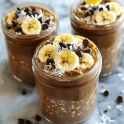 - 1 cup rolled oats - 2 cups almond milk (or any milk of choice) - 2 tablespoons unsweetened cocoa powder - 2 tablespoons natural peanut butter - 2 tablespoons maple syrup (or honey for sweetness) - 1 teaspoon vanilla extract - A pinch of salt - Optional toppings: sliced bananas, shredded coconut, chocolate chips, or chopped nuts For this recipe, I love using rolled oats. They give the best texture. Almond milk works great, but you can choose any milk you like. Cocoa powder adds that rich chocolate flavor. Natural peanut butter gives it creaminess and a nutty taste. Sweeteners like maple syrup or honey bring the perfect touch of sweetness. A dash of vanilla extract makes everything taste even better. The salt may seem small, but it really enhances the flavors. You can get creative with toppings. Sliced bananas add freshness. Shredded coconut gives a tropical twist. Chocolate chips bring extra sweetness, and chopped nuts add crunch. Enjoy making this simple dish your own! First, take a large mixing bowl. Add 1 cup of rolled oats, 2 tablespoons of cocoa powder, and a pinch of salt. Mix well. This step makes sure the cocoa mixes evenly. You want every bite to be rich and chocolatey. Next, grab another bowl. Whisk together 2 cups of almond milk, 2 tablespoons of natural peanut butter, 2 tablespoons of maple syrup, and 1 teaspoon of vanilla extract. Make sure it is smooth. This mix gives your oats a creamy, sweet flavor. Now, pour the wet mix into the dry mix. Stir gently until everything blends well. It should look thick and chocolatey. Next, divide the mixture into two jars or airtight containers. Seal them tight to keep the flavors in. This part is key! Place the jars in the fridge overnight. This allows the oats to soak up all the yummy flavors. If you can't wait, give them at least 4 hours. The longer they sit, the creamier they become. Enjoy the anticipation! You can change the taste by using different nut butters. Almond butter or cashew butter works great too. Try other sweeteners like agave syrup or brown sugar. For a warm touch, add a sprinkle of cinnamon or a dash of nutmeg. These spices can really boost the flavor. To make your oats creamier, choose full-fat milk or add some yogurt. You can also mix in mashed bananas or applesauce. If you prefer a thinner consistency, add more milk. Start with a little, then add more until it feels just right. Top your oats with fresh fruit like berries or sliced apples. A sprinkle of shredded coconut adds a nice crunch. Chocolate chips are a fun treat, while chopped nuts give extra protein. You can also drizzle some honey or maple syrup on top for extra sweetness. {{image_2}} To add bananas, slice them and mix them in. You can also mash one banana and mix it into the oats for a creamy texture. Bananas bring natural sweetness and a soft taste that pairs well with chocolate. For a fun twist, top your oats with extra banana slices before serving. You can use mixed nuts or different nut butters. Almonds, walnuts, or pecans work great. Just chop them up and stir them into the oat mixture. You can also swirl in almond butter or cashew butter for a unique flavor. This adds crunch and healthy fats to your meal. To make this recipe vegan, use maple syrup for sweetness. Ensure your nut butter is also vegan. For gluten-free oats, use certified gluten-free rolled oats. This way, you can enjoy tasty oats while meeting your dietary needs. Adjust the milk to suit your taste, whether it's almond, soy, or oat milk. For the best storage of your chocolate peanut butter overnight oats, use airtight containers. Glass jars work well and let you see the oats. You can also use plastic containers with secure lids. This helps keep the oats fresh and tasty. These overnight oats stay good in the fridge for about 3 to 5 days. Make sure to check for any changes in smell or texture before eating. If it looks or smells off, it’s best to toss it. You can enjoy your oats cold or warm them up. To heat, place your oats in a microwave-safe bowl. Heat in short bursts of 30 seconds, stirring in between. Add a splash of milk to get the right texture. If you like them cold, just give them a good stir and enjoy! Yes, you can use quick oats. Quick oats cook faster and absorb liquid differently. They create a softer, mushier texture. Rolled oats, on the other hand, stay chewier. If you like a thicker texture, stick with rolled oats. For a creamier result, quick oats work well. Just remember, the soaking time may change. Quick oats may need less time in the fridge. To adjust sweetness, start with the recipe's maple syrup. If you want it sweeter, add more syrup or honey. Taste as you go. You can also use sweeteners like agave or stevia. For less sweet oats, reduce the syrup. Adding ripe bananas or applesauce can boost sweetness naturally. Each option changes the flavor, so choose what you like best. If you lack almond milk, use any milk you prefer. Options include cow's milk, oat milk, or coconut milk. Each type adds its own taste. Cow's milk makes the dish creamier, while coconut milk adds a hint of sweetness. Choose a milk that fits your diet or flavor wishes. Just keep the same amount as the recipe calls for. You can eat overnight oats warm! To warm them, transfer the oats to a microwave-safe bowl. Heat them in short bursts, about 30 seconds at a time. Stir in between to ensure even heating. If they seem too thick, add a splash of milk to loosen them. This gives you a cozy breakfast on chilly mornings. Enjoy your warm oats! This blog post showed you how to make tasty overnight oats. We explored the right ingredients and detailed each step. You learned helpful tips for flavor and texture. We also discussed variations for different diets and best storage practices. In my experience, overnight oats are quick, fun, and healthy. With these recipes, you can enjoy a tasty breakfast. Experiment with your favorite flavors and toppings to keep things exciting. You’ll love how easy it is to prepare these ahead of time!