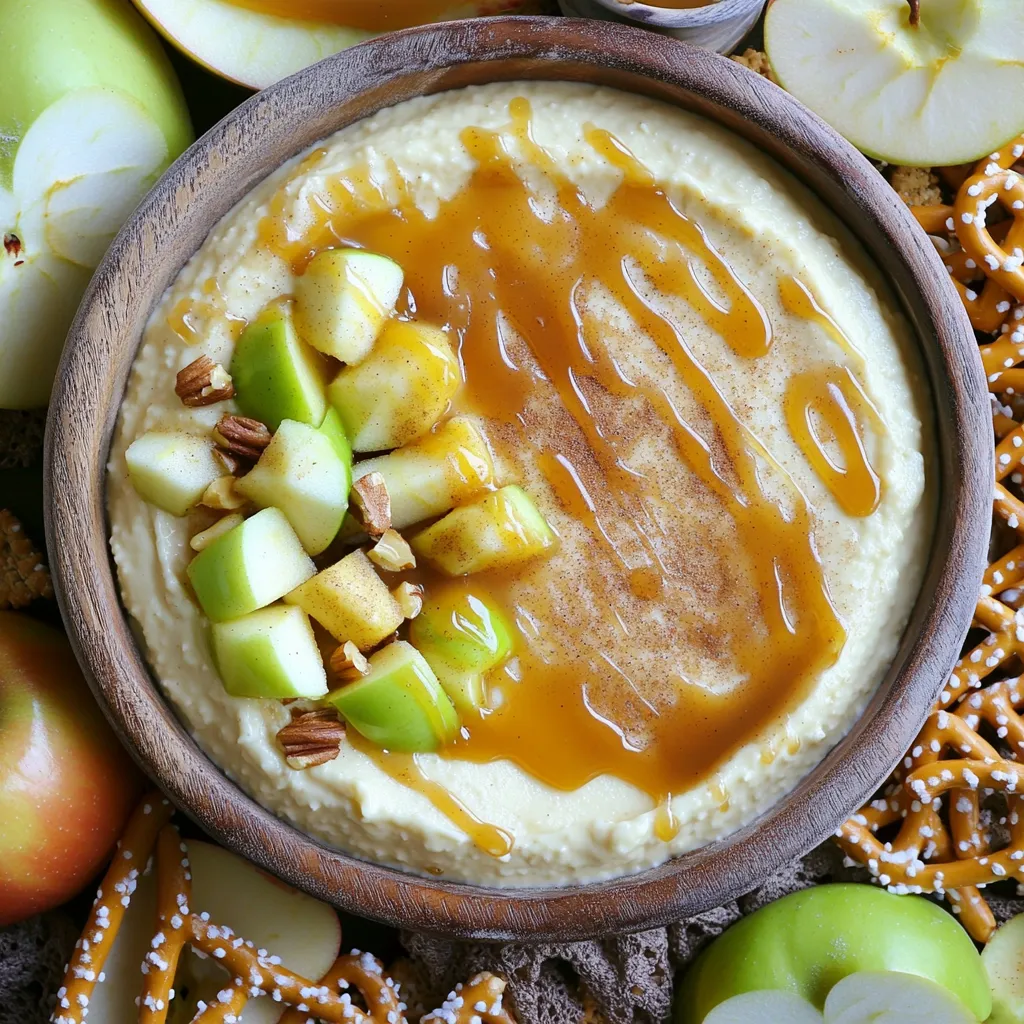 To make Salted Caramel Apple Cheesecake Dip, you'll need a few simple ingredients. Here’s the list with measurements: - 8 oz cream cheese, softened - 1 cup powdered sugar - 1 tsp vanilla extract - 1/2 cup sour cream - 1/2 cup caramel sauce - 1/4 tsp sea salt - 1 medium apple, diced (Granny Smith or Honeycrisp) - 1/4 cup chopped nuts (optional) - Cinnamon sugar (for sprinkling) These ingredients come together to create a sweet and creamy dip. The cream cheese makes it rich. The caramel brings sweetness, while the apple adds a nice crunch. You can use different nuts if desired. I love pecans for their flavor. Don't forget the cinnamon sugar for a touch of spice! This dip is perfect for gatherings or just a fun snack. All the ingredients are easy to find. You can even mix in some extra flavors if you like. Try adding a pinch of nutmeg for warmth or a splash of lemon juice for zest. With these ingredients ready, you will be on your way to making a delightful dip that everyone will love. Get excited to create something that tastes as good as it looks! To make this tasty dip, follow these steps closely. - Beat cream cheese until smooth: Start with your cream cheese. Use a medium bowl and an electric mixer. Beat it well until it is creamy and lump-free. This step is key for a great texture. - Incorporate powdered sugar slowly: Next, add the powdered sugar. Do this slowly to avoid a sugar cloud. Mix until it blends well. The mixture should be fluffy and sweet. - Mix in vanilla and sour cream: Now, add the vanilla extract and sour cream. This adds flavor and creaminess. Blend until everything is smooth and well combined. - Fold in caramel sauce and sea salt: Take your caramel sauce and sea salt. Gently fold them into the mix. This step gives the dip its special salted caramel flavor. - Gently mix in diced apple and nuts: Dice your apple and chop your nuts if using. Gently fold these into the dip. You want even pieces throughout for a good crunch. - Transfer to a serving dish and smooth the top: Now, take a serving dish. Spoon the dip into it and smooth the top with a spatula. Make it look nice! - Drizzle reserved caramel sauce and sprinkle cinnamon sugar: Finally, drizzle some caramel sauce on top. Then, sprinkle cinnamon sugar for a sweet finish. This makes it look and taste amazing! Enjoy serving this dip with apple slices, graham crackers, or pretzel sticks. It’s a fun way to enjoy a classic flavor! To get the best cream cheese texture, start with softened cream cheese. This makes it easy to mix. If it’s too cold, your dip will be lumpy. Use an electric mixer to beat it smooth. Mix until it is creamy and fluffy. For a smooth blend with powdered sugar, add it slowly. Gradually sprinkle it in while mixing. This helps avoid clumps. You want a nice, even texture. Enhancing flavor with spices can elevate your dip. Try adding a pinch of cinnamon or nutmeg. These spices add warmth and depth. You can even add a touch of vanilla bean for extra flavor. The best dippers for this dip are apple slices, graham crackers, and pretzels. Apple slices give a fresh crunch. Graham crackers add sweetness. Pretzels offer a salty contrast. Arrange these around the dip for easy access. For presentation at gatherings, use a decorative bowl. Drizzle extra caramel on top for a beautiful finish. Sprinkle cinnamon sugar lightly for a sweet touch. This makes your dip look extra special and inviting. {{image_2}} To make your Salted Caramel Apple Cheesecake Dip even better, you can try adding nuts. Chopped almonds or walnuts add a nice crunch. They also give a rich flavor that pairs well with the cream cheese. You can also think about using different fruits. Pears or berries can change the taste. For example, ripe pears add sweetness. Berries like strawberries or blueberries bring a fresh twist. Experiment with these options to find your favorite mix. If you need gluten-free options, serve the dip with rice crackers or fresh fruits. Both choices keep the flavors while ensuring everyone can enjoy it. For a vegan version, swap the cream cheese with a plant-based alternative. Use coconut yogurt or cashew cream instead. This way, you can share the dip with friends who follow a vegan diet. To keep your salted caramel apple cheesecake dip fresh, use an airtight container. This helps to prevent air from spoiling the flavors. Make sure to store it in the fridge right after serving. The dip stays good for about three to five days. If you notice any changes in smell or texture, it’s best to toss it. You do not need to reheat this dip. It tastes best when chilled. If you prefer a softer texture, let it sit at room temperature for about 15 minutes. This helps the dip become creamier without losing its yummy flavor. Just remember, always serve it cold for the best taste! Yes, you can make this dip ahead of time. Just store it in the fridge. It stays fresh for up to three days. This makes it easy for parties. Granny Smith and Honeycrisp apples are the best choices. They add a nice tartness and crunch. Their flavors blend well with the sweet dip. To make this dip healthier, use low-fat cream cheese. You can also reduce the amount of sugar. Adding more diced apples boosts the nutrition without losing flavor. Freezing this dip is not recommended. The cream cheese may change texture when thawed. It’s best enjoyed fresh from the fridge. Absolutely! This dip is perfect for parties. Serve it with apple slices, graham crackers, or pretzel sticks. It’s a crowd-pleaser that everyone will love. This Salted Caramel Apple Cheesecake Dip is easy and fun to make. We covered the key ingredients, detailed steps, and tips to get it just right. You can customize it based on your taste with fruit or nut options. Remember to store leftovers properly for future enjoyment. This dip shines at any gathering, bringing smiles with each bite. Enjoy your tasty creation, and share it with friends and family!