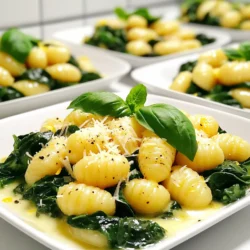 To make Garlic Butter Gnocchi with Spinach, gather the following key ingredients: - 1 pound gnocchi (store-bought or homemade) - 4 tablespoons unsalted butter - 4 cloves garlic, minced - 5 cups fresh spinach - 1/2 teaspoon red pepper flakes (optional) - Salt and pepper to taste - 1/4 cup grated Parmesan cheese - Zest of 1 lemon - Fresh basil leaves for garnish These ingredients come together to create a simple yet satisfying dish. The gnocchi acts as the base, providing a soft and chewy texture. The unsalted butter and minced garlic form a rich sauce that coats the gnocchi. Fresh spinach adds a vibrant color and nutritional boost. Red pepper flakes give a gentle heat, but you can skip them if you prefer a milder taste. Season with salt and pepper to enhance all the flavors. A sprinkle of Parmesan cheese adds creaminess, while lemon zest brightens the dish. Finally, fresh basil leaves are a lovely garnish, adding aroma and freshness. With these ingredients on hand, you're ready to create a comforting meal that is both quick and delicious. To start, bring a large pot of salted water to a boil. This is key for flavor. Once boiling, carefully add the gnocchi. You should cook them according to the package instructions. Typically, they will float to the top in about 2-3 minutes. This means they are done! Drain them well and set them aside. Next, take a large skillet and heat it over medium heat. Add the unsalted butter and let it melt slowly. Once melted, toss in the minced garlic. Sauté it for about 1-2 minutes. You want it to become fragrant but not brown. This step adds great flavor to your dish. Now, it’s time to add the fresh spinach to the skillet. Gradually stir it in. Watch it wilt down, which should take about 2-3 minutes. If you like a bit of heat, now is the time to add red pepper flakes. This spice gives the dish a nice kick. Once the spinach is wilted, add the drained gnocchi to the skillet. Toss everything together gently. You want the gnocchi to be well coated in that rich garlic butter. Season the mix with salt, pepper, and lemon zest. Cook for an additional 2 minutes. This allows all the flavors to blend nicely. Finally, remove the skillet from heat. Sprinkle the grated Parmesan cheese over the gnocchi. Give it another gentle toss to combine. For the best presentation, serve the gnocchi on plates and garnish with fresh basil leaves. This adds a lovely touch and aroma. Enjoy your meal! - Cooking fresh vs. store-bought gnocchi: Fresh gnocchi cooks quickly. They need just about 1-2 minutes in boiling water. Store-bought gnocchi usually takes about 2-3 minutes. Always check the package for exact times. - Avoiding mushy gnocchi: Make sure your water is boiling before adding the gnocchi. If the water is not hot enough, they may become mushy. Stir gently after adding them to the pot. Drain immediately when they float. - Seasoning adjustments: Add more garlic for a bolder taste. A pinch of nutmeg can also add warmth. Adjust salt and pepper to suit your taste. - Adding more vegetables: Try adding diced bell peppers, mushrooms, or zucchini. They mix well with spinach and add color and nutrients. Just sauté them before adding the spinach. - Side dishes: A simple green salad pairs well. Roasted vegetables also complement the dish nicely. They add crunch and extra flavor. - Plating ideas: Use a wide, shallow bowl for a nice presentation. Place the gnocchi in the center. Sprinkle with extra Parmesan and basil leaves for a pop of color. {{image_2}} You can switch out spinach for other greens. Kale or Swiss chard work well. You can also use arugula for a peppery twist. When it comes to cheese, Parmesan is great, but feel free to try Pecorino Romano or even a sharp cheddar. Each cheese gives a unique flavor. To make this recipe vegan, swap butter for olive oil or vegan butter. Use nutritional yeast instead of cheese for a cheesy taste without dairy. If you prefer a creamy dish, try coconut cream for richness. These swaps keep the dish tasty and satisfying. You can pair this dish with chicken or shrimp for extra protein. Cook the chicken in the garlic butter for flavor. For shrimp, add them to the skillet after the garlic. If you want vegetarian protein, try adding chickpeas or lentils. They mix well and boost the meal's heartiness. To store leftover gnocchi, place it in an airtight container. Make sure to cool it first. This helps keep the flavors fresh. You can keep it in the fridge for up to three days. If you notice any off smells, it’s best to toss it. For freezing cooked gnocchi, lay it flat on a baking sheet first. This prevents them from sticking together. Freeze for about one hour, then transfer to a freezer bag. You can store it for up to three months. When ready to eat, thaw in the fridge overnight. To reheat gnocchi, use a skillet on medium heat. Add a little butter or olive oil. Heat it for about five minutes, stirring often. This keeps it nice and dry. Avoid sogginess by not adding too much liquid. You want the gnocchi to stay firm and tasty. To make homemade gnocchi, you need potatoes. Start by boiling them until soft. Then, mash the potatoes and mix them with flour and egg. Knead the dough until smooth. Roll it out and cut it into small pieces. Form each piece into a small dumpling shape. Finally, cook them in boiling water. They float when done! Yes, you can make this dish ahead of time. Cook the gnocchi and prepare the garlic butter. Store them separately in the fridge. When ready to serve, heat the butter and add the gnocchi and spinach. This way, you keep the flavors fresh. If you need a substitute for Parmesan cheese, try Pecorino Romano or nutritional yeast. Both give a nice cheesy flavor. You can also use a mix of other hard cheeses if you want. Just make sure to grate them finely. Absolutely! This recipe is great for meal prep. You can cook the gnocchi and portion them out. Pair them with garlic butter and spinach for easy lunches. Just store everything in airtight containers. The gnocchi is done cooking when it floats to the top of the water. This usually takes about 2-3 minutes. Once they float, let them cook for another minute. Then, drain them and they are ready to use! Yes, you can use frozen spinach instead of fresh. Just make sure to thaw and drain it well. Frozen spinach can have more water, so you want to remove that. Use it just like fresh spinach in the recipe. In this post, I covered how to make a delicious gnocchi dish. I shared the key ingredients, from gnocchi to Parmesan cheese, and provided clear steps for cooking. I also offered valuable tips for perfecting your gnocchi. You can enhance this meal with various flavors, and I included suggestions for storage and reheating. Gnocchi is versatile and easy to customize. Explore different ingredients to create your own unique version. Enjoy making this dish!