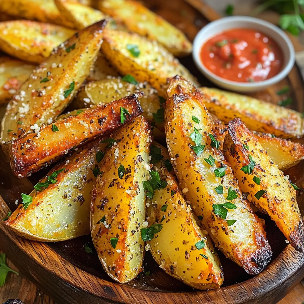 To make your Air Fryer Garlic Parmesan Potato Wedges, gather these items: - 4 medium-sized russet potatoes, cut into wedges - 3 tablespoons olive oil - 1 teaspoon garlic powder - 1 teaspoon onion powder - 1 teaspoon dried oregano - 1 teaspoon paprika - Salt and black pepper to taste - 1/2 cup grated Parmesan cheese - Fresh parsley, chopped (for garnish) You can swap some ingredients to fit your taste or what you have. For olive oil, you can use canola or avocado oil. If you don't have garlic powder, fresh minced garlic works well. You can also change the cheese. Try using Pecorino Romano for a sharper taste. Using fresh ingredients makes a big difference in flavor. Fresh potatoes yield better texture and taste. Fresh herbs, like parsley, add a nice pop of color and brightness. Always choose high-quality cheese for the best flavor. The better the ingredients, the better your dish will taste! Start by preheating your air fryer to 400°F (200°C). This step takes about 5 minutes. Preheating helps the potato wedges cook evenly and become crispy. It ensures a nice golden brown finish. While the air fryer heats, wash and scrub 4 medium-sized russet potatoes. Remove any dirt. Cut the potatoes into wedges, making sure they are similar in size. This helps them cook at the same rate. Aim for about 8 wedges per potato. In a large mixing bowl, combine the potato wedges with 3 tablespoons of olive oil. Add 1 teaspoon of garlic powder, onion powder, dried oregano, and paprika. Sprinkle in salt and black pepper to taste. Toss the wedges until they are evenly coated. Next, add 1/2 cup of grated Parmesan cheese. Toss again to ensure the cheese sticks to the wedges. Place the coated potato wedges in the air fryer basket. Arrange them in a single layer. If your air fryer is small, cook in batches. Cook the wedges for 15-20 minutes. Shake the basket halfway through to promote even cooking and crispiness. Keep an eye on them; you want them golden brown and crispy. Once the wedges are done, remove them from the air fryer. Garnish with fresh chopped parsley for color and flavor. Serve them on a large platter. For an extra treat, sprinkle more Parmesan cheese on top. Pair with marinara sauce or garlic aioli for dipping. Enjoy your crispy, flavorful potato wedges! To get that perfect crisp, choose the right potatoes. I like using russet potatoes. Their high starch content makes them crispy. Cut the wedges evenly. This helps them cook at the same rate. Don't skip the olive oil; it helps with browning. After tossing the wedges, let them sit for five minutes. This allows the coating to set and adhere better. Finally, remember to shake the basket halfway through cooking. This ensures all sides get nice and crispy. Feel free to get creative with flavors! For a spicy kick, add cayenne pepper or chili powder. You may also try mixing in Italian herbs like basil or thyme. For a cheesy twist, add more Parmesan or even some cheddar. If you want a tangy flavor, squeeze a little lemon juice over the wedges before serving. Experimenting with seasoning makes each batch unique and fun. Cooking times can vary based on your air fryer model. Most air fryers cook at around 400°F (200°C). For smaller air fryers, you may need 18-20 minutes. In larger ones, 15-18 minutes usually works best. Always check the wedges a few minutes early. They should look golden brown and crispy. If they need more time, give them a few extra minutes. Trust your eye; it leads to perfect wedges every time! {{image_2}} If you love heat, try spicy garlic parmesan wedges. Add 1-2 teaspoons of cayenne pepper or chili flakes to the seasoning mix. This gives the wedges a great kick. You can also use spicy garlic sauce instead of garlic powder. The spice level is up to you. Adjust it based on your taste. These spicy wedges pair well with cooling dips like ranch or sour cream. To make a vegan version, swap the Parmesan cheese for a plant-based alternative. Nutritional yeast is a great choice. It gives a cheesy flavor without dairy. You can also add a squeeze of lemon juice for brightness. This option keeps the dish light and tasty. Serve with a vegan dipping sauce like guacamole or a simple tahini dip. For herb-infused potato wedges, mix in fresh or dried herbs. Rosemary, thyme, or basil work well. Add 1-2 teaspoons of your chosen herb to the seasoning mix. Fresh herbs add a vibrant aroma. They also enhance the flavor profile of the dish. Garnish with more fresh herbs after cooking for extra flair. These wedges are perfect for a fancy dinner or a cozy night in. After cooking, let the potato wedges cool down. Place them in an airtight container. Store them in the fridge for up to three days. Make sure to keep them separate from other foods. This helps maintain their flavor and texture. To reheat the wedges, preheat the air fryer to 350°F (175°C). Place the wedges in the basket in a single layer. Cook for about 5-7 minutes. This will help restore their crispiness. You can also use an oven for reheating. Heat it to 375°F (190°C) and bake for about 10 minutes. If you want to freeze the wedges, let them cool completely. Arrange them in a single layer on a baking sheet. Freeze them for a few hours. Once frozen, transfer the wedges to a freezer bag. They can last up to three months in the freezer. When ready to eat, cook from frozen in the air fryer at 400°F (200°C) for 15-20 minutes. To make potato wedges crispier, try these simple tips: - Cut the potatoes into even-sized wedges. This helps them cook evenly. - Soak the wedges in cold water for 30 minutes. This removes extra starch and boosts crispiness. - Dry the wedges well with a towel before adding oil. Moisture makes them soggy. - Use less oil. A light coat is best for a crispy texture. - Shake the basket halfway through cooking. This promotes even browning and crispness. Yes, you can use sweet potatoes! They will have a different taste and texture. Sweet potatoes are sweeter and softer. Adjust cooking time to about 10-15 minutes. Check for doneness by piercing with a fork. Air fryer garlic parmesan potato wedges last about 3-5 days in the fridge. Store them in an airtight container. This keeps them fresh and prevents them from drying out. For the best taste, eat them within the first few days. Here are some tasty dipping sauces to try: - Marinara sauce adds a nice tang. - Garlic aioli gives it a creamy twist. - Ranch dressing is a classic choice. - Spicy ketchup adds a kick. Feel free to mix and match to find your favorite! We explored key ingredients for making perfect potato wedges. Fresh ingredients matter for taste. I shared step-by-step instructions to guide you through cooking. Tips and tricks help you achieve extra crispiness. Flavor variations keep things exciting, and storing tips ensure leftovers stay tasty. Remember, experimenting with spices or herbs can add unique flavors. Enjoy your delicious potato wedges anytime!