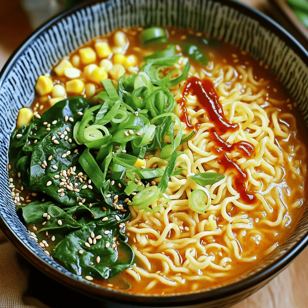 - 2 packs instant ramen noodles (your choice of flavor) - 4 cups vegetable broth (or water) - 4 cloves garlic, minced - 1 tablespoon chili oil - 1 tablespoon soy sauce - 1 teaspoon sesame oil - 1 teaspoon grated ginger - 2 green onions, sliced - 1 cup baby spinach - 1/2 cup corn kernels (fresh or frozen) - 1 tablespoon sesame seeds (for garnish) - Sriracha or chili flakes (for additional heat, optional) You can swap vegetable broth with chicken broth if you prefer. Water works too, but add a pinch of salt for flavor. If you cannot find chili oil, use olive oil with some crushed red pepper. You can also replace soy sauce with tamari for a gluten-free option. Don't worry if you lack baby spinach; kale or bok choy works well too. You can find instant ramen noodles at most grocery stores. Look for chili oil in the Asian section or online. Vegetable broth is usually available near soups. For fresh ingredients like garlic and green onions, check the produce aisle. If you want the best quality, consider local farmers' markets for the freshest veggies. Making Minute Garlic Chili Ramen is quick and easy. You boil broth, sauté garlic, and add noodles. Then, mix in veggies for a tasty meal. This recipe takes only 15 minutes from start to finish. 1. Boil the broth: Pour 4 cups of vegetable broth into a large pot. Heat on medium until it bubbles. If using water, add a pinch of salt for flavor. 2. Sauté garlic and ginger: In a small pan, heat 1 tablespoon of chili oil over medium heat. Add 4 minced garlic cloves and 1 teaspoon of grated ginger. Cook for 1-2 minutes until fragrant. Be careful not to burn the garlic. 3. Combine flavors: Pour the sautéed garlic mixture into the boiling broth. Add 1 tablespoon of soy sauce and 1 teaspoon of sesame oil. Let it simmer for 2 minutes to blend the flavors. 4. Cook the noodles: Add 2 packs of instant ramen noodles to the pot. Cook according to the package instructions, usually 3-4 minutes. Stir occasionally to keep the noodles from sticking. 5. Add veggies: Two minutes before the noodles finish cooking, add 1 cup of baby spinach and 1/2 cup of corn kernels. Stir so they heat through. 6. Finish and serve: Once the noodles are ready, take the pot off the heat. Taste the broth and adjust seasoning. Serve in bowls, topping with sliced green onions, sesame seeds, and Sriracha or chili flakes if you like it spicy. - For the broth: Use vegetable broth for a richer taste. If using water, season well. - Sautéing: Keep the heat medium. Stir often to prevent burning. - Noodle cooking: Stir the noodles to ensure even cooking. This helps them stay soft and chewy. - Veggie additions: Feel free to add more veggies like bell peppers or mushrooms for extra flavor. - Garnishing: Don't skip the sesame seeds and green onions. They add nice texture and flavor. To boost flavor, use fresh ingredients. Fresh garlic and ginger pack a punch. You can also add more chili oil for heat. If you want extra spice, try Sriracha or chili flakes. Don’t be shy with the soy sauce; it adds depth. You can also try adding miso paste. It gives a rich, savory taste. Keep your ingredients prepped and ready. Chop garlic and ginger ahead of time. Use frozen corn and baby spinach for quick cooking. If you have vegetable broth on hand, your base is ready in minutes. For faster meals, use thin noodles. They cook quicker than thicker ones, saving time. One mistake is overcooking the noodles. Follow the package time closely to keep them firm. Another error is burning garlic. Always sauté it for just 1-2 minutes. If you add all your veggies too early, they may become mushy. Add them a few minutes before the noodles finish. Finally, don’t forget to taste your broth. Adjust seasoning as needed for the best flavor. {{image_2}} You can easily make this dish vegetarian or vegan. Just swap out the broth for vegetable broth, which I always recommend for deeper flavor. Use soy sauce that is labeled vegan. You can add more veggies like mushrooms or bell peppers for richness. This way, you keep it light and bright. If you want to add protein, tofu works great. Just cut it into cubes and sauté it in the chili oil before adding the garlic. You can also use cooked chicken for a heartier meal. Just add it into the broth while it simmers. Both options make the ramen filling and tasty. Feel free to mix in other vegetables you like. Broccoli, carrots, or snap peas all add crunch and nutrients. You can also use frozen veggies if you’re in a hurry. Just toss them in the pot a few minutes before serving. This way, you get a colorful, healthy bowl of ramen. Store any leftover Minute Garlic Chili Ramen in an airtight container. This helps keep it fresh. Allow it to cool before sealing. Use the ramen within three days for the best taste. If you notice any signs of spoilage, do not eat it. When you are ready to enjoy your ramen again, reheat it on the stove. Pour the ramen into a pot over medium heat. Add a splash of vegetable broth or water to keep it from drying out. Stir gently to warm it through. Heat until steaming, but do not let it boil. This keeps the noodles tender and flavorful. If you want to save your ramen for later, freezing is a great option. First, cool it completely. Then, portion it into freezer-safe bags or containers. Remove as much air as possible to prevent freezer burn. Label each bag with the date. Use it within three months for the best quality. When ready to eat, thaw in the fridge overnight. Reheat as described above for the best experience. Yes, you can use any flavor of instant ramen noodles. The dish will still taste great. I often enjoy chicken or vegetable flavors. Each flavor adds its unique twist. Just cook them as directed on the package. If you don’t have chili oil, use any cooking oil you have. You can add red pepper flakes for heat. A mix of garlic and ginger will also help. The taste will change a bit, but it will still be yummy. To make it spicier, add more chili oil or Sriracha. You can also use extra chili flakes or fresh chili peppers. Start with small amounts and taste as you go. This way, you can control the heat level. This blog post covered how to make Minute Garlic Chili Ramen in an easy way. We discussed each ingredient and how you can switch them out. I shared step-by-step instructions to guide you through cooking. I also gave tips to enhance your ramen's flavor and avoid mistakes. You learned about different variations, and even how to store and reheat leftovers. Enjoy your ramen journey! Experiment with flavors, and you will find your favorite version. Happy cooking!