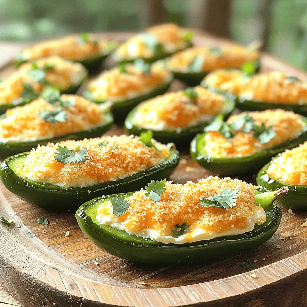 To make Air Fryer Cheddar Jalapeño Poppers, you need a few simple ingredients. Here’s what you will use: - 10 fresh jalapeño peppers, halved and seeded - 1 cup shredded sharp cheddar cheese - 4 oz cream cheese, softened - 1/2 cup breadcrumbs (panko recommended for extra crunch) - 1 teaspoon garlic powder - 1 teaspoon onion powder - 1 teaspoon smoked paprika - Olive oil spray - Salt and pepper to taste - 1 tablespoon fresh cilantro, chopped (for garnish) Each ingredient plays a key role. Fresh jalapeños provide heat and crunch. The cheddar and cream cheese give a creamy, cheesy filling. Panko breadcrumbs add extra texture and crispness. Spices like garlic, onion, and smoked paprika enhance the flavor. Lastly, cilantro adds a fresh touch. When gathering your ingredients, make sure they are fresh. The quality will shine through in your final dish. Enjoy the process of preparing these tasty snacks! First, you need to preheat your air fryer to 375°F (190°C). This helps cook the poppers evenly. While the air fryer heats, get your jalapeños ready. Halve each pepper lengthwise and remove the seeds. This step reduces the heat and makes them easier to eat. In a medium bowl, mix the shredded cheddar cheese, softened cream cheese, garlic powder, onion powder, smoked paprika, salt, and pepper. Stir until all the ingredients blend well. The mixture should be creamy and full of flavor. You can taste it to adjust the seasoning if you want. Now, take the halved jalapeños and fill them with the cheese mixture. Spoon it generously into each half, pressing down lightly to keep it in place. Next, prepare your breadcrumbs in a shallow dish. Dip the filled jalapeños face-down into the breadcrumbs. This coat gives them a nice crunchy texture. Place the coated jalapeño poppers in the air fryer basket in a single layer. Don’t overcrowd them, or they won’t cook right. Lightly spray the tops with olive oil spray for extra crispiness. Cook them for about 8-10 minutes. Keep an eye on them to avoid burning. They should turn golden brown and crispy. After cooking, let them cool slightly before serving. Garnish with fresh cilantro for a nice touch. To get that perfect crunch, use panko breadcrumbs. They add a light, crispy texture that's hard to beat. Regular breadcrumbs won’t give you the same crispy bite. To avoid burning, keep an eye on your poppers as they cook. Air fryers can vary, so check them after about 8 minutes. If they look golden, they are likely done. You can spice things up with extra herbs and spices. Adding a pinch of cayenne pepper gives a nice kick. Try mixing in some chives or parsley for added flavor. For serving, think about dips! A cool ranch or tangy salsa pairs well. You can even serve them with guacamole for a creamy touch. One common mistake is overfilling the jalapeños. If you pack them too tightly, the filling can spill out during cooking. Just spoon in enough to fill, but don’t overdo it. Another mistake is crowding the air fryer basket. If you stack the poppers, they won’t cook evenly. Always arrange them in a single layer for the best results. {{image_2}} You can switch up the cheese in your poppers. Try mozzarella for a gooey melt. Pepper jack adds more spice and flavor. Creamy goat cheese gives a tangy twist. Each cheese brings a new taste to your dish. Adjusting heat is easy. For mild poppers, use less jalapeño or remove all seeds. You can also add more cream cheese to tone down the spice. If you love heat, keep the seeds in. Consider adding diced serrano peppers for an extra kick. You can get creative with fillings. Add cooked bacon for a smoky flavor. Ground sausage can make it heartier. For veggies, try chopped bell peppers or corn. These additions give your poppers more texture and taste. After you enjoy your jalapeño poppers, let them cool down. Place them in an airtight container. This keeps them fresh. Store the container in the fridge. Your poppers will last for about 3 to 4 days. Make sure to seal the container well to avoid moisture. To enjoy your poppers again, you can reheat them. The air fryer works best. Preheat the air fryer to 350°F (175°C). Place the poppers in the basket for about 5 minutes. Check to make sure they are hot. You can also use the oven. Set it to 375°F (190°C) and bake for 10 minutes. Both methods keep them crispy. If you want to save them for later, freezing is a great option. First, let the poppers cool completely. Then, place them in a single layer on a baking sheet. Freeze them for about 1 hour. After that, put them in a freezer bag. Remove as much air as possible before sealing. When you are ready to eat, thaw them in the fridge overnight. Reheat in the air fryer or oven as mentioned above. Enjoy your tasty snack any time! Air-fried jalapeño poppers stay fresh for about 3-4 days in the fridge. Ensure you store them in an airtight container. If you want to keep them longer, freeze them. In the freezer, they last up to 2-3 months. Just make sure to wrap them well to avoid freezer burn. Yes, you can make these poppers ahead. Prepare the filling and stuff the jalapeños. Then, cover them and store in the fridge for up to 24 hours. When ready to cook, just take them out, coat with breadcrumbs, and air fry. This saves time on busy days while keeping the taste fresh. If you want a different option, use Greek yogurt. It gives a creamy texture with less fat. For a vegan option, try cashew cream or dairy-free cream cheese. These substitutes keep the poppers rich and delicious while meeting dietary needs. These air-fried jalapeño poppers are fun and tasty. With fresh ingredients and easy steps, anyone can make them. From choosing the right cheese to perfecting the filling, you have many options. Keep texture in mind, and avoid common mistakes for a perfect dish. Store leftovers properly, and enjoy them later. Experiment with flavors for a unique twist. You now have all you need to impress your friends and family with this snack. Enjoy making and sharing your delicious poppers!