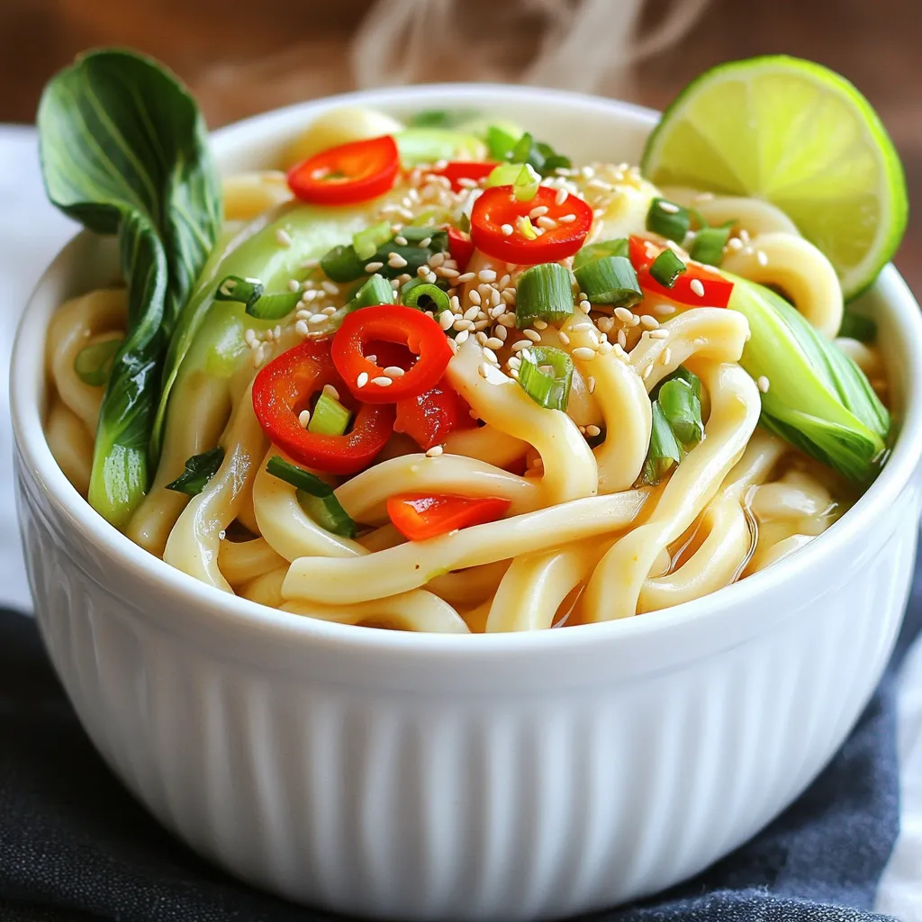 - 300g udon noodles - 3 tablespoons vegetable oil - 6 cloves garlic, minced - 1 tablespoon ginger, grated - 2 red chilies, thinly sliced - 1 bell pepper, sliced - 1 cup bok choy or spinach - 4 tablespoons soy sauce - 2 tablespoons sesame oil - 1 tablespoon rice vinegar - 1 teaspoon sugar - Sesame seeds for garnish - Chopped green onions for garnish - You can use any noodle type if you can't find udon. Rice noodles or egg noodles work well. - For a vegetarian option, replace the soy sauce with a gluten-free version. - Fresh vegetables taste best, but frozen can save time and are still good. These ingredients create a balance of flavors and textures. The garlic and ginger bring warmth, while the chilies add a kick. The soy sauce and sesame oil create rich umami. The veggies add crunch and color. Each bite of spicy garlic udon noodles offers a burst of flavor and satisfaction. Enjoy your cooking! To cook the udon noodles, start by bringing a large pot of water to a boil. Add the udon noodles and cook them according to the package instructions. This usually takes about 5 to 7 minutes. You want them to be al dente, which means they should have a slight bite. Once cooked, drain the noodles and set them aside. In a large skillet or wok, heat 3 tablespoons of vegetable oil over medium-high heat. When the oil is hot, add 6 cloves of minced garlic and 1 tablespoon of grated ginger. Sauté these for about 30 seconds. You want to cook them until they smell great but not burn. High heat is key here. It helps the garlic and ginger release their flavors quickly. Now it’s time to add some spice! Toss in 2 sliced red chilies and 1 sliced bell pepper. Stir-fry these for about 2 to 3 minutes until the bell pepper is slightly tender. Next, add 1 cup of bok choy or spinach and cook until it's wilted. Now, let’s bring the noodles into the mix. Add the cooked udon noodles to the skillet. In a small bowl, whisk together 4 tablespoons of soy sauce, 2 tablespoons of sesame oil, 1 tablespoon of rice vinegar, and 1 teaspoon of sugar. Pour this sauce over the noodles and vegetables. Mix everything well to coat the noodles. Stir-fry for another 2 to 3 minutes until everything is hot. This final step makes sure every noodle gets that delicious flavor! To make your spicy garlic udon noodles just right, adjust the spice levels. If you like it hot, add more red chilies. For a milder taste, use fewer. Always taste as you cook. This lets you find the heat that suits you best. Adding umami is key too. You can enhance the flavor by using more soy sauce or sesame oil. A splash of rice vinegar adds a nice zing. Each of these ingredients helps to deepen the taste of your dish. Presentation matters! Serve your spicy garlic udon noodles in deep bowls. Top with fresh green onions and sesame seeds. A lime wedge on the side adds a bright pop. This not only looks great but also brings extra flavor. Pair these noodles with a light side dish. A simple cucumber salad or steamed edamame works well. These sides balance the richness of the noodles. Prepping ingredients in advance saves time. Chop your garlic, ginger, and vegetables before you start cooking. You can even slice your chilies and bell pepper ahead. This makes the cooking process smooth and easy. Using pre-cooked udon noodles is a great time-saver too. These noodles heat up quickly and cut down on cooking time. Just stir them into your stir-fry for a quick meal. {{image_2}} You can add chicken, shrimp, or tofu to your spicy garlic udon noodles. Each protein gives a different taste. If you choose chicken, slice it thin. Cook it for about 5-7 minutes before adding the garlic and ginger. For shrimp, add them when you toss in the vegetables. They need only 3-4 minutes to cook. Tofu is great if you want a vegetarian option. Slice it and fry it until golden before adding. If you want gluten-free noodles, swap udon noodles for rice noodles. Check the package for cooking times. For a vegan dish, use tofu instead of chicken or shrimp. Make sure to use a vegan soy sauce. This keeps the dish plant-based and tasty. You can make the dish even richer by adding coconut milk. Use about half a cup after you add the sauce. This gives a creamy texture. You can also try different sauces or spices. For example, add a splash of chili garlic sauce for more heat. A bit of hoisin sauce can add sweetness. Get creative and mix flavors you love! To keep your spicy garlic udon noodles fresh, place them in the fridge. Use an airtight container. This helps avoid moisture loss and keeps them tasty. Store them for up to three days. If you want to save time, you can prep extra noodles and veggies ahead. When it's time to heat your leftovers, you have two good options: microwave or stovetop. For the microwave, place the noodles in a bowl. Add a splash of water to keep them moist. Heat for one to two minutes. For stovetop, heat a pan on medium. Add a bit of oil, then warm the noodles gently. This helps keep the noodles tender and tasty. Freezing is a great way to keep your udon noodles for longer. To freeze, spread your cooked noodles and veggies on a baking sheet. Freeze them for about an hour until firm. Then, transfer them to a freezer bag. For best quality, use them within three months. When you're ready to eat, thaw your noodles in the fridge overnight. Reheat them in a pan with a little oil and your favorite sauce for a quick meal. Udon noodles are tasty and filling. They are made from wheat flour. A typical serving has about 200 calories. They provide carbs for energy. Udon also has some protein, around 6 grams. Plus, they are low in fat, making them a good option for many diets. Yes, you can easily make this dish vegetarian. Skip the meat and use more veggies. Tofu is a great choice for protein. You can add mushrooms or carrots for extra flavor. This way, you keep the dish hearty and satisfying. To reduce heat, use fewer chilies. You can also remove the seeds from the chilies. Adding more vegetables, like bell peppers, can help too. Another option is to add a bit of sugar or honey to balance the spice. Udon noodles pair well with many veggies. Try adding broccoli or zucchini for crunch. Snap peas or carrots can add sweetness. You can also mix in baby corn or bell peppers for color and taste. Feel free to get creative with your choices! This blog covers how to make delicious stir-fried udon noodles. I shared the key ingredients, including udon noodles, garlic, and bok choy. You learned how to sauté and combine these fresh items for great flavor. I also included tips for customization, storage, and reheating. In cooking, experimenting leads to tasty results. Don't shy away from trying new flavors or ingredients. Enjoy your udon noodles tonight, and share your creations with friends!