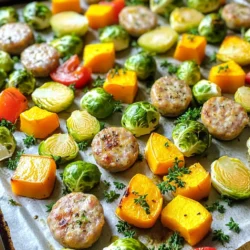 - 4 chicken or turkey sausages, sliced - 2 cups Brussels sprouts, halved - 1 medium butternut squash, peeled and cubed - 1 red bell pepper, diced - 1 yellow onion, sliced - 4 cloves garlic, minced - 3 tablespoons olive oil - 1 teaspoon dried thyme - 1 teaspoon smoked paprika - Salt and pepper to taste The star of this dish is the chicken or turkey sausages. They bring flavor and protein to the table. I love using seasonal veggies like Brussels sprouts, butternut squash, bell peppers, and onions. They add color and nutrition. Garlic gives a nice kick to the mix, while olive oil helps everything roast to perfection. I include dried thyme and smoked paprika for depth of flavor. Don’t forget salt and pepper to enhance all these tastes. - Fresh parsley, chopped - Additional herbs Fresh parsley adds a pop of color and freshness. You can also use other herbs for a unique twist. Try rosemary or thyme for extra flavor. Garnishing makes this dish not just tasty but beautiful too. - Start by slicing the chicken or turkey sausages into bite-sized pieces. - Halve the Brussels sprouts to expose their tender centers, and cube the butternut squash into uniform pieces. - Dice the red bell pepper into small chunks and slice the onion into thin rings. - Mince the garlic cloves finely to release their strong flavor. - In a large bowl, combine the sliced sausages, halved Brussels sprouts, cubed butternut squash, diced red bell pepper, sliced onion, and minced garlic. - Drizzle three tablespoons of olive oil over the mixture. Then, sprinkle one teaspoon of dried thyme, one teaspoon of smoked paprika, and add salt and pepper to taste. - Toss everything together until all the ingredients are evenly coated with oil and spices. - Prepare a large baking sheet by lining it with parchment paper. This helps with easy cleanup and prevents sticking. - Spread the sausage and veggie mixture evenly across the baking sheet, keeping them in a single layer for even roasting. - Roast in the preheated oven at 425°F (220°C) for 25-30 minutes. Stir halfway through to promote even cooking and browning. To get the best results, spread your ingredients in a single layer. This helps everything cook evenly. If you pile them up, some veggies can become soggy. To avoid this, make sure there is space between each piece. Use a large baking sheet to allow for enough room. You can add more spices to boost flavor. Try cumin, rosemary, or a pinch of cayenne for heat. Different sausages also change the taste. Consider using Italian sausage for a spicy kick or apple sausage for sweetness. Each choice brings a new twist. You can make this in an air fryer or oven. If using an air fryer, set it to 400°F (200°C) and check after 20 minutes. Cook times may vary based on the size of your veggies. For softer vegetables like zucchini, cut them larger to avoid overcooking. Adjust your cooking time as needed for the best results. {{image_2}} You can change the protein in this dish easily. Try different sausages like pork or beef. These meats add a unique taste. If you want a leaner option, chicken or turkey works well. For those who prefer plant-based meals, use lentils or tempeh. Both ingredients soak up flavors and add nutrition. Seasonal veggies can enhance your dish. Try sweet potatoes, carrots, or zucchini. They add new colors and tastes. If you have dietary needs, you can swap veggies based on allergies. For gluten-free diets, this recipe is already safe. Just ensure your sausage choice is gluten-free too. You can change the flavor with spice blends. Add cumin or curry powder for a warm taste. If you like heat, try adding red pepper flakes. For sweetness, a drizzle of honey or maple syrup works great. These changes let you customize the dish to your liking. To keep your Harvest Sausage & Veggie Sheet Pan fresh, use an airtight container. This will help lock in flavor and moisture. Make sure the mixture cools down before you seal it. Place the container in the fridge. It will stay good for about 3 to 4 days. When you’re ready to enjoy leftovers, the oven is the best choice. Preheat it to 350°F (175°C). Spread the sausage and veggies on a baking sheet. Heat for about 10-15 minutes. This method will help keep the veggies crisp. You can also use the microwave, but be careful. Microwave in short bursts to avoid soggy vegetables. Enjoy your meal! Yes, you can use frozen vegetables in this recipe. They save time and are easy to find. When using frozen veggies, do not thaw them before roasting. Just toss them in with the sausages, and add a bit more olive oil. This helps them cook evenly. Remember, frozen vegetables may need a few extra minutes to roast fully. To check if the sausages are done, use a meat thermometer. The internal temperature should reach 165°F (74°C). If you do not have a thermometer, cut a sausage open. The meat should be no longer pink and the juices should run clear. This ensures they are safe to eat. Yes, this dish is great for meal prep! You can cook a big batch and store it for later. To store, let it cool completely and put it in airtight containers. It will keep well in the fridge for up to four days. When you are ready to eat, reheat it in the oven or microwave. If using the oven, heat at 350°F (175°C) until warm. For the microwave, use medium heat and stir halfway through to keep veggies crisp. This blog post showed how to create a tasty roasted sausage dish. We covered the main ingredients, step-by-step instructions, and tips for great results. You can easily swap proteins and vegetables for fun variations. Proper storage and reheating keep your leftovers delicious. Overall, this recipe is simple and flexible, making it perfect for any meal. Enjoy trying new flavors and impressing your family with your cooking skills!