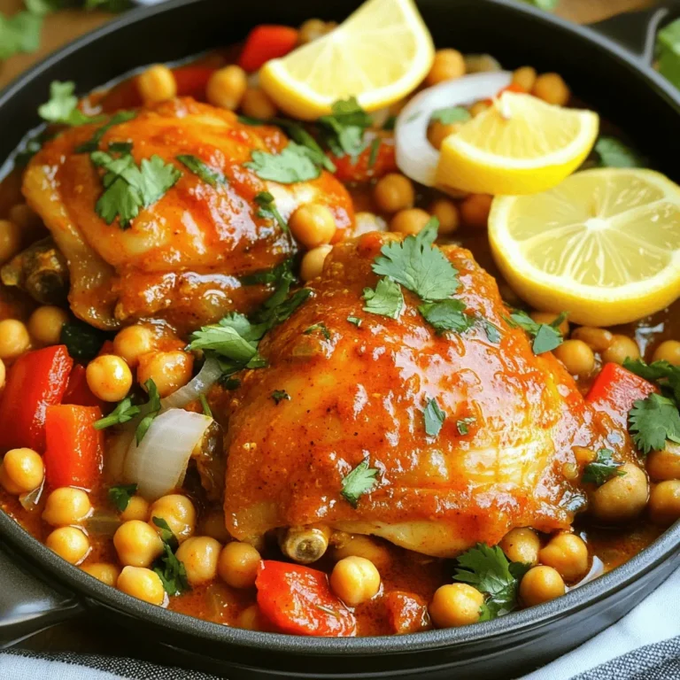 For this dish, you will need: - 4 boneless, skinless chicken thighs - 2 tablespoons harissa paste - 1 can (15 oz) chickpeas, drained and rinsed - 1 red bell pepper, diced - 1 onion, sliced - 3 cloves garlic, minced - 1 tablespoon olive oil These chicken thighs are juicy and perfect for this recipe. The harissa paste gives it a nice kick. Chickpeas add protein and texture, making the meal filling. The red bell pepper and onion bring sweetness and color. Fresh garlic boosts the flavor even more. You will also need: - 1 teaspoon ground cumin - 1 teaspoon paprika - Salt and pepper to taste Cumin has a warm, earthy flavor. It pairs well with harissa and chicken. Paprika adds a nice color and a bit of smoke. Salt and pepper bring out all the flavors in the dish. For a lovely finish, consider: - Fresh cilantro or parsley, for garnish - Lemon wedges, for serving Chop fresh herbs to add brightness. They look great on the plate and taste fresh. Squeeze lemon over the dish for a tangy touch. It brightens the flavors and makes the meal pop. Enjoy this dish warm for the best experience! Start by mixing your chicken thighs with the harissa paste. Add salt, pepper, cumin, and paprika. Make sure each piece is well-coated with these spices. This step is key for flavor. Let the chicken sit for at least 30 minutes. If you have more time, marinate it for up to 2 hours in the fridge. This helps the flavors soak in deeply. Heat olive oil in a large skillet over medium heat. Once hot, add the marinated chicken thighs. Cook them for about 5 to 7 minutes on each side. You want them browned and cooked all the way through. Use a meat thermometer if needed. It should read 165°F (75°C). Once done, take the chicken out and set it aside. In the same skillet, add the sliced onion and diced red bell pepper. Sauté these for about 5 minutes until they soften. Then, add minced garlic and cook for another minute. The garlic will smell great! Next, stir in the drained chickpeas. Pour in 1/2 cup of water or chicken broth. This helps deglaze the skillet and brings up all those tasty bits stuck to the bottom. Let everything simmer gently for a few minutes. Return the chicken to the skillet. Let it simmer with the chickpeas for an additional 5 to 10 minutes. This warms the chickpeas and thickens the sauce a bit. Taste your dish and adjust seasoning if needed. Now, your mouthwatering harissa chicken with chickpeas is ready to serve! Marinating chicken makes a big difference. I recommend marinating for at least 30 minutes. For the best taste, let the chicken sit in the fridge for up to 2 hours. The longer it sits, the more the flavors soak in. This step helps the spices work their magic and makes each bite delicious. To keep your chicken juicy, cook it over medium heat. This way, you won’t rush the cooking process. Each side needs about 5-7 minutes. When the chicken is browned and cooked through, it’s ready to be taken out of the skillet. Letting it rest for a few minutes helps keep the juices locked in. You can control the heat of your dish easily. If you want it milder, use less harissa paste. A teaspoon of harissa can still give great flavor without too much heat. On the other hand, if you love spice, add more! You can also serve lemon wedges on the side. The lemon juice will balance the heat nicely. {{image_2}} If you want to switch up the protein in this dish, try using shrimp or tofu. Shrimp cooks quickly and absorbs flavors well. Tofu is a great choice for a plant-based option. Just press it to remove excess water, then marinate it like the chicken. Both options work well with harissa. You can make this dish entirely vegetarian by using more chickpeas. Chickpeas pack protein and fiber, making them a great base. Add more vegetables like zucchini or spinach for extra flavor and nutrients. This way, you keep the heartiness of the dish while enjoying a plant-based meal. Feel free to get creative with flavors. Instead of harissa, you can use curry paste for a spicy twist. Swap out the chickpeas for lentils, which cook faster. You might also try adding olives or sun-dried tomatoes for a Mediterranean flair. These swaps keep the dish exciting and new each time you make it. After you cook the harissa chicken, let it cool down for about 30 minutes. Place it in an airtight container. This helps keep it fresh and tasty. Store it in the fridge if you plan to eat it within 4 days. Make sure the chicken and chickpeas are not too hot when you put them in the fridge. This will avoid raising the fridge temperature. To reheat, take the chicken and chickpeas out of the fridge. You can use a microwave or a skillet. If using a microwave, cover it loosely and heat for 1-2 minutes. Stir halfway to warm it evenly. If you prefer a skillet, add a splash of water to avoid sticking. Heat it over medium heat for about 5 minutes. Always check that the chicken is hot in the center before serving. If you want to save leftovers for later, freezing is a great option. Place the cooled harissa chicken and chickpeas in a freezer-safe container. You can also use freezer bags for easier storage. Make sure to remove as much air as possible. Label the bags with the date. The chicken will stay good for up to 3 months. When ready to eat, thaw it in the fridge overnight before reheating. Harissa paste is a spicy, North African chili paste. It blends hot peppers, garlic, and spices. You can find it in most grocery stores. Look in the international aisle or with the condiments. Many health food stores also carry it. If you want, you can make it at home using dried chilies, garlic, and spices. Yes, you can use fresh chickpeas. You will need to cook them first. Dried chickpeas need to soak overnight. After soaking, boil them until soft. This process takes some time but can add a fresh flavor. If you use fresh, remember to adjust cooking time in the recipe. You can store leftovers for about 3 to 4 days. Keep them in an airtight container in the fridge. Make sure to cool the dish before storing. For longer storage, freeze the leftovers. They will last up to 3 months in the freezer. Just reheat when you are ready to enjoy again! Harissa chicken is a tasty dish you can easily make at home. We covered the main ingredients, key seasonings, and ways to serve it. You learned how to prepare, cook, and combine the chicken and veggies. Tips on marination and cooking helped ensure juicy results. Consider variations for different proteins or even vegetarian options. Store leftovers safely and enjoy them later. Spice it to your taste. With these steps, you can serve this delicious dish with confidence. Enjoy each bite!