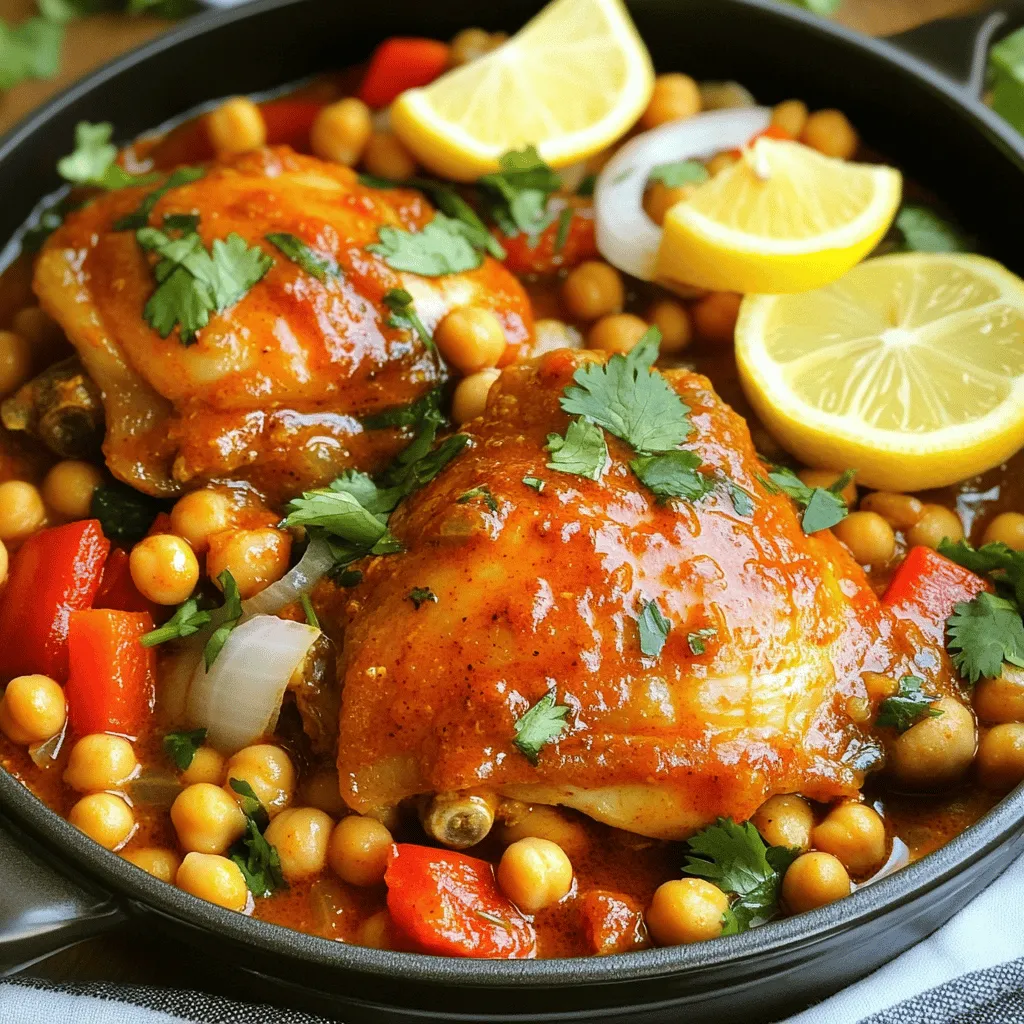 For this dish, you will need: - 4 boneless, skinless chicken thighs - 2 tablespoons harissa paste - 1 can (15 oz) chickpeas, drained and rinsed - 1 red bell pepper, diced - 1 onion, sliced - 3 cloves garlic, minced - 1 tablespoon olive oil These chicken thighs are juicy and perfect for this recipe. The harissa paste gives it a nice kick. Chickpeas add protein and texture, making the meal filling. The red bell pepper and onion bring sweetness and color. Fresh garlic boosts the flavor even more. You will also need: - 1 teaspoon ground cumin - 1 teaspoon paprika - Salt and pepper to taste Cumin has a warm, earthy flavor. It pairs well with harissa and chicken. Paprika adds a nice color and a bit of smoke. Salt and pepper bring out all the flavors in the dish. For a lovely finish, consider: - Fresh cilantro or parsley, for garnish - Lemon wedges, for serving Chop fresh herbs to add brightness. They look great on the plate and taste fresh. Squeeze lemon over the dish for a tangy touch. It brightens the flavors and makes the meal pop. Enjoy this dish warm for the best experience! Start by mixing your chicken thighs with the harissa paste. Add salt, pepper, cumin, and paprika. Make sure each piece is well-coated with these spices. This step is key for flavor. Let the chicken sit for at least 30 minutes. If you have more time, marinate it for up to 2 hours in the fridge. This helps the flavors soak in deeply. Heat olive oil in a large skillet over medium heat. Once hot, add the marinated chicken thighs. Cook them for about 5 to 7 minutes on each side. You want them browned and cooked all the way through. Use a meat thermometer if needed. It should read 165°F (75°C). Once done, take the chicken out and set it aside. In the same skillet, add the sliced onion and diced red bell pepper. Sauté these for about 5 minutes until they soften. Then, add minced garlic and cook for another minute. The garlic will smell great! Next, stir in the drained chickpeas. Pour in 1/2 cup of water or chicken broth. This helps deglaze the skillet and brings up all those tasty bits stuck to the bottom. Let everything simmer gently for a few minutes. Return the chicken to the skillet. Let it simmer with the chickpeas for an additional 5 to 10 minutes. This warms the chickpeas and thickens the sauce a bit. Taste your dish and adjust seasoning if needed. Now, your mouthwatering harissa chicken with chickpeas is ready to serve! Marinating chicken makes a big difference. I recommend marinating for at least 30 minutes. For the best taste, let the chicken sit in the fridge for up to 2 hours. The longer it sits, the more the flavors soak in. This step helps the spices work their magic and makes each bite delicious. To keep your chicken juicy, cook it over medium heat. This way, you won’t rush the cooking process. Each side needs about 5-7 minutes. When the chicken is browned and cooked through, it’s ready to be taken out of the skillet. Letting it rest for a few minutes helps keep the juices locked in. You can control the heat of your dish easily. If you want it milder, use less harissa paste. A teaspoon of harissa can still give great flavor without too much heat. On the other hand, if you love spice, add more! You can also serve lemon wedges on the side. The lemon juice will balance the heat nicely. {{image_2}} If you want to switch up the protein in this dish, try using shrimp or tofu. Shrimp cooks quickly and absorbs flavors well. Tofu is a great choice for a plant-based option. Just press it to remove excess water, then marinate it like the chicken. Both options work well with harissa. You can make this dish entirely vegetarian by using more chickpeas. Chickpeas pack protein and fiber, making them a great base. Add more vegetables like zucchini or spinach for extra flavor and nutrients. This way, you keep the heartiness of the dish while enjoying a plant-based meal. Feel free to get creative with flavors. Instead of harissa, you can use curry paste for a spicy twist. Swap out the chickpeas for lentils, which cook faster. You might also try adding olives or sun-dried tomatoes for a Mediterranean flair. These swaps keep the dish exciting and new each time you make it. After you cook the harissa chicken, let it cool down for about 30 minutes. Place it in an airtight container. This helps keep it fresh and tasty. Store it in the fridge if you plan to eat it within 4 days. Make sure the chicken and chickpeas are not too hot when you put them in the fridge. This will avoid raising the fridge temperature. To reheat, take the chicken and chickpeas out of the fridge. You can use a microwave or a skillet. If using a microwave, cover it loosely and heat for 1-2 minutes. Stir halfway to warm it evenly. If you prefer a skillet, add a splash of water to avoid sticking. Heat it over medium heat for about 5 minutes. Always check that the chicken is hot in the center before serving. If you want to save leftovers for later, freezing is a great option. Place the cooled harissa chicken and chickpeas in a freezer-safe container. You can also use freezer bags for easier storage. Make sure to remove as much air as possible. Label the bags with the date. The chicken will stay good for up to 3 months. When ready to eat, thaw it in the fridge overnight before reheating. Harissa paste is a spicy, North African chili paste. It blends hot peppers, garlic, and spices. You can find it in most grocery stores. Look in the international aisle or with the condiments. Many health food stores also carry it. If you want, you can make it at home using dried chilies, garlic, and spices. Yes, you can use fresh chickpeas. You will need to cook them first. Dried chickpeas need to soak overnight. After soaking, boil them until soft. This process takes some time but can add a fresh flavor. If you use fresh, remember to adjust cooking time in the recipe. You can store leftovers for about 3 to 4 days. Keep them in an airtight container in the fridge. Make sure to cool the dish before storing. For longer storage, freeze the leftovers. They will last up to 3 months in the freezer. Just reheat when you are ready to enjoy again! Harissa chicken is a tasty dish you can easily make at home. We covered the main ingredients, key seasonings, and ways to serve it. You learned how to prepare, cook, and combine the chicken and veggies. Tips on marination and cooking helped ensure juicy results. Consider variations for different proteins or even vegetarian options. Store leftovers safely and enjoy them later. Spice it to your taste. With these steps, you can serve this delicious dish with confidence. Enjoy each bite!