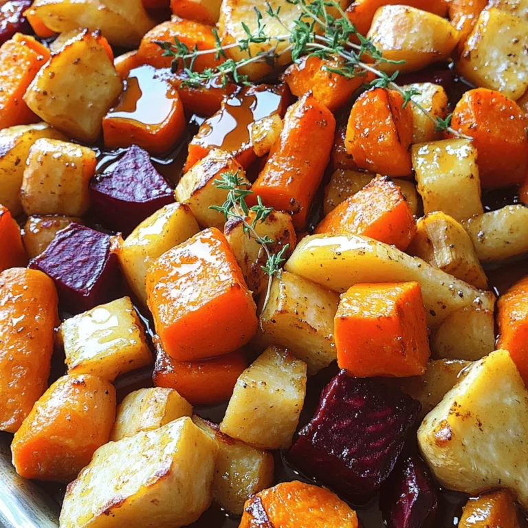 - Vegetables - 2 medium carrots, peeled and cut into 1-inch pieces - 2 medium parsnips, peeled and cut into 1-inch pieces - 1 medium sweet potato, peeled and diced - 1 medium beet, peeled and cut into 1-inch cubes - 1 small red onion, cut into wedges - Roasting Ingredients - 3 tablespoons olive oil - 3 tablespoons pure maple syrup - Seasoning Ingredients - 1 teaspoon fresh thyme leaves (or ½ teaspoon dried thyme) - Salt and pepper to taste - ¼ teaspoon cinnamon (optional) These ingredients bring warmth and sweetness to your dish. The mix of root veggies gives a nice texture. The maple syrup adds a lovely glaze that makes everything taste special. Each bite will be a little sweet and very satisfying. Preheating the Oven First, set your oven to 425°F (220°C). This high heat helps make the veggies crispy. Preparing the Vegetables Next, gather your vegetables: - 2 medium carrots, peeled and cut into 1-inch pieces - 2 medium parsnips, peeled and cut into 1-inch pieces - 1 medium sweet potato, peeled and diced - 1 medium beet, peeled and cut into 1-inch cubes - 1 small red onion, cut into wedges Place these in a large mixing bowl. Mixing the Maple Glaze In another bowl, mix: - 3 tablespoons olive oil - 3 tablespoons pure maple syrup - 1 teaspoon fresh thyme leaves (or ½ teaspoon dried thyme) - Salt and pepper to taste - ¼ teaspoon cinnamon (optional) Whisk until combined. Coating the Vegetables Pour the maple glaze over the veggies. Toss well to coat each piece. This glaze gives a sweet flavor to the root vegetables. Spreading on Baking Sheet Now, line a large baking sheet with parchment paper. Spread the coated vegetables in a single layer. This helps them roast evenly. Roasting Time and Techniques Roast the vegetables in the oven for 30-35 minutes. Stir them halfway through to get that nice golden color. Checking for Doneness They are done when they are tender and caramelized at the edges. Check with a fork. If it goes in easily, they are ready! Even coating matters when roasting root vegetables. It helps them cook evenly. Use a large mixing bowl to coat all veggies well. Toss them with the maple glaze until each piece shines. This will give you great flavor. Stir the vegetables halfway through cooking. This helps them brown nicely on all sides. Use a spatula to turn them gently. It keeps them from sticking, too. Different vegetables cook at different times. Carrots and parsnips need about 30-35 minutes. Sweet potatoes may take a bit less time. Beets can take a little longer. Always check for tenderness with a fork. Serve your roasted veggies on a large platter. It looks inviting and colorful. You can also add a drizzle of extra maple syrup. This extra touch brings out the natural sweetness. Garnish with fresh thyme sprigs. It adds a pop of green and a fresh scent. You can even sprinkle some toasted nuts on top for crunch. This step makes your dish not only tasty but beautiful! {{image_2}} You can swap out root veggies based on what you have. Seasonal options include turnips, rutabagas, and even parsnips. These can add unique flavors and textures. If you have allergies, avoid beets or carrots. Try zucchini or bell peppers instead. They will still taste great with maple. You can boost the flavor with fresh herbs. Try rosemary or sage for a different taste. These herbs give a nice earthy touch. Adding spices can also change the dish. Cinnamon brings warmth, while a pinch of cayenne adds heat. You can adjust flavors to fit your mood! To store leftovers, let the vegetables cool first. Place them in an airtight container. This helps keep them fresh and tasty. Use a container that fits the amount you have. Store in the fridge right away. You can keep the roasted root vegetables in the fridge for up to four days. If you want to eat them later, make sure to check for any signs of spoilage. They should look good and smell nice. If you want to save some for future meals, freezing is a great option. First, let the vegetables cool completely. Then, place them in a freezer-safe bag or container. Remove as much air as you can before sealing. This step helps prevent freezer burn. You can freeze them for up to three months. When you are ready to eat them, thaw in the fridge overnight. To reheat, you can bake them in the oven at 350°F (175°C) until hot. This way, they stay crispy and delicious. What is the best temperature for roasting vegetables? The best temperature is 425°F (220°C). This heat caramelizes the vegetables well. It brings out their natural sweetness. At this temperature, the veggies cook evenly and get a nice golden color. Can I make this recipe vegan? Yes, this recipe is already vegan. It uses maple syrup instead of honey. You have a tasty dish that fits a vegan diet. Just ensure all your ingredients are plant-based. How can I adjust the sweetness of the dish? You can add more or less maple syrup. If you want it sweeter, pour in extra syrup. If you prefer less sweetness, cut back on the syrup. You can also add a pinch of salt to balance flavors. Are there any tips for cutting root vegetables? Use a sharp knife for easier cutting. Peel the veggies first for better texture. Cut them into uniform pieces. This helps them cook evenly. Aim for 1-inch pieces for the best results in roasting. Roasting vegetables is simple and fun. You need the right ingredients and steps to make it tasty. Start with your chosen veggies, mix a maple glaze, and roast them until perfect. Remember to stir and adjust cooking time as needed. Don't forget to explore variations for taste and storage tips for leftovers. With this guide, you can create delicious roasted veggies that impress. Enjoy the process and the flavors you unlock!