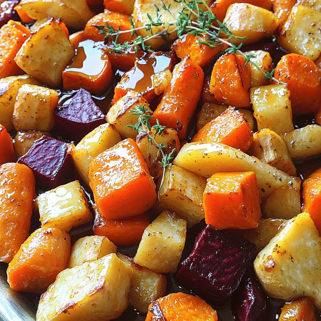 - Vegetables - 2 medium carrots, peeled and cut into 1-inch pieces - 2 medium parsnips, peeled and cut into 1-inch pieces - 1 medium sweet potato, peeled and diced - 1 medium beet, peeled and cut into 1-inch cubes - 1 small red onion, cut into wedges - Roasting Ingredients - 3 tablespoons olive oil - 3 tablespoons pure maple syrup - Seasoning Ingredients - 1 teaspoon fresh thyme leaves (or ½ teaspoon dried thyme) - Salt and pepper to taste - ¼ teaspoon cinnamon (optional) These ingredients bring warmth and sweetness to your dish. The mix of root veggies gives a nice texture. The maple syrup adds a lovely glaze that makes everything taste special. Each bite will be a little sweet and very satisfying. Preheating the Oven First, set your oven to 425°F (220°C). This high heat helps make the veggies crispy. Preparing the Vegetables Next, gather your vegetables: - 2 medium carrots, peeled and cut into 1-inch pieces - 2 medium parsnips, peeled and cut into 1-inch pieces - 1 medium sweet potato, peeled and diced - 1 medium beet, peeled and cut into 1-inch cubes - 1 small red onion, cut into wedges Place these in a large mixing bowl. Mixing the Maple Glaze In another bowl, mix: - 3 tablespoons olive oil - 3 tablespoons pure maple syrup - 1 teaspoon fresh thyme leaves (or ½ teaspoon dried thyme) - Salt and pepper to taste - ¼ teaspoon cinnamon (optional) Whisk until combined. Coating the Vegetables Pour the maple glaze over the veggies. Toss well to coat each piece. This glaze gives a sweet flavor to the root vegetables. Spreading on Baking Sheet Now, line a large baking sheet with parchment paper. Spread the coated vegetables in a single layer. This helps them roast evenly. Roasting Time and Techniques Roast the vegetables in the oven for 30-35 minutes. Stir them halfway through to get that nice golden color. Checking for Doneness They are done when they are tender and caramelized at the edges. Check with a fork. If it goes in easily, they are ready! Even coating matters when roasting root vegetables. It helps them cook evenly. Use a large mixing bowl to coat all veggies well. Toss them with the maple glaze until each piece shines. This will give you great flavor. Stir the vegetables halfway through cooking. This helps them brown nicely on all sides. Use a spatula to turn them gently. It keeps them from sticking, too. Different vegetables cook at different times. Carrots and parsnips need about 30-35 minutes. Sweet potatoes may take a bit less time. Beets can take a little longer. Always check for tenderness with a fork. Serve your roasted veggies on a large platter. It looks inviting and colorful. You can also add a drizzle of extra maple syrup. This extra touch brings out the natural sweetness. Garnish with fresh thyme sprigs. It adds a pop of green and a fresh scent. You can even sprinkle some toasted nuts on top for crunch. This step makes your dish not only tasty but beautiful! {{image_2}} You can swap out root veggies based on what you have. Seasonal options include turnips, rutabagas, and even parsnips. These can add unique flavors and textures. If you have allergies, avoid beets or carrots. Try zucchini or bell peppers instead. They will still taste great with maple. You can boost the flavor with fresh herbs. Try rosemary or sage for a different taste. These herbs give a nice earthy touch. Adding spices can also change the dish. Cinnamon brings warmth, while a pinch of cayenne adds heat. You can adjust flavors to fit your mood! To store leftovers, let the vegetables cool first. Place them in an airtight container. This helps keep them fresh and tasty. Use a container that fits the amount you have. Store in the fridge right away. You can keep the roasted root vegetables in the fridge for up to four days. If you want to eat them later, make sure to check for any signs of spoilage. They should look good and smell nice. If you want to save some for future meals, freezing is a great option. First, let the vegetables cool completely. Then, place them in a freezer-safe bag or container. Remove as much air as you can before sealing. This step helps prevent freezer burn. You can freeze them for up to three months. When you are ready to eat them, thaw in the fridge overnight. To reheat, you can bake them in the oven at 350°F (175°C) until hot. This way, they stay crispy and delicious. What is the best temperature for roasting vegetables? The best temperature is 425°F (220°C). This heat caramelizes the vegetables well. It brings out their natural sweetness. At this temperature, the veggies cook evenly and get a nice golden color. Can I make this recipe vegan? Yes, this recipe is already vegan. It uses maple syrup instead of honey. You have a tasty dish that fits a vegan diet. Just ensure all your ingredients are plant-based. How can I adjust the sweetness of the dish? You can add more or less maple syrup. If you want it sweeter, pour in extra syrup. If you prefer less sweetness, cut back on the syrup. You can also add a pinch of salt to balance flavors. Are there any tips for cutting root vegetables? Use a sharp knife for easier cutting. Peel the veggies first for better texture. Cut them into uniform pieces. This helps them cook evenly. Aim for 1-inch pieces for the best results in roasting. Roasting vegetables is simple and fun. You need the right ingredients and steps to make it tasty. Start with your chosen veggies, mix a maple glaze, and roast them until perfect. Remember to stir and adjust cooking time as needed. Don't forget to explore variations for taste and storage tips for leftovers. With this guide, you can create delicious roasted veggies that impress. Enjoy the process and the flavors you unlock!