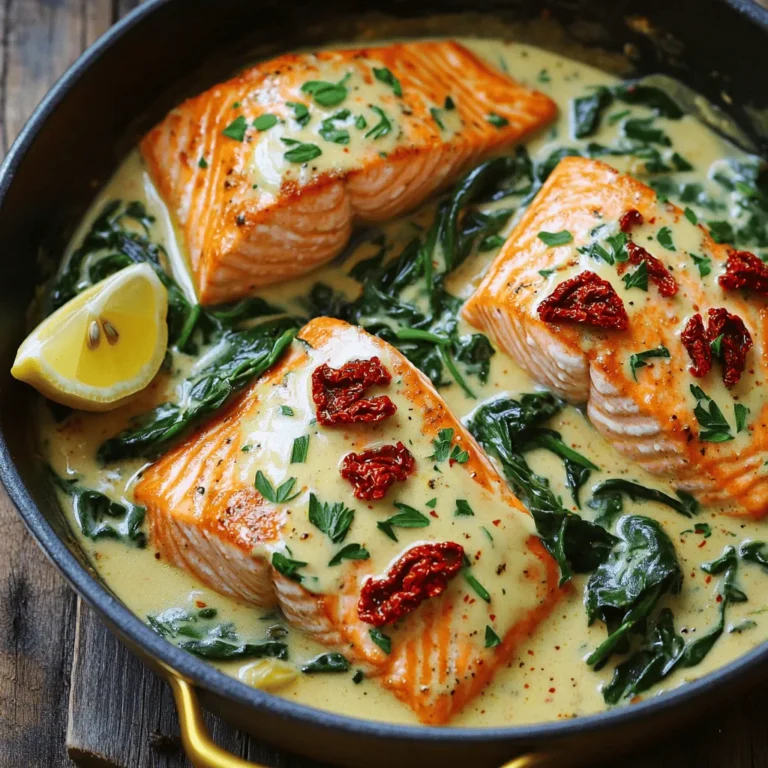 - 4 salmon fillets (about 6 oz each) - 1 cup sun-dried tomatoes in oil, drained and chopped - 1 cup heavy cream - 1 cup spinach, fresh or frozen - 2 cloves garlic, minced - 1 tablespoon olive oil - 1 teaspoon dried Italian herbs (oregano, basil, thyme) - Salt and pepper to taste - Zest of 1 lemon - Fresh parsley, chopped (for garnish) The main ingredients drive the flavor in this dish. Salmon fillets are rich and full of healthy fat. Sun-dried tomatoes add a sweet and tangy burst. Heavy cream brings that lush texture. Fresh spinach gives a nice color and nutrients. Garlic adds depth to the sauce. For seasoning, olive oil helps in cooking. Italian herbs bring warmth and earthiness. Salt and pepper balance the flavors. Lemon zest brightens the dish and adds a fresh kick. Lastly, fresh parsley gives a pop of color and flavor. With these ingredients, you can make a dish that is both simple and impressive. You will create a meal that feels gourmet yet is easy enough for any night of the week. Heating the skillet Start by heating a large skillet over medium heat. Add one tablespoon of olive oil. Wait until the oil is hot but not smoking. Seasoning the fillets While the skillet heats, season each salmon fillet with salt, pepper, and dried Italian herbs. This adds great flavor. Cooking the salmon Place the fillets skin-side down in the skillet. Cook them for about 4-5 minutes. Flip the fillets and cook for another 4-5 minutes. They should look golden brown. Once done, remove the salmon and set it aside on a plate. Sautéing garlic and sun-dried tomatoes In the same skillet, add the minced garlic and chopped sun-dried tomatoes. Sauté them for 2-3 minutes. You want the garlic to be fragrant and the tomatoes warm. Adding heavy cream and simmering Next, pour in 1 cup of heavy cream. Stir well to combine. Bring the mixture to a gentle simmer for about 3-4 minutes. The cream will thicken a bit. Incorporating spinach Now, add 1 cup of spinach to the skillet. If you use fresh spinach, cook until it wilts. If you use frozen, heat until warmed through. This should take about 2 minutes. Returning the salmon to the skillet Stir in the lemon zest, then return the salmon to the skillet. Coat the fillets in the creamy sauce. Let everything heat together for about one minute. Adjusting seasoning and garnishing Taste the sauce and adjust with more salt and pepper, if needed. Top with fresh parsley before serving. The dish is now ready to enjoy! - Ensuring a perfect salmon sear To get a great sear, dry the salmon first. Pat it with a paper towel. This helps the skin crisp up nicely. Heat your skillet on medium before adding olive oil. Place the salmon skin-side down and let it cook without moving it. This helps form a golden crust. Flip it after 4-5 minutes for even cooking. - Adjusting cream thickness If you want a thicker sauce, let the cream simmer longer. Stir gently to avoid burning. If your sauce is too thick, add a splash of chicken broth or water. This helps balance the creaminess without losing flavor. - Accompaniments for the dish This dish pairs well with rice or pasta. A side of roasted vegetables also adds color and taste. A simple salad with vinaigrette can lighten the meal. - Ideal serving temperature Serve the salmon hot for the best flavor. If you let it cool, the sauce thickens. Keep it warm until ready to serve. - Garnishing techniques Use fresh parsley for a pop of color. Sprinkle it over the salmon just before serving. Add a lemon wedge on the side for a fresh touch. - Plating suggestions For a nice look, place the salmon on a bed of sauce. Use a spoon to drizzle extra sauce on top. This gives a restaurant-style feel to your meal. {{image_2}} You can change the fish to suit your taste. Try using trout or tilapia. Each fish brings a unique flavor. For vegetables, swap the spinach for kale or arugula. Both add a fresh twist to the dish. Want a cheesy kick? Add Parmesan or goat cheese to the sauce. It melts well and adds depth. You can also mix in fresh herbs like basil or dill. This adds freshness and bright flavors. If you prefer a lighter sauce, use half-and-half instead of heavy cream. This keeps it creamy without being too rich. For gluten-free options, this recipe is already safe. Just ensure your sun-dried tomatoes are gluten-free. For dairy-free needs, choose coconut cream or almond milk. Both create a lovely base without dairy. These swaps make it easy for everyone to enjoy this tasty dish. To keep your creamy sun-dried tomato salmon fresh, follow these tips: - Refrigeration tips: Place leftovers in an airtight container. Store them in the fridge within two hours of cooking. They will stay fresh for up to three days. - Freezing guidelines: If you want to freeze it, let the dish cool completely. Use a freezer-safe container or bag. It can last for up to three months in the freezer, but the cream may change in texture. When it’s time to enjoy your leftovers, use these methods: - Best methods to reheat: The best way to reheat salmon is on the stove. Place it in a skillet over low heat. Add a splash of cream or water to keep it moist. You can also use the microwave on low power. - Avoiding overcooking: Heat just until warm. Overcooking can dry out the salmon. Keep a close eye on it while reheating. Knowing how long your dish lasts is key: - How long it lasts in the fridge: Your creamy salmon stays good for about three days in the fridge when stored properly. - Signs of spoilage: Look for changes in smell, color, or texture. If it smells sour or has an off-color, it’s best to throw it away. I recommend using fresh salmon fillets for the best flavor. Wild-caught salmon, like sockeye or king, has great taste and texture. If fresh is not available, frozen salmon works too. Just ensure it's properly thawed before cooking. Yes, you can use fresh spinach! It adds a nice texture and bright color. If using fresh, add it to the skillet after the garlic and sun-dried tomatoes. Cook until it wilts, which takes around two minutes. To make this dish healthier, consider using less heavy cream. You can substitute with half-and-half or even Greek yogurt. You can also add more veggies, like bell peppers or zucchini, for extra nutrients. Yes, you can prep some parts ahead of time. Season and cook the salmon earlier in the day. Store it in the fridge. You can also make the sauce in advance. Just reheat it gently before adding the salmon back. This salmon pairs well with various sides. Consider serving it with: - Garlic mashed potatoes - Steamed asparagus - Rice or quinoa - A fresh green salad These sides balance the creaminess of the dish nicely! This post covered a tasty creamy sun-dried tomato salmon dish. We explored the main ingredients, from salmon to garlic, and how to cook it step by step. I shared tips for serving, presentation, and ingredient swaps to meet your needs. Finally, I included storage info and answered common questions. You can make this meal your own with easy variations. Enjoy your cooking, and remember to have fun while trying new things!