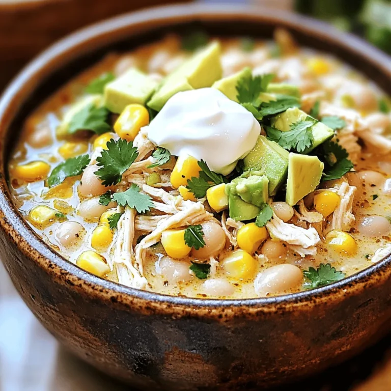 To make a tasty slow cooker white chicken chili, you need some key ingredients. Here’s what you’ll need: - 1 lb boneless, skinless chicken breasts - 1 medium yellow onion, diced - 2 cloves garlic, minced - 1 can (15 oz) white beans, drained and rinsed - 1 can (15 oz) corn kernels, drained - 1 can (4 oz) diced green chilies - 4 cups low-sodium chicken broth - 1 cup heavy cream or coconut cream - Juice of 1 lime - Fresh cilantro, chopped (for garnish) The beans and corn add great texture. The chicken brings protein, making this dish hearty. You will also need some spices to give your chili flavor. Here’s the list: - 1 teaspoon ground cumin - 1 teaspoon chili powder - ½ teaspoon smoked paprika - ½ teaspoon salt - ¼ teaspoon black pepper These spices add warmth and depth. Cumin gives a nutty flavor, while chili powder adds a bit of heat. Smoked paprika adds a lovely smoky taste. Toppings can elevate your chili. Here are some ideas: - Diced avocado - Shredded cheese - Sour cream These toppings add creaminess and a fresh feel. You can mix and match based on what you like! Enjoy making this easy and flavorful dish. 1. Start with the chicken: Place 1 lb of boneless, skinless chicken breasts at the bottom of the slow cooker. This keeps the chicken moist as it cooks. 2. Prep the veggies: Dice 1 medium yellow onion and mince 2 cloves of garlic. These add great flavor to the chili. 3. Layer the ingredients: On top of the chicken, add the diced onion, minced garlic, 1 can of drained and rinsed white beans, 1 can of drained corn, and 1 can of diced green chilies. 4. Pour in the broth: Add 4 cups of low-sodium chicken broth over the mixture. This broth gives the chili its rich taste. 5. Season it up: Sprinkle 1 teaspoon of ground cumin, 1 teaspoon of chili powder, ½ teaspoon of smoked paprika, ½ teaspoon of salt, and ¼ teaspoon of black pepper. Stir gently to mix. Ensure the chicken is covered by the broth. 6. Set the slow cooker: Cover the slow cooker and cook on low for 6-7 hours or on high for 3-4 hours. The chicken should be tender and fully cooked. 1. Shred the chicken: Once cooked, remove the chicken breasts. Use two forks to shred them into bite-sized pieces. 2. Add cream and lime: Return the shredded chicken to the slow cooker. Pour in 1 cup of heavy cream (or coconut cream) and squeeze in the juice of 1 lime. Stir well to combine. 3. Let it thicken: Let the chili simmer on low for an additional 15-20 minutes. This helps to thicken the chili and blend the flavors. Taste the chili and adjust the seasoning if needed. Enjoy this warm, creamy dish with toppings like chopped cilantro, diced avocado, and a dollop of sour cream. How to select high-quality chicken Choose fresh, boneless, skinless chicken breasts. Look for bright, pink meat with no foul smell. If possible, buy organic or free-range chicken for better flavor. This choice makes your chili taste great. Tips for seasoning and adjusting flavors Start with the recipe's spices, like cumin and chili powder. After cooking, taste the chili. If it needs more flavor, add a pinch of salt or extra spices. You can also add a squeeze of lime juice for brightness. Adjust these flavors to match your taste. Slow cooker settings for optimal results Use the low setting for a longer cook time, about 6-7 hours. This helps the chicken become tender and absorb flavors. If you're short on time, the high setting cooks in 3-4 hours. Just know that the texture may differ slightly. Pairing with sides like bread or chips Serve your chili with warm, crusty bread or crispy tortilla chips. These sides add texture and make the meal more filling. You can also use cornbread for a sweet touch. Creative presentation ideas Serve the chili in deep bowls and top it with fresh cilantro, diced avocado, and a dollop of sour cream. This makes your dish look colorful and inviting. You can also sprinkle some cheese on top for extra richness. Recommended drink pairings Pair your chili with a cold drink like limeade or iced tea. A light beer can also complement the spices well. If you prefer non-alcoholic options, try sparkling water with lime for a refreshing touch. {{image_2}} You can easily change the beans or veggies in this dish. Try black beans or kidney beans for a different taste. You can also add bell peppers or zucchini for more color and nutrition. If you want a dairy-free option, swap heavy cream for coconut cream. This gives a nice sweetness and creaminess. You can even use oat milk or cashew cream if you like. For spice lovers, you can add more heat. Try jalapeños or cayenne pepper to kick it up a notch. Want more flavor? Add some smoked paprika or even curry powder. Each swap can change the dish in fun ways. This chili can be gluten-free. Just make sure to use gluten-free broth and check all labels. For a low-carb meal, leave out the corn and use cauliflower instead. It keeps the texture while being friendly to your diet. If you want a vegetarian version, skip the chicken. Use extra beans or lentils for protein. You can also add more veggies like carrots or spinach. This keeps the chili hearty and satisfying. After enjoying your slow cooker white chicken chili, you might have some left. First, let it cool down completely. This step is key for food safety. Next, store it in an airtight container. Glass or plastic containers work well. You have two main options for storage: - Refrigeration: Keep the chili in the fridge for up to 4 days. This is a great choice if you plan to eat it soon. - Freezing: If you want to save it for later, freeze it. Chili can last up to 3 months in the freezer. Just make sure to label the container with the date. When you're ready to enjoy your chili again, there are easy ways to reheat it. You can use either the microwave or stovetop. - Microwave: Place the chili in a microwave-safe bowl. Cover it loosely and heat in 1-minute intervals. Stir in between to ensure even heating. - Stovetop: Pour the chili into a pot. Heat it over medium heat. Stir often until it warms through. Keep in mind that flavors may fade after storage. You might want to add a bit more salt, lime juice, or spices to bring back the taste. This little tweak will help make your leftovers just as tasty as the first serving. Can I cook frozen chicken in the slow cooker? No, you should not cook frozen chicken in the slow cooker. It takes too long to heat and can lead to unsafe bacteria growth. Always use thawed chicken for best results. How can I thicken the chili further? To thicken your chili, you can mash some of the white beans. Another option is to add a cornstarch slurry. Mix equal parts cornstarch and water, then stir it in while the chili simmers. What can I use instead of heavy cream? If you want a lighter option, use coconut cream or half-and-half. You can also try plain yogurt for a tangy twist, but add it just before serving to keep it creamy. Can I use fresh instead of canned ingredients? Yes, you can use fresh ingredients! Substitute fresh beans and corn for canned. Just make sure to cook the beans before adding them to the chili. How long does the chili last in the fridge? The chili lasts about 3 to 4 days in the fridge. Store it in an airtight container to keep it fresh. Can I freeze the chili and for how long? Yes, you can freeze the chili for up to 3 months. Make sure it cools completely before placing it in freezer-safe containers. In this blog post, we covered how to make delicious slow cooker chili. You learned about key ingredients like chicken, beans, and spices. I shared step-by-step instructions for prepping and cooking. We also explored tips for perfecting flavors and serving suggestions. As you try this recipe, remember that variations can make it your own. Adjust ingredients based on your taste and dietary needs. Enjoy the rich flavors of your chili, and don't hesitate to experiment!