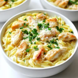 - 1 cup orzo pasta - 1 lb boneless, skinless chicken breasts, cut into bite-sized pieces - 2 tablespoons olive oil - 2 cloves garlic, minced - 1 cup heavy cream - 1 cup chicken broth - 1 cup grated Parmesan cheese - 1 teaspoon Italian seasoning - Salt and black pepper, to taste - Fresh parsley, chopped (for garnish) Using high-quality ingredients makes a big difference. Choose fresh chicken for the best flavor. Look for heavy cream with a high fat content; it adds richness. Fresh garlic enhances taste more than pre-minced options. Always opt for a good brand of Parmesan cheese; it should be sharp and nutty. Fresh parsley not only adds color but also brightens the dish. You can swap orzo for other small pasta shapes like farro or couscous. If you need a lighter option, use half-and-half instead of heavy cream. You can replace chicken with shrimp or tofu for different proteins. For a dairy-free version, try a nut-based cream. If you lack Italian seasoning, a mix of dried basil and oregano works well. Bring a large pot of salted water to a boil. Add 1 cup of orzo pasta. Cook it until al dente, following the package instructions. This usually takes about 8-10 minutes. Once done, drain the orzo and set it aside. Make sure not to rinse it, so it keeps its starch. In a large skillet, heat 2 tablespoons of olive oil over medium heat. Add 1 pound of boneless, skinless chicken breasts that you have cut into bite-sized pieces. Season the chicken with salt and black pepper. Cook for about 5-7 minutes, until the chicken is golden brown and cooked through. Remove the chicken from the skillet and set it aside. In the same skillet, add 2 cloves of minced garlic. Sauté the garlic for about 1 minute until it smells good. Pour in 1 cup of chicken broth and 1 cup of heavy cream, stirring well to mix. Bring this mixture to a gentle simmer. Then, stir in 1 teaspoon of Italian seasoning. Add 1 cup of grated Parmesan cheese and mix until the cheese melts and the sauce turns creamy. Now it’s time to bring everything together. Add the cooked orzo and the chicken back to the skillet. Stir well to coat every piece in the creamy sauce. Cook for an additional 2-3 minutes to heat through and blend the flavors. Taste and adjust salt and pepper as needed. Finally, remove from heat and garnish with freshly chopped parsley before serving. To get the best sauce, use heavy cream. It makes the sauce rich and creamy. Stir the cream slowly into the chicken broth. This helps blend the flavors. Add the Parmesan cheese next. Mix until it melts fully. If the sauce seems too thick, add a little more chicken broth. If it’s too thin, let it simmer a bit longer. Always taste the sauce. Adjust salt and pepper to suit your taste. Serve the orzo in shallow bowls. This makes it look nice and inviting. Don’t forget to sprinkle more Parmesan on top! A bit of chopped parsley adds color. You can also add a twist of black pepper for a kick. For fun, try a pinch of chili flakes if you like heat. This makes the dish pop with flavor and color. Pair Creamy Chicken Alfredo Orzo with a fresh salad. A simple green salad works well. You can also serve garlic bread on the side. It’s perfect for soaking up any leftover sauce. Roasted vegetables add a nice crunch too. Think carrots, broccoli, or zucchini. They balance the creaminess of the dish. {{image_2}} You can boost the health factor of your Creamy Chicken Alfredo Orzo by adding vegetables. Try mixing in spinach, broccoli, or peas. Spinach wilts quickly, adding a fresh taste. Broccoli gives a nice crunch and color. Peas add sweetness and are easy to mix in. You can use frozen or fresh veggies. Just cook them briefly before adding to the orzo. This way, you get more vitamins and flavor in every bite. If you're looking for a change from chicken, consider shrimp or tofu. Shrimp cooks fast and adds a delightful taste. Sauté shrimp in the same skillet for about 3-4 minutes until pink. Tofu is a great choice for a plant-based option. Use firm tofu, cut into cubes, and sauté until golden. Both choices pair well with the creamy sauce and orzo, keeping the dish satisfying. To amp up the taste, think about adding spices and herbs. A pinch of red pepper flakes will give a nice kick. Fresh herbs like basil or thyme can add a fragrant touch. You might also try a splash of lemon juice for brightness. Experimenting with flavors can turn this dish into a new favorite for your family. Each tweak makes the meal special and fun to enjoy together. After enjoying your meal, let the leftover creamy chicken Alfredo orzo cool. Place it in an airtight container. Store it in the fridge for up to three days. Make sure to label the container with the date. This helps you keep track of freshness. To reheat, use a microwave-safe bowl. Add a splash of chicken broth or cream to keep it moist. Heat on medium power for 1-2 minutes. Stir halfway through to ensure even heating. You can also reheat it on the stove. Just add a little broth and stir over low heat until warm. For longer storage, you can freeze the orzo. Place it in a freezer-safe container. It can last for up to three months. When ready to eat, thaw it overnight in the fridge. Reheat as mentioned above. Note that the sauce may change texture after freezing, but it will still taste great! You can replace heavy cream with milk or a mix of milk and flour. Use about one cup of milk and two tablespoons of flour to thicken the sauce. This keeps the dish creamy without the extra fat. You can also use unsweetened cashew cream for a dairy-free option. Yes, you can use any small pasta. Penne, fusilli, or even gluten-free pasta works well. Just adjust the cooking time based on the pasta you choose. Follow the package instructions to cook it perfectly. The sauce will still taste great with different shapes! This dish pairs well with a simple side salad. A fresh green salad with a light vinaigrette adds a nice crunch. You can also serve garlic bread or steamed vegetables for more flavor and texture. These sides balance the creamy orzo nicely. To keep the sauce smooth, don’t boil it too hard. Stir often as it cooks, and add cheese gradually. Make sure to use freshly grated Parmesan for the best results. It melts better and blends well with the sauce. If the sauce gets too thick, add a splash of chicken broth to bring it back. This blog post covers the key ingredients for Creamy Chicken Alfredo Orzo and offers clear steps to prepare it. You learned how to make the dish creamy and delicious, plus tips for serving and storing leftovers. Remember, you can customize with veggies or proteins for variety. Use these ideas to make this dish your own! Enjoy a tasty meal that’s easy to share or store for later.