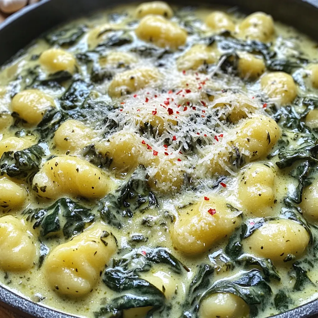 - 2 cups fresh spinach, chopped - 1 package (16 oz) potato gnocchi - 1 cup heavy cream - 1 cup vegetable broth - 1 cup freshly grated Parmesan cheese - 2 cloves garlic, minced - 1 tablespoon olive oil - Salt and pepper to taste - Pinch of nutmeg - Crushed red pepper flakes for garnish In this dish, fresh spinach brings a vibrant color and nutrients. The potato gnocchi adds a soft, chewy texture that is hard to resist. Heavy cream is the star, making everything rich and comforting. Vegetable broth adds depth, while Parmesan cheese gives a savory finish. Garlic and olive oil kick off the flavors. I always use fresh garlic since it packs a punch. Season with salt and pepper to balance the dish. For a twist, try adding nutmeg. It gives a warm spice that complements the cream. Crushed red pepper flakes offer a nice heat if you like a bit of spice. With these ingredients, you can create a creamy one-pot meal that feels fancy yet is simple. Enjoy the process of cooking and the delicious results! Start by heating the olive oil in a large pot over medium heat. Add the minced garlic. Sauté for about one minute, until it smells great. This step adds a nice flavor to the dish. Next, pour in the vegetable broth and heavy cream. Stir well to mix them together. Now, bring the mixture to a gentle simmer. This means you should see small bubbles rising. Once it's simmering, add the potato gnocchi to the pot. Stir gently to make sure all the gnocchi are covered in the creamy liquid. Cook the gnocchi according to the package instructions. They usually take about 3 to 5 minutes. You’ll know they’re done when they float to the top. After the gnocchi are cooked, lower the heat. Slowly add the grated Parmesan cheese, stirring continuously. This helps the cheese melt evenly and makes the sauce creamy. Once the cheese is melted, mix in the chopped spinach. Let it cook for about 2 to 3 minutes until the spinach wilts. Lastly, season with salt, pepper, and a pinch of nutmeg if you like. To make your dish truly creamy, use the right amount of cheese. I recommend one cup of freshly grated Parmesan cheese. This amount gives just the right flavor without being too heavy. Stir in the cheese slowly. This helps it melt evenly. As you stir, keep the heat low. This prevents clumping and ensures a smooth sauce. Prep your ingredients ahead of time. Chop the spinach and mince the garlic before cooking. This makes the process quick and easy. You can also use pre-cooked gnocchi. They cook faster, saving you time. Just add them straight into the simmering sauce. Serve the creamy gnocchi in bowls for a cozy feel. Add a sprinkle of crushed red pepper flakes for a pop of color and flavor. A simple garnish of fresh spinach leaves can brighten the dish. This makes it look fresh and inviting. Remember, we eat with our eyes first! {{image_2}} You can make this dish even better with more veggies. Other greens like kale or Swiss chard work great. Just chop them up and add them when you mix in the spinach. For a different taste, try roasted vegetables. Roasting brings out their sweetness. Zucchini, bell peppers, or cherry tomatoes add color and flavor. Toss them in after the gnocchi is done cooking for a nice bite. If you want a protein kick, add chicken or shrimp. Cook them first, then set them aside. After cooking the gnocchi, mix them back in for a hearty meal. For a vegetarian option, toss in chickpeas or lentils. They add protein and a nice texture. Just remember to adjust the seasoning to match the added ingredients. Switching up the cheese can change the dish a lot. Try using mozzarella for a stretchier texture or goat cheese for a tangy taste. You can even use a mix of cheeses for a unique flavor. If you want a lighter sauce, consider using half-and-half instead of heavy cream. It gives a creamy feel without being too rich. Store your creamy gnocchi in an airtight container. This keeps it fresh. Place it in the fridge. It will last for 3 to 4 days. Make sure to cool it down first. I avoid adding extra sauce to leftovers. This helps keep the texture. To reheat, use the stove or microwave. For the stovetop, add a splash of broth. Heat on low and stir gently. This keeps the gnocchi soft. In the microwave, use a covered dish. Heat in short bursts, stirring in between. Avoid overheating to prevent drying out. You can freeze the gnocchi before cooking. Make sure it’s in a single layer. Once frozen, transfer it to a freezer bag. This way, it won’t stick together. If you freeze the cooked dish, it may lose some creaminess. To thaw, place it in the fridge overnight. Reheat gently to restore texture. Yes, you can make this dish gluten-free. Choose gluten-free gnocchi made from rice or corn. Many brands offer gluten-free options. Just check the label to make sure it fits your needs. You can still enjoy the creamy sauce with all the flavors. Cooking gnocchi takes about 3-5 minutes. They float to the top when done. This is a good sign they are ready. Keep an eye on them, so they don’t overcook and get mushy. You can use half-and-half or whole milk instead of heavy cream. This will make the dish lighter. The sauce may not be as rich, but it will still taste great. You can also try coconut milk for a dairy-free option. If the sauce is too thick, add a bit more vegetable broth or milk. Stir well to mix it into the sauce. This will bring it back to a nice, creamy consistency. Adjust until it is just how you like it. Yes, you can make this recipe vegan. Use plant-based gnocchi and substitute the heavy cream with coconut cream or a cashew cream. Replace the Parmesan with a vegan cheese or nutritional yeast for flavor. You will still enjoy a tasty dish! This blog post covered how to make a creamy spinach gnocchi dish using simple ingredients. We explored the main elements like fresh spinach, potato gnocchi, and Parmesan cheese and shared step-by-step cooking instructions. I also provided tips for creaminess, speeding up your prep, and great presentation ideas. In the end, you can customize this dish easily. Whether adding veggies or switching up the sauce, the options are endless. Enjoy creating your version of this tasty recipe!