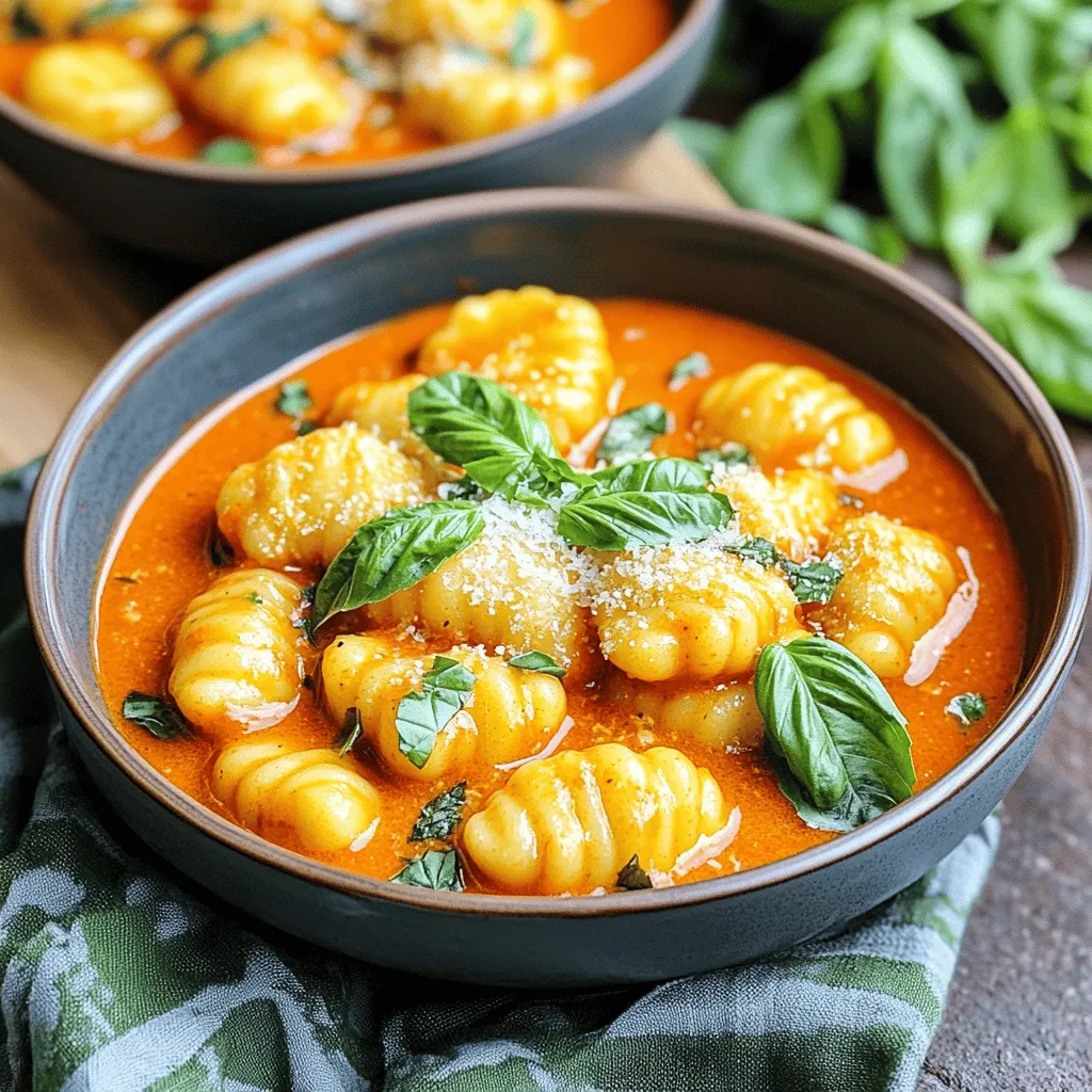 - 1 lb (450g) potato gnocchi - 1 tablespoon olive oil - 3 cloves garlic, minced - 1 can (14 oz) crushed tomatoes - 1 cup vegetable broth - 1 cup heavy cream or coconut milk - 1 teaspoon dried oregano - 1 cup fresh basil, chopped (reserve some for garnish) - 1/2 cup grated Parmesan cheese (optional, can substitute with nutritional yeast for vegan option) Gather these ingredients before you start. Each one adds a special touch to your dish. The potato gnocchi gives a soft, pillowy texture. The olive oil brings flavor and helps cook the garlic. Garlic is key for that aromatic base. Crushed tomatoes create a rich, saucy foundation. Vegetable broth adds depth and flavor. Heavy cream or coconut milk makes it creamy and delightful, perfect for coating the gnocchi. For seasoning, dried oregano brings an earthy taste. Fresh basil adds brightness and a burst of flavor. Grated Parmesan cheese enhances richness. If you're vegan, nutritional yeast works well too. These ingredients work together to create a comforting meal. Prepare them with care for the best results. You will love how they combine in this one pot dish! Start with a large pot. Heat 1 tablespoon of olive oil over medium heat. Add 3 minced garlic cloves to the pot. Sauté for about 1 minute. You want it fragrant, not burnt. Stir it gently as it cooks. Next, pour in 1 can of crushed tomatoes and 1 cup of vegetable broth. Stir well to combine the ingredients. Bring the mixture to a simmer. This will create a rich base for your gnocchi. Now, add 1 pound of potato gnocchi to the pot. Stir the gnocchi into the sauce. Cook for about 3 to 4 minutes. You’ll know it’s done when the gnocchi starts to float. This means they are ready to enjoy! Once the gnocchi is floating, lower the heat. Add 1 cup of heavy cream or coconut milk. Also, add 1 teaspoon of dried oregano, salt, and pepper to taste. Let it simmer gently for another 3 to 5 minutes. The sauce will thicken as it cooks. Finally, stir in 1 cup of chopped fresh basil and 1/2 cup of grated Parmesan cheese, if you like. Mix until the cheese melts. Adjust the seasoning and enjoy your creamy dish! To check if your gnocchi is done, watch for them to float. This means they are ready. If they sink, give them a little more time. Cooking them for about 3-4 minutes usually does the trick. Stir gently to avoid breaking them. You can boost the flavor with extra spices. A pinch of red pepper flakes adds heat. Fresh herbs like thyme or parsley also work well. For a zing, squeeze some lemon juice before serving. It brightens the dish and adds freshness. Serve the creamy gnocchi in deep bowls for a nice look. Top each bowl with fresh basil and a sprinkle of Parmesan. A drizzle of olive oil can make it shine even more. This adds a touch of richness and makes it more inviting. {{image_2}} You can make this dish vegan and dairy-free easily. Instead of heavy cream, use coconut milk. It gives a nice creamy texture without dairy. For cheese, swap Parmesan with nutritional yeast. This change adds a cheesy flavor without any animal products. Feel free to switch up the veggies in this recipe. Add spinach or kale for extra greens. You can mix in mushrooms for a hearty touch. If you want protein, toss in cooked chicken, shrimp, or beans. Each swap brings a new flavor to the dish. Use fresh herbs when they are in season. Try adding thyme or parsley for a twist. You can also mix in seasonal veggies like zucchini or bell peppers. These additions keep the dish fresh and vibrant. Enjoy the flavors that each season brings! Store your One Pot Creamy Tomato Basil Gnocchi in an airtight container. Place it in the fridge if you plan to eat it within three days. For longer storage, freeze it in a freezer-safe container. Make sure to leave some space for expansion. This helps keep the dish fresh and tasty. To reheat, you can use the stove or microwave. If using the stove, add a splash of broth or cream. Heat over low until warm. Stir to keep it creamy. For the microwave, cover the dish and heat in short bursts. Stir in between to ensure even heating. When stored properly, your dish lasts about three days in the fridge. In the freezer, it stays fresh for up to three months. After that, the taste and texture may change. Always check for signs of spoilage before eating. Yes, you can prepare this dish ahead of time. Cook the gnocchi and sauce as usual. Let it cool before storing it in an airtight container. Place it in the fridge for up to three days. When you are ready to eat, reheat it on the stove over low heat. Add a splash of broth or cream to keep it creamy. Stir often to prevent sticking. Yes, making this dish gluten-free is easy. Look for gluten-free potato gnocchi at your local store. Many brands offer tasty options. You can also make your gnocchi from scratch using gluten-free flour. This way, everyone can enjoy this creamy delight! This dish pairs well with several sides. A simple green salad adds freshness. You can also serve it with garlic bread for a comforting meal. Roasted veggies or steamed spinach work well too. Feel free to mix and match to find your favorite combo! This blog post walks you through making One Pot Creamy Tomato Basil Gnocchi. You learned about the key ingredients, such as potato gnocchi, crushed tomatoes, and garlic. You explored each cooking step for a perfect finish and discovered tips for texture and flavor. Dietary adaptations and storage info make this dish easy to customize and save. With these details, you can impress anyone with a warm, delicious meal. Enjoy cooking and sharing your new favorite dish!
