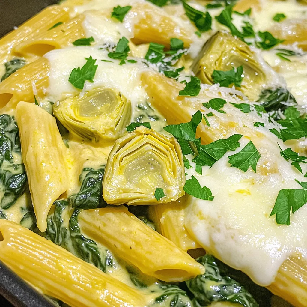 To make this creamy spinach artichoke pasta, you will need: - 2 cups pasta (penne or rotini works best) - 1 tablespoon olive oil - 3 cloves garlic, minced - 1 cup frozen spinach, thawed and drained - 1 can (14 oz) artichoke hearts, drained and quartered - 1 cup vegetable broth - 1 cup heavy cream (or coconut cream for a vegan option) - 1 cup shredded mozzarella cheese - ½ cup grated Parmesan cheese (or nutritional yeast for a vegan option) - 1 teaspoon dried Italian herbs (oregano, basil) - Salt and pepper to taste - Fresh parsley for garnish You can add a few extra ingredients to change the dish: - Chopped sun-dried tomatoes for a touch of sweetness - Cooked chicken or shrimp for added protein - Crushed red pepper for a spicy kick If you need alternatives, consider these swaps: - Use whole wheat or gluten-free pasta for dietary needs. - Replace heavy cream with Greek yogurt for a lighter option. - Try almond milk instead of vegetable broth for a different base. These options let you customize the pasta while keeping it tasty! First, fill a large pot with water and bring it to a boil. Add 2 cups of pasta, like penne or rotini, and cook until al dente. This usually takes about 8-10 minutes. Once cooked, drain the pasta and set it aside. It will soak up all the yummy flavors later. In the same pot, heat 1 tablespoon of olive oil over medium heat. Add 3 cloves of minced garlic and sauté for about 1 minute. You want to smell that garlic! Next, stir in 1 cup of thawed and drained frozen spinach along with 1 can of drained and quartered artichoke hearts. Cook this mixture for 2-3 minutes. The heat will blend the flavors nicely. Now, pour in 1 cup of vegetable broth and bring it to a gentle simmer. Let it bubble for 3-4 minutes to mix the flavors. After that, lower the heat and stir in 1 cup of heavy cream and the cheeses: 1 cup of shredded mozzarella and ½ cup of grated Parmesan. Don't forget to add 1 teaspoon of dried Italian herbs. Mix well until everything is creamy and melted. Finally, add the pasta back into the pot. Toss it all together, ensuring the pasta is coated in the sauce. Season with salt and pepper to taste. Cook on low heat for another 2-3 minutes to warm it through. Enjoy your creamy delight! To cook pasta just right, follow the package directions. Use plenty of water. Add a pinch of salt for flavor. Stir the pasta occasionally to prevent sticking. Test the pasta a minute before the time ends. It should be al dente, firm yet tender. Drain it well to avoid watery sauce later. For a rich flavor, I love using mozzarella and Parmesan cheese. They melt beautifully and add creaminess. You can also try a blend of sharp cheddar for a twist. For a vegan option, use nutritional yeast instead of Parmesan. This adds a cheesy flavor without dairy. Experiment with different cheeses to find your favorite. Serve your pasta hot with fresh parsley on top. You can add a sprinkle of red pepper flakes for some heat. A side salad or garlic bread pairs well too. If you want extra protein, grilled chicken or shrimp fits great. This dish is perfect for family dinners or casual get-togethers. Enjoy every creamy bite! {{image_2}} You can make this dish vegan and dairy-free easily. Use coconut cream instead of heavy cream. For cheese, substitute with nutritional yeast. This gives a cheesy flavor without dairy. You can also add more veggies like mushrooms or bell peppers. They add texture and flavor. If you want extra protein, try adding chicken or shrimp. Cook the protein first in the pot with olive oil. Remove it, then follow the main recipe. Add the protein back in with the pasta at the end. This makes the meal heartier and more filling. To boost flavors, add spices and herbs. A pinch of red pepper flakes adds heat. Fresh basil or parsley brings brightness. You can also try smoked paprika for a unique twist. Experiment with flavors to find what you love most. To store leftover pasta, let it cool first. Place it in an airtight container. Make sure to cover it tightly to keep out air. This helps the pasta stay fresh. It can last in the fridge for about three days. When you’re ready to eat, take the pasta out of the fridge. You can reheat it in a pot or microwave. If using a pot, add a splash of vegetable broth. Heat it on low, stirring often. This keeps the pasta creamy. If using a microwave, heat in short bursts. Stir between each burst to ensure even heating. If you want to freeze this pasta, pack it in a freezer-safe container. Leave some space at the top for expansion. It can last about two months in the freezer. To thaw, move it to the fridge overnight. Reheat as described above for best results. Yes, you can use fresh spinach. It adds a nice touch. Use about 3 cups of fresh spinach. Cook it until it wilts. This usually takes 2-3 minutes. Fresh spinach gives a bright flavor. You can use coconut cream for a vegan option. It works well in this recipe. You can also try cashew cream for a nutty taste. If you need a lighter choice, use whole milk. Just remember, the sauce will be less rich. This dish lasts about 3-4 days in the fridge. Store it in an airtight container. Reheat it on the stove or in the microwave. Stir it well to keep the sauce creamy. We covered the key ingredients, step-by-step cooking, and helpful tips for a creamy pasta dish. Variations like vegan options and protein additions can make it your own. Store leftovers properly, and reheating is easy. With these basics, you can enjoy this dish any time. Experiment and find what you love. Happy cooking!
