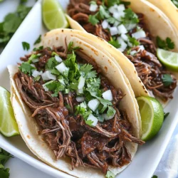 - 2 lbs beef chuck roast, cut into large chunks - 4 cloves garlic, minced - 1 onion, diced - 2-3 chipotle peppers in adobo sauce, finely chopped - 1 tablespoon adobo sauce from the chipotle can The beef chuck roast is key for this dish. It gives the tacos rich flavor and tenderness. When you cook it low and slow, the meat becomes juicy and falls apart easily. The chipotle peppers and adobo sauce add heat and a smoky taste. Garlic and onion bring depth to the flavor, making each bite delicious. - 1 teaspoon ground cumin - 1 teaspoon dried oregano - 1 teaspoon paprika - 2 tablespoons lime juice - 1 cup beef broth - Salt and pepper to taste - Corn tortillas - Fresh cilantro, chopped (for garnish) - Diced onion (for garnish) - Lime wedges (for serving) The cumin, oregano, and paprika blend perfectly with the beef. They create a warm, earthy taste. Lime juice brightens the flavors and adds a nice zing. The beef broth keeps everything moist as it cooks. For serving, corn tortillas are a must. They hold the filling well. Top with cilantro and diced onion for freshness. Lime wedges are perfect for squeezing on top, adding a burst of flavor. Seasoning the beef roast Start by cutting the beef chuck roast into large chunks. Next, season each piece with salt and pepper. Don't be shy with the seasoning; it enhances the flavor. Sautéing the aromatics In a skillet over medium heat, add a little olive oil. Once hot, toss in the diced onion and minced garlic. Cook until the onion turns soft and clear, about 3 to 4 minutes. This step adds depth to the dish. Blending the sauce ingredients Grab a blender. Add the chipotle peppers, adobo sauce, ground cumin, dried oregano, paprika, lime juice, and beef broth. Blend everything until it's smooth. This sauce is where the magic happens. Combining everything in the slow cooker Now, place the seasoned beef in the slow cooker. Pour the sautéed onion and garlic on top. Finally, pour the blended sauce over the beef, making sure it coats every piece. This ensures each bite bursts with flavor. Cooking time options (low vs. high) Cover the slow cooker. You can choose to cook on low for 8 to 10 hours or on high for 4 to 6 hours. The low setting will make the beef super tender. Shredding the beef in the slow cooker When the beef is done, use two forks to shred it right in the slow cooker. Mix the shredded beef with the sauce to soak up all that great flavor. This step makes the beef juicy and flavorful. To make your beef barbacoa shine, tweak the seasoning. You can add more cumin for warmth or a pinch of sugar to balance the spice. Taste the sauce before cooking. Adjust salt and heat to your liking. For fork-tender beef, choose the right cut. Beef chuck roast is great because it breaks down well. Cook it low and slow. Let it simmer for at least 8 hours. If you are in a hurry, you can cook it on high for 4 to 6 hours. Once done, shred it in the slow cooker itself. This allows the beef to soak up all the sauce. Warm corn tortillas for the best taste. Use a dry skillet over medium-high heat. Heat them for about 30 seconds on each side. This makes them soft and easy to fold. When assembling your tacos, place the shredded beef in the center of the tortilla. Don’t overfill it. Top with fresh cilantro and diced onions for extra flavor. Serve with lime wedges on the side. This adds a fresh burst of citrus to each bite. {{image_2}} You can switch up the meat for more flavor. Try brisket instead of beef chuck. Brisket adds a nice, rich taste. If you want a plant-based option, use jackfruit or tempeh. These options soak up flavors well and give a great texture. Tacos need great toppings. Add diced tomatoes, shredded lettuce, or avocado for crunch. You can also try different salsas. Mango salsa adds sweetness, while pico de gallo gives a fresh kick. Pair these tacos with sides like Mexican rice or refried beans. For drinks, serve with a cold beer or a refreshing margarita. These choices balance the rich flavors of the barbacoa. To store your beef barbacoa, let it cool first. Place it in an airtight container. Make sure to store it in the fridge. It lasts about 3 to 4 days. When you want to eat it, reheat gently. You can use the microwave or a skillet. Add a splash of beef broth to keep it moist. Heat until warm throughout. You can freeze beef barbacoa too. First, let it cool completely. Then, transfer it to freezer-safe bags or containers. Press out as much air as you can. Label the bags with the date. It can last up to 3 months in the freezer. When ready to eat, move it to the fridge for overnight thawing. You can also thaw it in the microwave. After it's thawed, reheat as before until hot. Enjoy your delicious tacos! If you can't find chipotle peppers, you have options. You can use smoked paprika for a similar smoky flavor. Another choice is to mix cayenne pepper with a bit of liquid smoke. You can also use hot sauce to add heat. Adjust the amount based on your spice level. Keep in mind that these alternatives will change the taste a bit. Experiment to find what you like best. You can store leftover tacos in the fridge for about three to four days. Make sure to keep them in an airtight container. If you want to save them longer, consider freezing the beef barbacoa. It can last up to three months in the freezer. Just remember to cool it first before sealing it. When ready to eat, thaw it in the fridge overnight before reheating. Yes, you can cook barbacoa on the stove! Start by searing the beef chunks in a large pot over medium-high heat. Once browned, remove the beef and sauté the onion and garlic until soft. Next, add the blended sauce and the beef back to the pot. Cover and simmer on low heat for about two to three hours. Check the beef regularly. Stir occasionally to avoid sticking. Cook until the beef is fork-tender. In this article, we explored the key ingredients, preparation steps, and tips for making beef barbacoa. We highlighted the importance of spices, slow cooking, and seasoning variations. By following these steps, you can create a flavorful dish that everyone will enjoy. Don’t forget to experiment with different ingredients to make it your own. Enjoy the process and the delicious results!