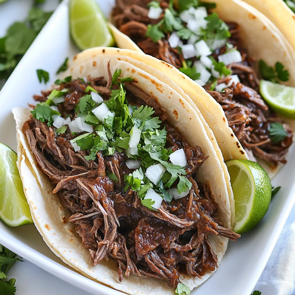 - 2 lbs beef chuck roast, cut into large chunks - 4 cloves garlic, minced - 1 onion, diced - 2-3 chipotle peppers in adobo sauce, finely chopped - 1 tablespoon adobo sauce from the chipotle can The beef chuck roast is key for this dish. It gives the tacos rich flavor and tenderness. When you cook it low and slow, the meat becomes juicy and falls apart easily. The chipotle peppers and adobo sauce add heat and a smoky taste. Garlic and onion bring depth to the flavor, making each bite delicious. - 1 teaspoon ground cumin - 1 teaspoon dried oregano - 1 teaspoon paprika - 2 tablespoons lime juice - 1 cup beef broth - Salt and pepper to taste - Corn tortillas - Fresh cilantro, chopped (for garnish) - Diced onion (for garnish) - Lime wedges (for serving) The cumin, oregano, and paprika blend perfectly with the beef. They create a warm, earthy taste. Lime juice brightens the flavors and adds a nice zing. The beef broth keeps everything moist as it cooks. For serving, corn tortillas are a must. They hold the filling well. Top with cilantro and diced onion for freshness. Lime wedges are perfect for squeezing on top, adding a burst of flavor. Seasoning the beef roast Start by cutting the beef chuck roast into large chunks. Next, season each piece with salt and pepper. Don't be shy with the seasoning; it enhances the flavor. Sautéing the aromatics In a skillet over medium heat, add a little olive oil. Once hot, toss in the diced onion and minced garlic. Cook until the onion turns soft and clear, about 3 to 4 minutes. This step adds depth to the dish. Blending the sauce ingredients Grab a blender. Add the chipotle peppers, adobo sauce, ground cumin, dried oregano, paprika, lime juice, and beef broth. Blend everything until it's smooth. This sauce is where the magic happens. Combining everything in the slow cooker Now, place the seasoned beef in the slow cooker. Pour the sautéed onion and garlic on top. Finally, pour the blended sauce over the beef, making sure it coats every piece. This ensures each bite bursts with flavor. Cooking time options (low vs. high) Cover the slow cooker. You can choose to cook on low for 8 to 10 hours or on high for 4 to 6 hours. The low setting will make the beef super tender. Shredding the beef in the slow cooker When the beef is done, use two forks to shred it right in the slow cooker. Mix the shredded beef with the sauce to soak up all that great flavor. This step makes the beef juicy and flavorful. To make your beef barbacoa shine, tweak the seasoning. You can add more cumin for warmth or a pinch of sugar to balance the spice. Taste the sauce before cooking. Adjust salt and heat to your liking. For fork-tender beef, choose the right cut. Beef chuck roast is great because it breaks down well. Cook it low and slow. Let it simmer for at least 8 hours. If you are in a hurry, you can cook it on high for 4 to 6 hours. Once done, shred it in the slow cooker itself. This allows the beef to soak up all the sauce. Warm corn tortillas for the best taste. Use a dry skillet over medium-high heat. Heat them for about 30 seconds on each side. This makes them soft and easy to fold. When assembling your tacos, place the shredded beef in the center of the tortilla. Don’t overfill it. Top with fresh cilantro and diced onions for extra flavor. Serve with lime wedges on the side. This adds a fresh burst of citrus to each bite. {{image_2}} You can switch up the meat for more flavor. Try brisket instead of beef chuck. Brisket adds a nice, rich taste. If you want a plant-based option, use jackfruit or tempeh. These options soak up flavors well and give a great texture. Tacos need great toppings. Add diced tomatoes, shredded lettuce, or avocado for crunch. You can also try different salsas. Mango salsa adds sweetness, while pico de gallo gives a fresh kick. Pair these tacos with sides like Mexican rice or refried beans. For drinks, serve with a cold beer or a refreshing margarita. These choices balance the rich flavors of the barbacoa. To store your beef barbacoa, let it cool first. Place it in an airtight container. Make sure to store it in the fridge. It lasts about 3 to 4 days. When you want to eat it, reheat gently. You can use the microwave or a skillet. Add a splash of beef broth to keep it moist. Heat until warm throughout. You can freeze beef barbacoa too. First, let it cool completely. Then, transfer it to freezer-safe bags or containers. Press out as much air as you can. Label the bags with the date. It can last up to 3 months in the freezer. When ready to eat, move it to the fridge for overnight thawing. You can also thaw it in the microwave. After it's thawed, reheat as before until hot. Enjoy your delicious tacos! If you can't find chipotle peppers, you have options. You can use smoked paprika for a similar smoky flavor. Another choice is to mix cayenne pepper with a bit of liquid smoke. You can also use hot sauce to add heat. Adjust the amount based on your spice level. Keep in mind that these alternatives will change the taste a bit. Experiment to find what you like best. You can store leftover tacos in the fridge for about three to four days. Make sure to keep them in an airtight container. If you want to save them longer, consider freezing the beef barbacoa. It can last up to three months in the freezer. Just remember to cool it first before sealing it. When ready to eat, thaw it in the fridge overnight before reheating. Yes, you can cook barbacoa on the stove! Start by searing the beef chunks in a large pot over medium-high heat. Once browned, remove the beef and sauté the onion and garlic until soft. Next, add the blended sauce and the beef back to the pot. Cover and simmer on low heat for about two to three hours. Check the beef regularly. Stir occasionally to avoid sticking. Cook until the beef is fork-tender. In this article, we explored the key ingredients, preparation steps, and tips for making beef barbacoa. We highlighted the importance of spices, slow cooking, and seasoning variations. By following these steps, you can create a flavorful dish that everyone will enjoy. Don’t forget to experiment with different ingredients to make it your own. Enjoy the process and the delicious results!