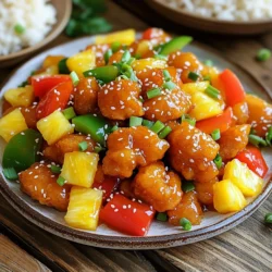 - 1 lb boneless chicken breasts, cut into bite-sized pieces - 1 cup bell peppers (red, yellow, green), diced - 1 cup pineapple chunks (fresh or canned, drained) - 1/2 cup onion, diced - 1/2 cup all-purpose flour - 2 eggs, beaten - 1 cup cornstarch - 1/2 cup granulated sugar - 1/3 cup apple cider vinegar - 1/4 cup ketchup - 2 tablespoons soy sauce (low sodium) - 1 tablespoon cornstarch (combined with 2 tablespoons water for thickening) To make this dish shine, I use fresh, quality ingredients. The boneless chicken breasts cook quickly and stay tender. Dicing the bell peppers adds color and crunch. Pineapple chunks give a sweet burst, while onions add depth. Next, the coating ingredients help create a crispy exterior. I use flour to dry the chicken, so it absorbs flavors. Beaten eggs help the cornstarch stick well. Cornstarch is key for that perfect crunch when fried. The sauce is where the magic happens. I mix sugar, vinegar, ketchup, and soy sauce. This blend creates a sweet and tangy flavor. Adding cornstarch mixed with water thickens the sauce nicely. Each bite will be a mix of sweet, sour, and savory. Gather these ingredients, and you're ready to create a meal better than takeout! Start by seasoning the chicken with salt and pepper. This adds great flavor. Next, dredge each piece in flour. This step creates a nice base. Dip the chicken in beaten eggs. This helps the cornstarch stick. Finally, coat each piece with cornstarch. This process is key for a crispy crust. Dredging ensures even coating and crunchiness when fried. Heat the vegetable oil in a large skillet or wok over medium-high heat. You want enough oil to cover the bottom well. Fry the chicken in batches. This prevents overcrowding, which can lead to steaming instead of frying. Cook for 5 to 7 minutes until golden brown and cooked through. Remove the chicken and drain on paper towels. This keeps it crispy and helps absorb excess oil. In a separate pan, mix the sugar, apple cider vinegar, ketchup, and soy sauce. Stir these ingredients well. Bring the mixture to a simmer over medium heat. Stir until the sugar dissolves completely. This step is crucial for melding flavors. Afterward, add the cornstarch mixed with water to thicken the sauce. Cook for another 2 to 3 minutes until the sauce thickens to your liking. In the pan with the sauce, add the fried chicken, diced bell peppers, onion, and pineapple chunks. Stir everything well to coat evenly. This ensures each bite is full of flavor. Cook for another 2 to 3 minutes. This time allows the flavors to meld nicely. Transfer the Sweet and Sour Chicken to a serving platter. For a touch of color, garnish with sesame seeds and chopped green onions. Serve alongside steamed rice or noodles for a complete meal. This makes for a beautiful presentation that delights the eyes and palate. To make your Sweet and Sour Chicken shine, focus on key cooking techniques. Always coat your chicken well. This gives it a nice, crispy texture. Use a mix of flour and cornstarch for the best crunch. Heat your oil until it is hot enough for frying. This helps seal in the juices. Ingredient quality matters too. Choose fresh chicken and ripe vegetables. They will add more flavor. Fresh pineapples give the best taste, but canned works in a pinch. Always pick low-sodium soy sauce to balance the sweetness. Avoid overcrowding the pan when frying. This keeps the temperature steady. If you add too much chicken at once, it will steam instead of fry. Cook in batches for best results. Watch your cooking time. If you cook too long, the chicken can get dry. Aim for a golden brown color, about 5-7 minutes per batch. Always check the chicken is cooked through before serving. Add flavorful items like ginger or garlic to the sauce. They boost the taste and give depth. You can also adjust the sweetness and tanginess. If you like it sweeter, add a bit more sugar. For more tang, increase the apple cider vinegar. Taste as you go and find your perfect balance. {{image_2}} To make a healthier sweet and sour chicken, you can swap out the chicken for lean turkey or tofu. Both options are lower in fat and still delicious. For sauces, use less sugar or try honey for sweetness. You can also make a homemade sauce with fresh ingredients. Instead of frying, bake the chicken pieces. Coat them lightly in cornstarch and spray with oil. Bake at 400°F for about 20 minutes for a crispy texture. If you prefer a vegetarian meal, try using extra-firm tofu or tempeh. Both provide a great texture and protein. For the sauce, keep the sugar and vinegar. You might also add some orange juice for a tasty twist. Replace the chicken with your chosen protein and cook until golden. Add bell peppers, pineapple, and onions just like the original recipe. Spicing things up can lead to some fun flavor twists! For a sweet and spicy version, add a bit of chili sauce or red pepper flakes to your sauce. It gives a nice kick to the dish. You can also create a tropical twist. Add mango or kiwi chunks along with the pineapple. This brings a fresh, fruity taste to your sweet and sour chicken. To store leftover Sweet and Sour Chicken, let it cool first. Place the chicken in an airtight container. I prefer glass containers for their durability. They keep food fresh and are easy to clean. For reheating, use a microwave or stovetop. If using a microwave, cover the dish with a lid. This keeps moisture in and helps it heat evenly. If you prefer the stovetop, heat it on low. Add a splash of water to keep the chicken tender. Stir often to maintain texture. Yes, you can freeze Sweet and Sour Chicken! Place it in a freezer-safe bag or container. Squeeze out any air to prevent freezer burn. When ready to eat, thaw it in the fridge overnight. To reheat, use the microwave or stovetop as mentioned before. This keeps the flavors intact and makes it just as delicious. Yes, you can make Sweet and Sour Chicken ahead of time. This dish is perfect for meal prep. Cook the chicken and sauce as directed. Once cooled, store them in separate containers. Keep the chicken crispy by not mixing it with the sauce until you are ready to eat. You can refrigerate it for up to three days. The best way to reheat Sweet and Sour Chicken is on the stove. Place it in a pan over medium heat. Add a splash of water or extra sauce to keep it moist. Stir occasionally until heated through. This method helps keep the chicken crispy. You can also use a microwave, but this may make the chicken soft. Yes, you can use frozen chicken for this recipe. However, thaw it first for best results. You can defrost it in the fridge overnight or use the microwave. Once thawed, cut it into bite-sized pieces. Follow the same steps as you would with fresh chicken. Just be sure to cook it fully until there’s no pink inside. In this blog post, I shared how to make sweet and sour chicken, covering key ingredients, step-by-step instructions, and helpful tips. You learned about main ingredients like chicken, bell peppers, and sauce components that drive flavor. Remember to avoid common cooking mistakes for the best results. Whether you want a healthier option or a vegetarian twist, there are plenty of variations to try. Enjoy your cooking journey and savor every delicious bite of your homemade dish!