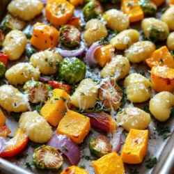 - 1 pound shelf-stable gnocchi - 1 medium butternut squash, peeled and cubed - 2 cups Brussels sprouts, trimmed and halved - 1 red bell pepper, diced - 1 red onion, sliced - 3 tablespoons olive oil - 2 teaspoons dried thyme - 1 teaspoon garlic powder - Salt and pepper to taste - ¼ cup grated Parmesan cheese - Fresh parsley, chopped for garnish Gather these simple ingredients before you start. The gnocchi brings a soft base, while the butternut squash adds a sweet touch. Brussels sprouts give a nice crunch, and the red bell pepper and onion add color and flavor. The olive oil and dried thyme tie everything together, making it rich and aromatic. Don’t forget the Parmesan cheese for a cheesy finish! You can easily find all these items at your local grocery store. They are perfect for a cozy fall meal. 1. Preheat the oven and prepare the baking sheet Start by preheating your oven to 425°F (220°C). This high heat helps the gnocchi and veggies get crispy. Line a large baking sheet with parchment paper. This makes cleanup easy and helps the food not stick. 2. Combine vegetables with seasonings and oil In a large bowl, add the cubed butternut squash, halved Brussels sprouts, diced red bell pepper, and sliced red onion. Drizzle in 2 tablespoons of olive oil. Add the dried thyme, garlic powder, salt, and pepper. Toss everything well until the veggies are fully coated. This mix of flavors will make your dish pop. 1. Incorporate gnocchi into the mixture Now, add 1 pound of shelf-stable gnocchi to your veggie mix. Gnocchi adds a chewy texture that balances the crispy veggies. 2. Ensure even coating with olive oil Drizzle the remaining tablespoon of olive oil over the gnocchi and veggies. Toss again to make sure everything is mixed well. This step is key to getting that crispy finish. 1. Spread mixture on baking sheet Pour the mixture onto your prepared baking sheet. Spread it out evenly in a single layer. This helps everything cook properly and get crispy. 2. Baking time and stirring guidelines Bake it all in the preheated oven for 25-30 minutes. Halfway through, take a spatula and stir the mixture. This ensures even cooking. You want the gnocchi to be golden brown and the veggies to be tender. If you like, add grated Parmesan cheese for the last 2-3 minutes of baking to melt it over the top. To get that perfect crispiness, it’s key to spread the mixture in a single layer on the baking sheet. This allows hot air to circulate around each piece. If the gnocchi and veggies are too close together, they will steam instead of crisp. For baking time, you can adjust it based on your oven. If your oven runs cool, add a few extra minutes. Aim for a golden brown color on the gnocchi and tender vegetables. Stir halfway through to ensure even cooking. To boost flavor, consider adding fresh herbs like rosemary or sage. A pinch of smoked paprika can bring a nice warmth. You can also experiment with spices like cumin or coriander for a unique twist. If you want to skip cheese, try nutritional yeast for a cheesy flavor without dairy. You can also use feta or goat cheese for tangy notes that pair well with the veggies. This dish pairs well with a side salad or roasted chicken. The fresh greens will balance out the hearty gnocchi. For a vegetarian option, serve it with a side of lentils for added protein. For presentation, serve the gnocchi in a large bowl. Garnish with fresh parsley and a drizzle of olive oil. This makes for a colorful and inviting dish that looks as good as it tastes. {{image_2}} You can swap out veggies based on what you have. Try sweet potatoes, carrots, or parsnips for a twist. These vegetables roast well and add sweetness. You can also use kale or spinach for some greens. They will add color and nutrients. For year-round fun, consider using zucchini or bell peppers in summer. These can brighten up your dish and keep it fresh. If you want a vegan dish, skip the Parmesan cheese. Instead, use nutritional yeast for a cheesy taste. You can also add more spices to enhance flavor. For gluten-free gnocchi, many brands offer gluten-free options made from rice or potato. Just check the package to be sure. You still get that great texture without gluten. Changing up the seasonings can create new flavors. Add smoked paprika for a smoky kick or red pepper flakes for heat. Herbs like rosemary or sage work well too. If you want to add protein, chicken or tofu are great choices. You can roast the chicken alongside the vegetables or toss in cooked tofu for extra texture. This will make your meal more filling and tasty. To store leftovers, let the dish cool first. Then, place it in an airtight container. This keeps it fresh and prevents smells from mixing. In the fridge, it lasts about 3 to 4 days. Always check for signs of spoilage before eating. For freezing, make sure the dish is completely cool. Transfer it to freezer-safe bags or containers. Be sure to remove as much air as possible. This helps avoid freezer burn. You can freeze it for up to 3 months. When ready to eat, thaw it in the fridge overnight. Reheat it in an oven at 350°F (175°C) for best texture. Stir occasionally to ensure even heating. To save time, prep ingredients in advance. Cut the butternut squash and Brussels sprouts a day ahead. Store them in the fridge in separate bags. You can also mix the spices and oils ahead of time. When you’re ready to cook, just toss everything together. This makes weeknight meals quick and easy. Assemble it all on a busy evening for a fast, tasty dinner. Yes, you can use frozen gnocchi. Just remember that frozen gnocchi may need extra cooking time. You should follow the package instructions for cooking. In general, cook it for about 1-2 minutes longer than the fresh version. This ensures they get nice and crispy. You can tell the dish is done when the gnocchi are golden brown and crispy. The veggies should be tender and slightly caramelized. Stir halfway through baking to check for even cooking. A good tip is to keep an eye on the color of the veggies. If they look a bit browned, it’s time to take the dish out. This dish pairs well with many proteins. Grilled chicken or roasted salmon are great choices. You can also serve it with a fresh green salad for a light meal. If you want a heartier option, add some crusty bread on the side. It’s all about balancing flavors and textures! This dish combines simple ingredients like gnocchi, butternut squash, and Brussels sprouts. You learned the steps to bake them perfectly with easy seasonings. I shared tips for crispy gnocchi and ideas for variations to fit your needs. With proper storage, leftovers stay fresh for days. Experiment with flavors and enjoy this tasty meal anytime. Your kitchen can create great dishes that suit everyone!