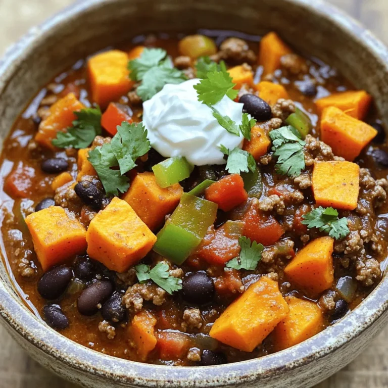 To make a delicious Slow Cooker Beef & Sweet Potato Chili, you need these fresh ingredients: - Ground beef: 1.5 lbs - Sweet potatoes: 2 medium, peeled and diced - Aromatics: 1 large onion, 3 cloves garlic - Vegetables: 1 red bell pepper - Beans and Tomatoes: 1 can (15 oz) black beans, 1 can (15 oz) diced tomatoes with green chilies - Liquid: 2 cups beef broth - Spices: 2 tablespoons chili powder, 1 tablespoon ground cumin, 1 teaspoon smoked paprika - Seasoning: Salt and pepper to taste - Garnish: Fresh cilantro - Optional toppings: Greek yogurt or sour cream These ingredients combine to create a warm and hearty dish. Each item plays a key role. The ground beef gives a rich flavor. Sweet potatoes add a touch of sweetness. The beans and tomatoes add texture and depth. The spices bring the chili to life. You can also customize your toppings based on your taste. First, you need to brown the ground beef. In a large skillet, heat it over medium heat. Cook the beef until it turns brown and no pink shows. This step adds great flavor. Once it’s done, drain any excess fat. Then, transfer the beef to your slow cooker. This keeps the chili lean and tasty. Next, sauté the onion and garlic. Use the same skillet for more flavor. Cook the diced onion and minced garlic for about 3-4 minutes. You want them soft and fragrant. This step builds a strong base for your chili. After this, add them to the slow cooker with the beef. Now it’s time to layer in the sweet potatoes and vegetables. Add the diced sweet potatoes and chopped bell pepper into the slow cooker. Then, toss in the drained black beans and the can of diced tomatoes. Make sure to include their juices. Pour in the beef broth next. This liquid helps the chili cook evenly. Lastly, stir in the spices: chili powder, ground cumin, smoked paprika, salt, and pepper. Mix everything well. Set the slow cooker to low or high. If you choose low, cook for 6-8 hours. For high, cook for 4-5 hours. The sweet potatoes should become nice and tender. This slow cooking lets the flavors blend perfectly. Before serving, check the seasoning. Taste the chili and adjust if needed. This step ensures it has the right flavor. Serve the chili hot and garnish with fresh cilantro. You can also add a dollop of Greek yogurt or sour cream. This adds creaminess and balances the spice. To boost the taste of your chili, try adding more spices. You can use: - 1 teaspoon of cayenne pepper for heat. - 1 teaspoon of oregano for a savory touch. - 1 tablespoon of paprika for a smoky depth. Balancing sweetness is key. Sweet potatoes add natural sweetness. To balance this, add a pinch of salt. This will help the flavors pop. You can also squeeze in some lime juice before serving. This adds brightness and cuts through the sweetness. To get sweet potatoes just right, cook them for 6-8 hours on low. If you prefer high heat, 4-5 hours will work too. Check for tenderness with a fork. To avoid a mushy consistency, cut sweet potatoes into even pieces. This helps them cook evenly. Adding them too early can make them fall apart. Layer them in your slow cooker towards the bottom for a firm texture. Serve your chili with crusty bread or cornbread. This adds a nice crunch and complements the dish. You can also pair it with rice for a filling meal. Get creative with toppings! Fresh cilantro adds a pop of color and flavor. A dollop of Greek yogurt or sour cream adds creaminess. Try adding diced avocado or shredded cheese for extra goodness. {{image_2}} You can switch the ground beef for turkey or chicken. This makes a lighter dish. Turkey and chicken will absorb the chili spices well. They add great flavor. If you want a meat-free option, try plant-based meat. Brands like Beyond Meat or Impossible Burger work well. These options keep the chili hearty and filling. Feel free to add more veggies. Carrots, zucchini, or corn can boost nutrition. You can also use seasonal produce. In fall, try adding butternut squash. In summer, fresh tomatoes or bell peppers shine. The more veggies, the more flavors and textures you get. You can adjust the spice level to suit your taste. For a milder chili, reduce the chili powder. You can also add a bit of sugar to balance out heat. If you like it hot, add jalapeños or cayenne pepper. Different chili types can add new flavors too. Try adding chipotle for a smoky kick! After you enjoy your savory slow cooker beef and sweet potato chili, cool it down. Place the leftovers in a shallow container. This helps them cool faster. Use airtight containers to keep the chili fresh. Store it in the fridge for up to four days. To freeze chili, let it cool completely first. Then, portion it into freezer-safe bags or containers. Remove as much air as possible from bags. This helps prevent freezer burn. You can freeze the chili for up to three months. To thaw, place the chili in the fridge overnight. This keeps it safe and tasty. When you’re ready to enjoy your chili again, use one of these methods: - Stovetop: Heat in a pot over medium heat. Stir often until hot. - Microwave: Place in a microwave-safe bowl. Heat in short bursts, stirring in between. - Slow Cooker: Reheat on low for a couple of hours. To keep the flavor and texture, add a splash of beef broth or water if it seems thick. Enjoy your meal! Yes, you can make this chili vegetarian! Here are some great substitutions: - Replace ground beef with 1.5 lbs of lentils or plant-based meat. - Use vegetable broth instead of beef broth. - Add more beans, like kidney beans or pinto beans, for protein. - Increase the number of veggies, like zucchini or corn, for extra flavor and texture. Cooking times for this chili are as follows: - Low setting: 6-8 hours is best for tender sweet potatoes and rich flavors. - High setting: Cook for 4-5 hours if you're short on time but still want great taste. You have many tasty options to pair with this chili: - Serve with warm cornbread for a sweet contrast. - Offer tortilla chips for a crunchy side. - A simple green salad can add freshness and balance. - You might also enjoy it with a dollop of Greek yogurt or sour cream. Absolutely, you can use different beans! Here are some options: - Pinto beans: These add a creamy texture and earthy flavor. - Kidney beans: They bring a firmer bite and hold up well in chili. - Chickpeas: For a unique twist, use chickpeas; they add a nutty taste. Each type of bean will change the chili's flavor slightly, so choose your favorite! This blog post shared a simple chili recipe using ground beef and sweet potatoes. I detailed each step, from preparing the beef to cooking it in a slow cooker. You learned tips for flavor, texture, and variations, plus storage advice. Remember, cooking should be fun and rewarding. Experiment with ingredients and spices to make the dish your own. Enjoy your chili adventure, and create meals that warm the heart!