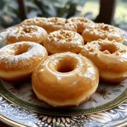 - 2 cups all-purpose flour - 1 cup granulated sugar - 2 teaspoons baking powder - 1/2 teaspoon baking soda - 1/2 teaspoon salt - 1 teaspoon ground cinnamon - 3/4 cup buttermilk - 1/4 cup unsalted butter, melted - 2 large eggs - 1 teaspoon vanilla extract - 1 cup powdered sugar - 1/4 cup pure maple syrup Gather these ingredients before you start. Each one plays a key role in making your donuts tasty and fluffy. Use quality all-purpose flour for the best texture. Granulated sugar adds sweetness, while baking powder and baking soda help the donuts rise. Ground cinnamon adds warmth and flavor. Buttermilk gives a nice tang and moisture. Melted butter adds richness, and eggs bind everything together. Vanilla extract enhances the flavor. For the glaze, powdered sugar and pure maple syrup create that sweet finish. If you want to make these donuts your own, think about adding spices or flavorings. Each ingredient works in harmony to create a delightful treat. - Donut pan - Mixing bowls - Whisk - Piping bag or zip-lock bag Make sure to have the right tools. A donut pan is essential for shaping your donuts. You need mixing bowls for combining ingredients. A whisk helps blend everything smoothly. A piping bag or zip-lock bag makes filling the pan easy. These tools make the process simple and fun. 1. First, preheat your oven to 375°F (190°C). This step is important for even baking. 2. Next, grease your donut pan with non-stick spray. This keeps the donuts from sticking. 1. In a large bowl, combine the dry ingredients. This includes 2 cups of flour, 1 cup of sugar, 2 teaspoons of baking powder, 1/2 teaspoon of baking soda, 1/2 teaspoon of salt, and 1 teaspoon of ground cinnamon. Whisk them together until well mixed. 2. In another bowl, mix the wet ingredients. Use 3/4 cup of buttermilk, 1/4 cup of melted butter, 2 large eggs, and 1 teaspoon of vanilla extract. Stir until the mixture is smooth. 1. Now, pour the wet mixture into the dry ingredients. Gently stir until just combined. Be careful not to over mix; a few lumps are okay. 2. Transfer the batter into a piping bag or a zip-lock bag with a corner cut off. Pipe the batter into the donut pan, filling each cavity about 2/3 full. 3. Bake for 10-12 minutes. Check for doneness by inserting a toothpick; it should come out clean. Let the donuts cool in the pan for 5 minutes before moving them to a wire rack. - Avoiding overmixing: Mix your batter gently. Overmixing makes donuts tough. Stir just until combined. This keeps them light and fluffy. - Ensuring doneness without drying out: Bake for 10-12 minutes. Check with a toothpick. It should come out clean. Don’t leave them in too long. This helps keep them moist and soft. - How to achieve a smooth glaze: Whisk powdered sugar and maple syrup in a bowl. It should be smooth and shiny. If you notice lumps, whisk harder or sift the sugar first. - Adjusting glaze consistency: If your glaze is too thick, add a teaspoon of water. Mix well until it’s just right. You want it to coat the donuts nicely without being runny. - Garnishing options: Add a dusting of powdered sugar on top. Chopped nuts or sprinkles can add a fun touch too. Get creative with your toppings! - Serving suggestions: Arrange the donuts on a pretty plate. Serve them warm for the best taste. They make a great snack or treat for any occasion. {{image_2}} You can change the flavor of your maple glazed donuts with some easy tweaks. For a warm touch, add a pinch of nutmeg or allspice. These spices pair well with the sweet glaze. You can also mix in chocolate chips for a rich twist. If you love fruit, try adding mashed bananas or blueberries to the batter. This adds a fresh taste and makes your donuts even more delicious. If you want a healthier donut, consider using whole wheat flour. This adds fiber and nutrients. You can also swap granulated sugar for a low-sugar option like coconut sugar or use a sugar substitute. This keeps your donuts sweet without all the extra calories. You can still enjoy the yummy flavor while making a healthier choice. For a vegan version of maple glazed donuts, you can easily replace the eggs. Use a flaxseed meal or applesauce to bind the ingredients. Mix one tablespoon of flaxseed meal with three tablespoons of water and let it sit. It acts just like an egg! Instead of buttermilk, use non-dairy milk like almond or soy milk. This way, you can enjoy these tasty treats without eggs or dairy. Store glazed donuts at room temperature in an airtight container. This keeps them fresh. If you have unglazed donuts, you can store them in the same way. They stay soft and tasty. The best time to eat them is within two days. After that, they may lose some flavor and texture. You can freeze these donuts to enjoy later. To freeze, place them in a single layer on a baking sheet. Once they are frozen solid, transfer them to a freezer bag. This helps prevent sticking. They can stay in the freezer for up to three months. When you want to eat them, take out the donuts. Let them thaw at room temperature for about one hour. If you want them warm, you can heat them in the oven at 350°F (175°C) for about 5-7 minutes. This will make them feel fresh again! To make the maple glaze, you need powdered sugar and pure maple syrup. In a small bowl, whisk one cup of powdered sugar and one-fourth cup of maple syrup. Mix until it’s smooth and glossy. If the glaze is too thick, add a teaspoon of water. This gives you the perfect glaze for your donuts. Yes, you can bake these donuts! Just follow the recipe steps. Preheat your oven to 375°F (190°C) and grease a donut pan. Fill the pan with the batter and bake for 10 to 12 minutes. Baking makes them lighter and less greasy but still delicious. Store your maple glazed donuts in an airtight container. Keep them at room temperature for up to two days. If you want them to last longer, put them in the fridge. Just remember to let them come back to room temp before enjoying. You can use pancake syrup, but the flavor will change. Pure maple syrup has a rich, deep taste that pancake syrup lacks. If you want the best flavor, stick to pure maple syrup for your glaze. Homemade donuts stay fresh for about two days at room temperature. If you keep them in the fridge, they can last up to a week. However, for the best taste and texture, enjoy them within a couple of days. You now have all the tools to make delicious donuts at home. We covered ingredients, equipment, and the step-by-step process. You learned tips to get the best texture and glaze, plus variations to fit your taste. Remember to store them right and explore healthy options if you wish. Donut-making is fun and rewarding. Enjoy each bite you create.