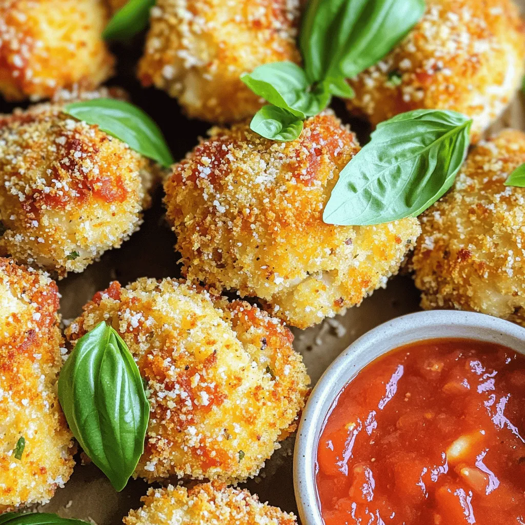 - 1 lb boneless, skinless chicken breasts, cut into bite-sized pieces - 1 cup breadcrumbs (preferably Italian-seasoned) - ½ cup grated Parmesan cheese - 1 large egg - 1 teaspoon garlic powder - 1 teaspoon dried oregano - 1 teaspoon dried basil - Salt and pepper to taste - ½ cup marinara sauce (for dipping) - Fresh basil leaves (for garnish) To make Air Fryer Chicken Parmesan Bites, start with the chicken. You need boneless and skinless chicken breasts. Cut them into small, bite-sized pieces. This makes them easy to eat and fun for snacks. Next, gather your coating ingredients. You'll need breadcrumbs, and I suggest using Italian-seasoned ones. They give a nice flavor. Grated Parmesan cheese adds a cheesy taste. For binding, a large egg works best. Now, let’s talk about seasonings. Garlic powder, oregano, and basil add great flavor. Don’t forget salt and pepper to enhance everything! Finally, you’ll need a dipping sauce. Marinara sauce is perfect for this dish. It adds a nice tang. A few fresh basil leaves on top make it look pretty. With these simple ingredients, you'll create a tasty snack that everyone will love! First, set your air fryer to 400°F (200°C). Preheat it for about 5 minutes. This step helps cook the chicken evenly. A hot air fryer gives you that nice, crispy texture. In a large bowl, mix together the breadcrumbs, Parmesan cheese, garlic powder, oregano, basil, salt, and pepper. Stir it well to combine all the flavors. In another bowl, beat the egg until it looks frothy. Take a piece of chicken and dip it in the egg. Let any extra egg drip off. Then, coat the chicken in the breadcrumb mix. Press down gently to make sure the crumbs stick well. Keep doing this until all the chicken is coated. Now it’s time to cook! Place the coated chicken bites in a single layer in the air fryer basket. Make sure they don’t touch each other. This will help them cook evenly. If you have a lot of chicken, do it in batches. Cook the bites for 10-12 minutes at 400°F (200°C). Flip them halfway through for even browning. When they are golden brown and reach an internal temperature of 165°F (75°C), they are done. Carefully take them out and serve warm with marinara sauce for dipping. Top with fresh basil leaves for a lovely touch! To get that ideal crisp on your chicken bites, follow these steps. First, make sure your air fryer is hot. Preheating it to 400°F (200°C) is key. Use Italian-seasoned breadcrumbs for extra flavor and crunch. You can also spray a little oil on the bites before cooking. This helps them turn golden brown and crispy. Don't overcrowd the basket. Leave space for air to circulate. Want to kick up the flavor? Try adding more spices to your breadcrumb mix. A dash of paprika or crushed red pepper can add a nice kick. You can also mix in some grated Parmesan directly into the coating for added cheesiness. If you love herbs, fresh parsley or thyme can elevate the taste even more. Don’t skip the marinara sauce; it’s the perfect dip for these bites! Avoid these common errors to make your chicken bites shine. First, don’t skip the egg wash; it helps the breadcrumbs stick. If the coating falls off, your bites may end up bland. Make sure your chicken pieces are uniform in size. This ensures even cooking. Lastly, resist the urge to flip too early. Wait until they are golden brown before turning them over for the best results. {{image_2}} You can switch up the breading for fun. Instead of Italian-seasoned breadcrumbs, try panko for extra crunch. You can also use crushed cornflakes for a unique texture. If you want a gluten-free version, use gluten-free breadcrumbs. Mix in some spices like paprika or cayenne for extra flavor. Want to make these bites even better? Add some veggies or cheese. You can mix in finely chopped spinach or zucchini into the chicken. This adds nutrition and flavor. For cheese lovers, try mixing mozzarella cheese into the breadcrumbs. You can also stuff the chicken with a small piece of cheese for a melty surprise. Marinara sauce is great, but there are other tasty dips. You can try ranch dressing or garlic aioli for a creamy twist. A spicy salsa or pesto also works well. If you like a sweet touch, serve them with honey mustard. Each dip brings a new flavor to your chicken bites. To store your Air Fryer Chicken Parmesan Bites, let them cool first. Use an airtight container. Place a piece of parchment paper between layers if stacking. They will stay fresh in the fridge for up to three days. For reheating, I recommend using the air fryer again. Preheat it to 350°F (175°C). Place the bites in a single layer. Heat for about 5-7 minutes until they are warm and crispy. This keeps them tasty, just like when they were fresh. If you want to freeze the bites, let them cool completely. Place them in a freezer-safe bag or container. They can last up to three months in the freezer. When you're ready to eat, thaw them in the fridge overnight before reheating. Yes, you can use frozen chicken. Just remember to thaw it first. Thawing helps the chicken cook evenly. You can safely thaw it in the fridge overnight or in cold water for a quicker option. After thawing, cut the chicken into bite-sized pieces as the recipe states. To check if the chicken is cooked, use a meat thermometer. The internal temperature should reach 165°F (75°C). If you don’t have a thermometer, cut a piece open. The meat should be white and no longer pink. Cooking times may vary based on your air fryer. Flipping the bites halfway helps them cook evenly. These bites pair well with marinara sauce for dipping. You can also serve them with a fresh salad or garlic bread. They make a great snack or appetizer for parties. Feel free to explore different sides like roasted veggies or pasta. We covered how to make Air Fryer Chicken Parmesan Bites from scratch. You learned about the key ingredients, step-by-step cooking, and tips for great results. Also, we explored fun variations and how to store leftovers properly. These bites are easy and tasty. You can impress your friends and family with them. Remember, practice makes perfect to avoid mistakes. Go ahead and enjoy your cooking adventure!