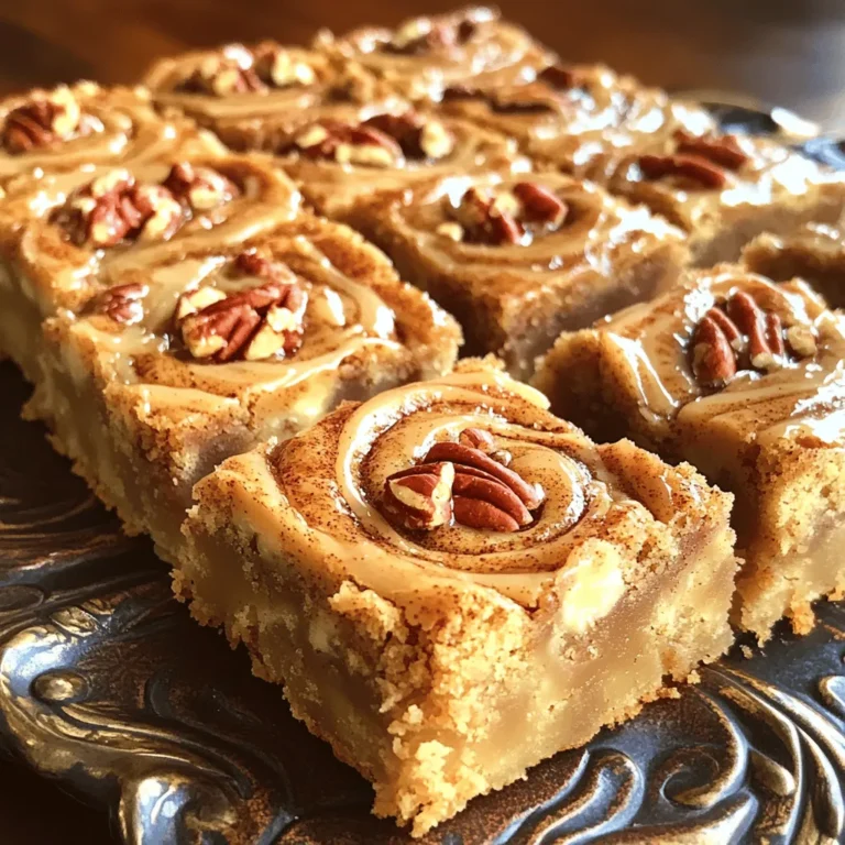 - 1 cup unsalted butter, melted - 1 cup packed brown sugar - 1/2 cup granulated sugar - 2 large eggs - 2 teaspoons vanilla extract - 2 cups all-purpose flour - 1 teaspoon baking powder - 1 teaspoon baking soda - 1/2 teaspoon salt - 1 teaspoon ground cinnamon - 1/2 cup chopped pecans (optional) - 2 tablespoons melted butter - 1/4 cup brown sugar - 1 teaspoon ground cinnamon - 1 cup powdered sugar - 2 tablespoons milk - 1/2 teaspoon vanilla extract When making cinnamon roll blondies, I love to focus on quality ingredients. Each part adds to the final flavor. The unsalted butter gives a rich base. The brown sugar adds a deep sweetness. The granulated sugar balances the flavors. Eggs bind everything together, while vanilla extract brings a warm note. For the dry mix, flour gives structure. Baking powder and baking soda help them rise, while salt enhances flavor. Ground cinnamon is the star here, giving that classic cinnamon roll taste. If you like nuts, adding chopped pecans adds a nice crunch. For the cinnamon swirl, melted butter combines with brown sugar and cinnamon. This mix creates that sweet, gooey goodness. Finally, the glaze made of powdered sugar, milk, and vanilla brings everything together with a creamy finish. Use fresh ingredients for the best taste. Enjoy the process and get ready for a treat! - Preheat your oven to 350°F (175°C). - Grease a 9x13 inch baking pan. - Combine melted butter, brown sugar, and granulated sugar in a large bowl. - Beat in eggs and vanilla extract until the mix is smooth. - In another bowl, whisk together flour, baking powder, baking soda, salt, and cinnamon. - Gradually add the dry mixture to the wet ingredients. Stir until just combined. - Optionally, fold in chopped pecans for added crunch. - Mix melted butter, brown sugar, and ground cinnamon in a small bowl until smooth. - Spread half of the blondie batter evenly in the greased pan. - Drizzle the cinnamon swirl mixture over this layer. Use a toothpick to swirl it gently. - Pour the remaining batter on top and smooth the surface. - Bake in the preheated oven for 25-30 minutes. - Let the blondies cool for 10 minutes in the pan before moving them to a wire rack. - In a small bowl, whisk together powdered sugar, milk, and vanilla extract for the glaze. - Drizzle the glaze over the cooled blondies to add sweetness. To get the best texture, use room temperature ingredients. This helps the batter mix well. Cold ingredients can make the blondies dense. Avoid overmixing the batter. Mix just until combined. Overmixing can lead to tough blondies. Keep it light and fluffy for that perfect bite. Presentation matters! Serve your blondies on a nice platter. A sprinkle of cinnamon on top adds charm. Pair them with coffee or tea for a sweet treat. They also taste great with a scoop of vanilla ice cream. The hot and cold contrast is so delightful! Not greasing the pan properly can ruin your blondies. Always use enough grease to prevent sticking. Baking time is crucial, too. If you bake too long, they will dry out. If you bake too short, they will be gooey. Keep an eye on them for the best results. {{image_2}} You can easily change the flavor of your blondies. Try adding chocolate chips or butterscotch chips for a sweet twist. Just fold them into the batter before baking. You can also add a few drops of almond extract. It gives a nice nutty flavor without using nuts. Experimenting with flavors makes your blondies unique and fun! If you want to make a nut-free version, you can skip the pecans. If you still want a crunch, use sunflower seeds instead. They add texture without the nut allergy concerns. This makes your blondies safe for everyone to enjoy! To make these blondies gluten-free, swap the all-purpose flour with a gluten-free blend. Look for blends that include rice flour or almond flour. They work well in sweet recipes. Just ensure your other ingredients are gluten-free too. This way, everyone can savor the deliciousness of cinnamon roll blondies! To keep your cinnamon roll blondies fresh, store them in an airtight container. This prevents air from making them dry. Place the container in a cool, dark place, like a pantry. Avoid direct sunlight or heat sources. Cinnamon roll blondies last about a week at room temperature. If you store them in the fridge, they can last up to two weeks. Just remember, the fridge may make them a bit firmer. You can freeze both unbaked and baked blondies. For unbaked blondies, wrap the batter tightly in plastic wrap. Place it in a freezer bag. You can bake them straight from the freezer. For baked blondies, let them cool completely. Then, cut them into squares and freeze them in a single layer. After they freeze, transfer them to a freezer bag. To thaw, just leave them at room temperature for about an hour. You can also warm them in the microwave for a few seconds. Enjoy your delicious blondies anytime! Yes, you can make these blondies ahead of time. Store them in an airtight container. Keep them at room temperature for up to three days. If you want to keep them longer, refrigerate them for up to a week. Just remember to let them cool completely before storing. You can tell when the blondies are done by looking at them. They should be golden brown around the edges. To be sure, use a toothpick. Insert it into the center of the blondies. If it comes out clean or with a few moist crumbs, they are ready. Yes, you can. If you don't have unsalted butter, use salted butter and skip the added salt. For sugars, you can use all brown sugar or all white sugar. For flour, you can use whole wheat flour if you want a healthier option. Just keep the amounts the same. To cut your blondies neatly, wait until they cool for about 10 minutes. Then, use a sharp knife. Make sure to wipe the knife with a damp cloth between cuts. This helps create clean edges and makes your blondies look great on the plate. You learned how to make delicious blondies. We covered key ingredients like butter, sugar, and eggs. The cinnamon swirl adds a nice touch, while the glaze makes it sweeter. I shared tips to avoid common mistakes and improve texture. You can also mix in your favorite flavors or make them gluten-free. With proper storage, these treats stay fresh longer. Make them for your next gathering or treat yourself. Enjoy baking!
