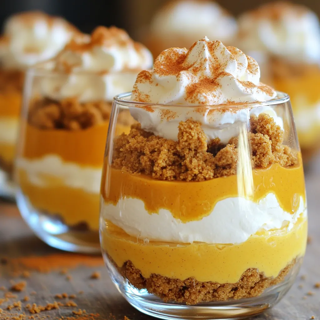 Pumpkin puree is the star of our parfaits. You need one cup of it. Use canned pumpkin or make your own. Just cook the pumpkin until it's soft and blend it smooth. This adds flavor and moisture to your dessert. Next, we need eight ounces of softened cream cheese. It gives the parfaits a rich and creamy texture. Combine it with half a cup of powdered sugar. This sweetens the mix without being too harsh. Then, add one teaspoon of vanilla extract for a lovely flavor boost. Spices make your parfaits shine. Use one teaspoon of ground cinnamon, a quarter teaspoon of ground nutmeg, and a quarter teaspoon of ground ginger. These spices add warmth and depth to the pumpkin flavor. For the fluffy texture, fold in two cups of whipped topping. You can use store-bought or make your own whipped cream. For a crunchy finish, add one cup of crushed graham crackers. This layer gives a nice texture. You may also include half a cup of chopped pecans for a nutty touch. Lastly, sprinkle additional cinnamon on top for a beautiful look and extra flavor. Start by taking a large bowl. Add 8 oz of softened cream cheese. Then, mix in 1/2 cup of powdered sugar and 1 teaspoon of vanilla extract. Use an electric mixer to beat this mixture until it is smooth and creamy. Next, add 1 cup of pumpkin puree, 1 teaspoon of ground cinnamon, 1/4 teaspoon of nutmeg, and 1/4 teaspoon of ginger. Mix everything well until it is fully combined. Take 2 cups of whipped topping and gently fold it into the pumpkin mixture. Use a spatula to combine. This step makes your filling light and fluffy. Be careful not to over-mix, as you want to keep that airy texture. Grab your serving glasses or bowls. Start with a layer of crushed graham crackers at the bottom. Use about 1/4 cup of crushed graham crackers per glass. Next, add a layer of your pumpkin cheesecake mixture on top. Aim for about 1/2 cup per layer. Repeat these layers until your glasses are full. End with a layer of the pumpkin cheesecake mixture on top. For the final touch, top each parfait with a dollop of whipped topping. Sprinkle some crushed graham crackers on that. If you like, add a few chopped pecans for crunch. Dust a little cinnamon on top for extra flavor. Serve these parfaits in clear glasses to show off those beautiful layers. You can also add a cinnamon stick for a nice touch. Start with room temperature cream cheese. Cold cream cheese does not mix well. Use an electric mixer to beat it smooth. This makes it easy to blend with sugar and vanilla. For a sweeter taste, adjust the sugar to your liking. You can add more or less powdered sugar based on your preference. Layering is key to a great parfait. Begin with the crushed graham crackers. Use a spoon to press them down slightly. This keeps the layers from mixing. Next, add the pumpkin cheesecake mixture carefully. Avoid overfilling each layer. Repeat until you reach the top. Finish with a nice swirl of whipped topping. Serve the parfaits in clear glasses. This shows off the colorful layers. For a fun touch, add a cinnamon stick to each glass. You can also sprinkle extra crushed graham crackers on top. A few chopped pecans add flavor and crunch. Remember to dust with cinnamon for a warm finish. {{image_2}} You can easily make pumpkin cheesecake parfaits gluten-free. Use gluten-free graham crackers instead of regular ones. Look for brands made from almond flour or oats. You can also use crushed nuts as a base. They add crunch and flavor. Just keep an eye on the labels to avoid gluten. To make your parfaits extra special, think about new flavors. You can add a touch of maple syrup for sweetness. This gives a lovely fall flavor. Another option is to mix in a bit of orange zest. This adds a bright taste that pairs well with pumpkin. You can also try different spices like allspice or cloves for a warm twist. Toppings really make your parfait stand out. Besides whipped topping, you can try caramel sauce. Drizzle it on top for a sweet finish. You can also use chopped pecans or walnuts for a crunch. If you want something fruity, add fresh cranberries. They give a nice tart flavor. Finally, a sprinkle of dark chocolate shavings can add richness. To keep your pumpkin cheesecake parfaits fresh, store them in the fridge. Use airtight containers or cover the glasses with plastic wrap. This will help keep the flavors intact and prevent drying out. Make sure to refrigerate them within two hours of making. If you want to freeze your parfaits, do it without the whipped topping. This keeps the texture nice. Layer the parfaits in a freezer-safe container, leaving some space at the top. You can freeze them for up to three months. When ready to eat, thaw them in the fridge overnight, then add the whipped topping before serving. Pumpkin cheesecake parfaits last about three to four days in the fridge when stored properly. If you have leftovers, be sure to check for freshness before eating. If they look or smell off, it’s best to toss them. Enjoy your treats while they are still at their best! Yes, you can make these parfaits a day ahead. Just prepare the layers and store them in the fridge. This allows the flavors to blend well. When ready to serve, add any toppings. If you need a substitute for cream cheese, try mascarpone cheese. Greek yogurt can also work, but it will change the taste. Use silken tofu for a vegan option. It gives a nice creamy texture. To make this dessert lower in calories, use low-fat cream cheese. You can also use a sugar substitute in place of powdered sugar. For the crust, try crushed almonds or oats instead of graham crackers. Yes, you can change the crust! Use crushed cookies like Oreos or vanilla wafers. A gluten-free option could be almond flour or coconut flour mixed with butter. You can even skip the crust entirely for a lighter treat. This blog post covers all the ingredients and steps needed to make delicious pumpkin parfaits. We explored the key components, from pumpkin puree to spices and toppings. I shared tips for perfect layers and great presentation. Don’t forget the variations that make this dish yours. Now you can impress anyone with this easy, tasty recipe. Enjoy creating and sharing your pumpkin parfaits!