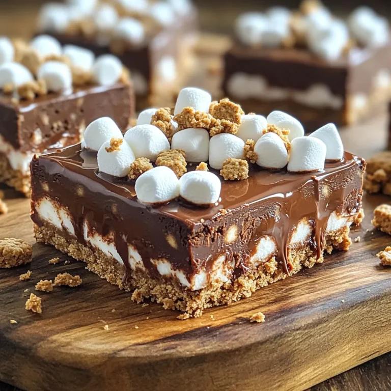 - 1 cup graham cracker crumbs - 1/2 cup unsweetened cocoa powder - 1/2 cup almond butter (or peanut butter) - 1/2 cup maple syrup - 1 teaspoon vanilla extract - 1 cup mini marshmallows - 1/2 cup milk chocolate chips - 1/4 cup crushed graham crackers (for topping) You can swap almond butter for peanut butter or cashew butter. If you want a different sweetener, use honey or agave syrup. These changes can fit your tastes or needs. To make these fudge bars, gather a few tools: - Mixing bowls - Whisk - Baking dish (8x8 inches) - Parchment paper Having the right tools helps make the process smooth and easy. Each item plays a key role in mixing ingredients and setting the fudge. First, gather your ingredients. You will mix dry and wet items separately. This method helps create a smoother fudge. Next, you will fold in the chocolate chips and marshmallows. This adds sweetness and texture. - Step 1: Mix graham cracker crumbs and cocoa powder In a medium bowl, add 1 cup of graham cracker crumbs. Then, add 1/2 cup of cocoa powder. Use a fork or whisk to mix them well. This gives your fudge a rich chocolate flavor. - Step 2: Prepare the wet mixture with nut butter and syrup In another bowl, combine 1/2 cup of almond butter and 1/2 cup of maple syrup. Also, add 1 teaspoon of vanilla extract. Whisk these ingredients together until the mixture is smooth. This blend creates a creamy base for your fudge. - Step 3: Combine mixtures and form the fudge dough Slowly add the dry mixture into the wet mixture. Stir continuously until everything is fully combined. The mixture will become thick and doughy. This texture is perfect for fudge bars. - Step 4: Forming and refrigerating the fudge Line an 8x8 inch baking dish with parchment paper. This will help you remove the fudge easily later. Press the fudge mixture into the dish evenly. Smooth the top with a spatula. - Topping with crushed graham crackers Sprinkle 1/4 cup of crushed graham crackers over the fudge. Gently press them down into the mixture. This adds a nice crunch. - Cutting into squares for serving Refrigerate the fudge for at least 2 hours. Once firm, lift it out using the parchment paper. Cut the fudge into squares and serve. Enjoy your tasty treat! - Overmixing the fudge: When you mix too much, the texture changes. You want a thick dough that holds together. Stop mixing as soon as everything is combined. - Not refrigerating long enough: If you don’t chill the fudge enough, it will be too soft. Aim for at least 2 hours in the fridge. This helps the fudge set properly. - Serving suggestions and plating ideas: For a rustic look, serve the fudge on a wooden platter. Cut it into squares for easy grabbing. - Optional garnishes: A drizzle of melted chocolate makes it shine. Extra mini marshmallows on top add a fun touch. - Freezing instructions for longer storage: To freeze the fudge, wrap it tightly in plastic wrap. Then, place it in an airtight container. It will last for up to three months. - Best practices for thawing: To thaw, take it out of the freezer and place it in the fridge overnight. This keeps the texture nice and firm. {{image_2}} You can make your fudge bars even more fun! Add a few drops of mint extract for a mint chocolate twist. This gives a fresh taste that pairs well with chocolate. You can also mix in some nuts or dried fruits. Chopped walnuts or cranberries add great texture and flavor. If you want a vegan treat, swap out dairy products. Use coconut oil instead of butter and maple syrup for sweetening. You can also choose plant-based nut butter. To make it gluten-free, use gluten-free graham crackers. This way, everyone can enjoy your fudge bars. Get creative with toppings! Try using white chocolate chips instead of milk chocolate. Butterscotch chips also add a sweet flavor. For a fun finish, sprinkle on coconut flakes or colorful sprinkles. These small changes can make your fudge bars stand out and taste amazing. To keep your No Bake S'mores Fudge Bars fresh, you should store them in the fridge. Use an airtight container to prevent them from drying out. A glass or plastic container with a tight lid works best. This helps keep the fudge moist and tasty for longer. These fudge bars will last about one week in the fridge. After that, you might notice changes in texture and flavor. Watch for signs of spoilage like a change in smell or a dry texture. If they seem hard or smell off, it's best to toss them. You can freeze these fudge bars for up to three months. To do this, cut them into squares first. Wrap each piece in plastic wrap, then place them in a freezer-safe bag. Be sure to remove as much air as possible. When you're ready to enjoy, thaw them in the fridge overnight for the best texture. Yes, you can make these bars ahead of time. They are great for meal prep. Store them in the fridge for up to a week. Use an airtight container to keep them fresh. If you want to keep them longer, freeze them. Cut them into squares before freezing for easy servings. Thaw them in the fridge overnight before enjoying. Absolutely! You can swap the milk chocolate chips for dark or dairy-free chocolate. This change will give the fudge a richer flavor. If you prefer a sweeter taste, stick with milk chocolate. For a vegan option, use dairy-free chocolate chips. This way, you can still enjoy the same great taste without dairy. Yes, you can make these bars nut-free. Instead of almond butter, try sunflower seed butter. This option gives a similar texture and taste. You can also use soy nut butter. Both alternatives work well in this recipe. Just make sure to check for allergies when serving. You can create delicious No Bake S’mores Fudge Bars with simple ingredients. We covered required items, alternatives, and tools needed. The steps guide you through mixing, shaping, and refrigerating your fudge. Don’t forget the tips for avoiding mistakes and making variations to suit your taste. Remember, proper storage keeps your fudge fresh longer. Enjoy getting creative and making this treat your own! With each bite, you taste the sweet reward of your effort.