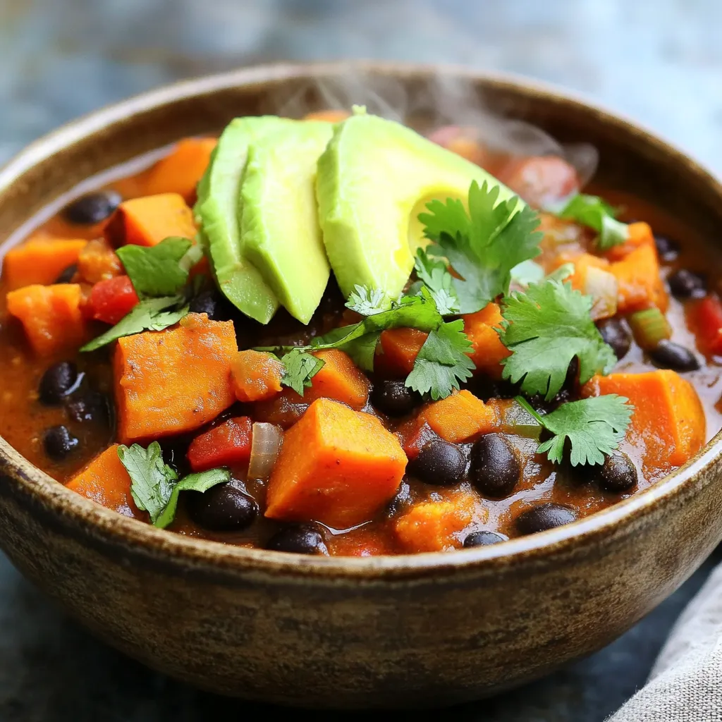 To make Slow Cooker Sweet Potato Black Bean Chili, you need these items: - 2 large sweet potatoes, peeled and diced - 1 can (15 oz) black beans, drained and rinsed - 1 can (15 oz) diced tomatoes, with juice - 1 medium onion, diced - 2 cloves garlic, minced - 1 red bell pepper, diced - 2 cups vegetable broth - 1 tablespoon chili powder - 1 teaspoon cumin - 1 teaspoon smoked paprika - 1/2 teaspoon cayenne pepper (adjust for spice preference) - Salt and pepper to taste - 1 tablespoon olive oil - Fresh cilantro and avocado for garnish Using good-quality ingredients makes a big difference. Choose organic sweet potatoes for better flavor. Fresh herbs add brightness, so look for vibrant cilantro. Canned beans should have no added sugar or preservatives. Always check the label for quality. Fresh garlic and onion enhance the taste, so avoid pre-chopped versions. The better the ingredients, the more delicious your chili will be. You can easily swap out some ingredients. If you’re out of sweet potatoes, try butternut squash. Any beans work, so use pinto or kidney beans instead of black. If you want to skip the canned tomatoes, fresh diced tomatoes are a great choice. For a smoky flavor, use liquid smoke in place of smoked paprika. Adjust the spices based on your taste. First, gather all your ingredients. You will need: - 2 large sweet potatoes, peeled and diced - 1 can (15 oz) black beans, drained and rinsed - 1 can (15 oz) diced tomatoes, with juice - 1 medium onion, diced - 2 cloves garlic, minced - 1 red bell pepper, diced - 2 cups vegetable broth - 1 tablespoon chili powder - 1 teaspoon cumin - 1 teaspoon smoked paprika - 1/2 teaspoon cayenne pepper (adjust for spice preference) - Salt and pepper to taste - 1 tablespoon olive oil - Fresh cilantro and avocado for garnish Start by heating the olive oil in a skillet over medium heat. Add the diced onion. Sauté for about five minutes until it turns translucent. This will build a nice base flavor. Next, add the minced garlic and diced red bell pepper. Cook them together for another two to three minutes. You want the aroma to fill your kitchen. Now, transfer all your sautéed mix to the slow cooker. In the slow cooker, combine the diced sweet potatoes, black beans, and diced tomatoes with their juice. Pour in the vegetable broth. This will create a rich and hearty base. Next, season your mix with chili powder, cumin, smoked paprika, cayenne pepper, salt, and pepper. Stir everything well so the flavors can blend. It's important to cover the slow cooker with the lid. Cook it on low for six to eight hours or on high for three to four hours. The sweet potatoes should be tender when done. Once the cooking time is up, taste your chili. Adjust seasonings if needed. This is where you can make it your own. Serve it hot. Garnish with fresh cilantro and slices of avocado. The avocado adds creaminess. Enjoy your bowl of sweet potato black bean chili! You can adjust the cooking time based on your schedule. If you cook on low, plan for 6-8 hours. If you need it faster, use the high setting for 3-4 hours. Check the sweet potatoes to ensure they are soft. They should easily break apart when pressed with a fork. This helps make sure your chili has the perfect texture. To boost the flavor, consider adding more spices. A dash of extra chili powder can increase the heat. You can also add a bit of lime juice before serving. This will brighten the taste. For a smoky flavor, try adding a bit more smoked paprika. These small tweaks can make a big difference in your chili. Serve the chili hot in bowls. Top it with fresh cilantro for a pop of color. Slices of avocado add creaminess and balance the heat. You can also serve it with cornbread or tortilla chips for crunch. This chili pairs well with a side salad for a fresh touch. Enjoying it with friends makes the meal even better! {{image_2}} You can boost the nutrition of this chili by adding more vegetables. Consider diced carrots, zucchini, or corn. These veggies add color and flavor. You can also toss in some kale or spinach near the end. This keeps them bright and fresh. Feel free to get creative with what you have at home. Want to make this chili heartier? Add some protein! Cooked ground turkey or beef works great. If you prefer plant-based options, try adding lentils or quinoa. Both options add texture and protein. Just make sure to adjust the cooking time. You want everything to cook evenly. This recipe is already vegetarian and vegan-friendly. To keep it that way, avoid any meat additions. You can also check your broth to ensure it is plant-based. Use vegetable broth for a rich flavor. For extra creaminess, add a dollop of dairy-free yogurt or cashew cream when serving. These small tweaks can elevate your dish. After making your chili, let it cool. Once cool, transfer it to an airtight container. Store it in the fridge for up to five days. This keeps the flavors fresh and safe. You can freeze leftover chili for later. Use freezer-safe containers or bags. Make sure to leave some space for expansion. It will stay good for about three months. To enjoy, just thaw it overnight in the fridge. To reheat, you can use the stove or microwave. For the stove, heat it in a pot over medium heat. Stir often until warmed through. If using a microwave, place it in a bowl and cover it. Heat in short bursts, stirring in between. This helps it heat evenly. Enjoy your chili warm! Yes, you can make this chili on the stovetop. Start by heating olive oil in a pot. Sauté the onion, garlic, and bell pepper just like in the slow cooker method. Then, add the sweet potatoes, beans, tomatoes, and broth. Season well and bring to a boil. Lower the heat and let it simmer for about 30 minutes. Stir often until the sweet potatoes soften. To store leftover chili, first let it cool. Then, transfer it to an airtight container. You can keep it in the fridge for up to five days. If you want to store it longer, freeze it. Use freezer-safe containers or bags. It can last for three months in the freezer. Absolutely! If you want more heat, add extra cayenne pepper or chili powder. You can also mix in some diced jalapeños or hot sauce. Taste as you go to ensure you reach your desired spice level. This chili pairs well with many sides. You can serve it with cornbread or crusty bread. Rice or quinoa also makes great options. For a fresh touch, add a simple salad. Don't forget to top it with avocado and cilantro for added flavor. When using a slow cooker, cooking on low takes about 6-8 hours. If you are short on time, cooking on high takes about 3-4 hours. Both methods will yield tender sweet potatoes and a flavorful chili. This blog post covers everything you need for a great chili. We looked at key ingredients, their quality, and possible swaps. I outlined the steps for prep, slow cooking, and serving. You learned tips for adjusting cook times and enhancing flavors. We explored variations with extra veggies, proteins, and vegan options. Finally, I shared the best ways to store and reheat leftovers. Make your chili unique and delicious. With these tips, you can enjoy tasty meals anytime.
