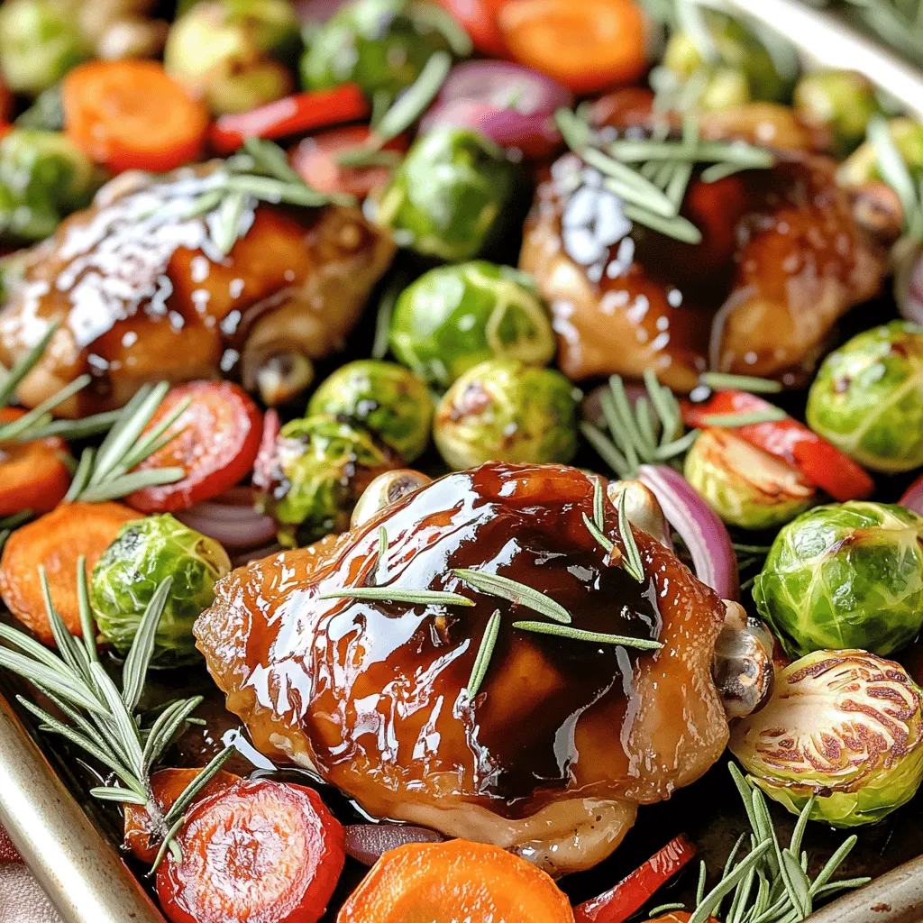 - 4 boneless, skinless chicken thighs - 2 cups Brussels sprouts, halved - 1 bell pepper (red or yellow), sliced - 1 medium red onion, cut into wedges - 2 carrots, peeled and sliced into thin rounds - 1/4 cup balsamic vinegar - 2 tablespoons honey - 3 tablespoons olive oil - 4 cloves garlic, minced - Salt and pepper to taste - Fresh rosemary or thyme, for garnish You can swap chicken thighs for chicken breasts if you prefer. Chicken breasts will cook faster, so check them early. If you want a different taste, try using turkey thighs. For veggies, you can easily replace Brussels sprouts with green beans or broccoli. Use seasonal veggies for the best flavor. As for the balsamic vinegar, apple cider vinegar works well, too, for a tangy twist. Fresh ingredients really boost flavor. Using vibrant, crisp vegetables makes your dish more colorful and tasty. The balsamic vinegar adds a sweet and tangy kick to the chicken and veggies. Its rich depth of flavor enhances every bite, giving you a dish that's both simple and gourmet. When you pick high-quality ingredients, you make every meal special. First, preheat your oven to 400°F (200°C). A hot oven cooks the chicken and veggies well. Next, grab a large sheet pan and line it with parchment paper. This step makes cleanup easy and keeps your food from sticking. In a small bowl, whisk together the balsamic vinegar, honey, olive oil, minced garlic, salt, and pepper. This mix creates a sweet and tangy glaze. To balance flavors, taste it as you mix. You want a nice blend of sweet and savory. Now, let’s put it all together. Place the chicken thighs on one side of the sheet pan. Pour half of the balsamic glaze over the chicken. Make sure to coat them well for flavor. On the other side, arrange the Brussels sprouts, bell pepper, red onion, and carrots. Drizzle the rest of the glaze over the veggies and toss them. This ensures they get an even coating. Bake in your preheated oven for 25-30 minutes. The chicken should reach an internal temperature of 165°F (75°C). This means it’s safe to eat. The veggies should be tender and caramelized. To check for doneness, use a meat thermometer for the chicken. Remove everything from the oven and let it rest for a few minutes before serving. To cook chicken perfectly, use an internal temperature guide. Always aim for 165°F (75°C). This ensures your chicken is safe to eat while remaining juicy. If you want crispy skin, choose chicken thighs with skin. Start by patting the skin dry. Then, season it well with salt and pepper. Place the chicken skin-side up. This helps the skin get nice and crispy as it cooks. For the best caramelization, cut your vegetables evenly. This helps them cook at the same rate. Use a high oven temperature, like 400°F (200°C), to help them brown nicely. Timing is key for veggies. Add denser vegetables first, like carrots and Brussels sprouts. They need more time to cook. The bell pepper and onion can go in later, as they cook faster. This way, all the veggies will be tender and sweet. Garnishing can really elevate your dish. Fresh rosemary or thyme adds color and aroma. Sprinkle these herbs on top before serving. For serving suggestions, pair your chicken and veggies with rice or quinoa. This adds a nice base. You can also serve a simple salad on the side for extra freshness. Enjoy your meal! {{image_2}} You can change the veggies based on what is fresh. For spring, add asparagus or snap peas. In summer, use zucchini or cherry tomatoes. Fall brings squash, and winter is great for root veggies like parsnips. Each season offers a new taste for your dish. Try different marinades to switch things up. You might use soy sauce for an Asian twist. A citrus marinade can brighten the flavors. Experiment and find what you like best! Add spices or fresh herbs to change the taste. Paprika or cumin can give a warm kick. Fresh basil or dill adds a nice touch. Mix and match to create flavors that excite you. You can also adjust the sweetness. If you prefer less sweetness, cut back on honey. For a sweeter glaze, add more honey or even maple syrup. This gives you full control over your dish's flavor. Leftovers can become new meals! Shred the chicken and add it to salads or wraps. You can also use the veggies in a stir-fry. This way, nothing goes to waste, and you save time. Freezing is another option. Store the dish in airtight containers. When you're ready to eat, thaw it in the fridge overnight. Reheat it in the oven for the best texture. Enjoy your delicious meal again! To keep your leftovers fresh, store them in the fridge. Use airtight containers to lock in moisture. Glass or BPA-free plastic containers work best. Let the dish cool to room temperature before sealing. This helps prevent condensation and sogginess. If you want to freeze your dish, first let it cool completely. Place it in freezer-safe containers. Label them with the date for easy tracking. When you're ready to eat, thaw it in the fridge overnight. Reheat it in the oven at 350°F (175°C) until hot. This keeps the chicken and veggies tasty. In the fridge, your dish will last about 3-4 days. Check for any off smells or changes in texture. If the chicken looks dry or the veggies appear mushy, it's time to toss it. Always trust your senses when checking for spoilage. The total time to cook this dish is about 40 minutes. You will need 10 minutes to prep the ingredients. After that, bake the chicken and veggies for 25-30 minutes. Always check the chicken's internal temperature. It should reach 165°F (75°C) for safe eating. Yes, you can use chicken breasts. They cook faster than thighs. Breasts are leaner but can dry out if overcooked. Thighs have more flavor and stay juicy. Choose what you like best for this dish. Brussels sprouts, bell peppers, red onions, and carrots work great. You can also try zucchini, asparagus, or sweet potatoes. Mix and match veggies based on what you have. Seasonal veggies can add new flavors. Yes, this recipe is gluten-free. The ingredients do not contain gluten. Always check the labels on any sauces or vinegars you use. This ensures there are no hidden gluten ingredients. Enjoy this dish worry-free! This recipe for Sheet Pan Balsamic Glazed Chicken & Veggies is simple and tasty. You learned about the key ingredients and how each enhances flavor. We also covered cooking methods, tips for perfect chicken, and creative variations. Remember, quality matters, so choose fresh ingredients. With these tools, you can make a meal that delights. Enjoy trying new flavors and sharing your dishes. Cooking can be fun and rewarding, so don’t hesitate to experiment!