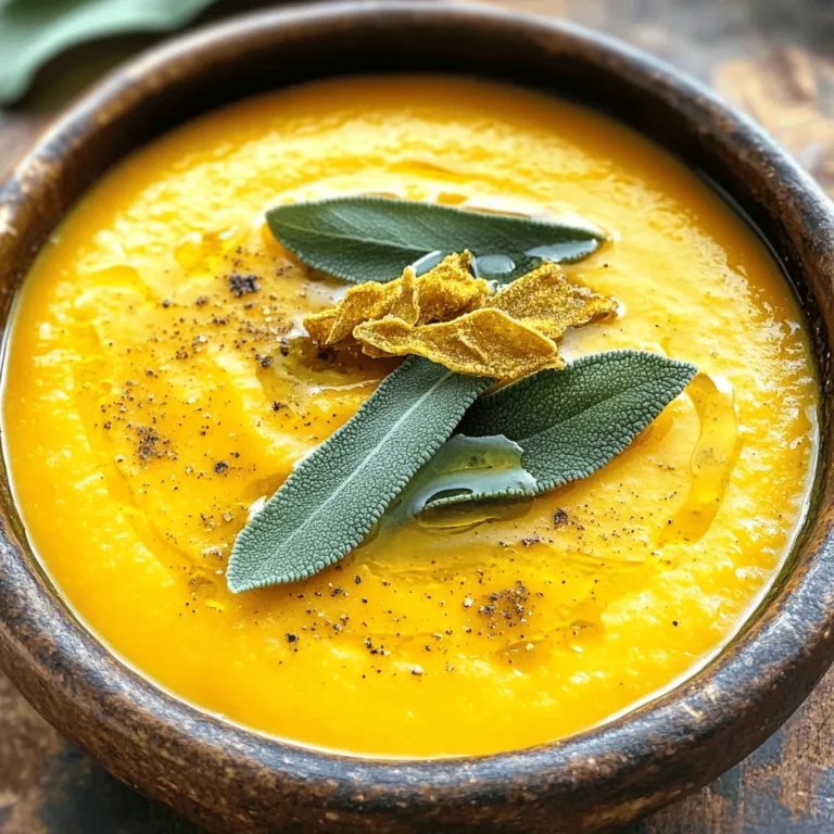 - 1 medium butternut squash, peeled and diced - 1 tablespoon olive oil - 1 onion, chopped - 2 cloves garlic, minced - 4 cups vegetable broth - 1 teaspoon ground cumin - 1 teaspoon ground ginger - Salt and pepper to taste - 10 fresh sage leaves - 2 tablespoons butter - 1/2 cup coconut milk (optional for creaminess) Butternut squash is the star here. It has a sweet, nutty flavor. The squash gives the soup a nice, creamy texture. Onion adds depth, while garlic brings a fragrant note. Vegetable broth keeps it light and adds flavor. Ground cumin and ginger add warmth and spice. Fresh sage creates a lovely herbal touch. Butter helps crisp the sage and adds richness. Coconut milk is optional but adds creaminess. You can use other squash types like acorn or pumpkin. For a different flavor, try chicken broth instead of vegetable broth. If you want less sweetness, skip the coconut milk or use regular cream. If you’re out of sage, thyme or parsley can also work well. For a spicier kick, add a pinch of cayenne or chili powder. First, gather your ingredients. You will need: - 1 medium butternut squash, peeled and diced - 1 tablespoon olive oil - 1 onion, chopped - 2 cloves garlic, minced - 4 cups vegetable broth - 1 teaspoon ground cumin - 1 teaspoon ground ginger - Salt and pepper to taste - 10 fresh sage leaves - 2 tablespoons butter - 1/2 cup coconut milk (optional for creaminess) Start by peeling and dicing the butternut squash. Dice it into small cubes for even cooking. Next, chop the onion and mince the garlic. This will help the flavors mix well in the pot. In a large pot, heat the olive oil over medium heat. Add the chopped onion and sauté for about 5 minutes. Cook it until it turns translucent. Now, add the minced garlic and cook for one more minute. You want to smell that lovely aroma! Next, add the diced butternut squash, vegetable broth, ground cumin, and ground ginger into the pot. Stir everything well. Bring the mixture to a boil, then reduce the heat. Let it simmer for about 20 to 25 minutes. Check the squash for tenderness with a fork; it should be soft. Once the squash is tender, remove the pot from heat. Use an immersion blender to blend the soup until it’s smooth. If you have a regular blender, carefully transfer the soup in batches. If you want extra creaminess, stir in the coconut milk now. Season it with salt and pepper to your taste. For the crispy sage, take a small pan and melt the butter over medium heat. Add the fresh sage leaves and fry them for 2 to 3 minutes. They should turn crispy. Remove them and place on a paper towel to drain any excess oil. Now, your soup is ready! Serve it hot, garnished with those crispy sage leaves on top. Enjoy the warm, comforting flavors! To get the best taste from your butternut squash soup, focus on fresh ingredients. Start with a ripe butternut squash. Look for one that feels heavy and has smooth skin. Roast the squash for deeper flavor if you have time. Use quality vegetable broth to enhance the soup's richness. Ground spices like cumin and ginger add warmth. Always taste and adjust salt and pepper at the end. This way, you can balance flavors just right. For a silky texture, you can use an immersion blender. This tool is easy and fast. Just blend the soup right in the pot. If you use a regular blender, let the soup cool first. Fill the blender halfway to avoid spills. Blend in small batches for safety. If you want extra creaminess, add coconut milk at the end. It gives a nice touch without being too heavy. Crispy sage leaves brighten up the soup. To make them, use fresh sage and good butter. Heat the butter in a pan over medium heat. Add the sage leaves when the butter starts to bubble. Fry them for 2-3 minutes until crispy. Be careful not to burn them. Drain the leaves on a paper towel. This will keep them crunchy. Sprinkle the crispy sage on top of the soup just before serving. It adds a lovely, earthy flavor. {{image_2}} You can make this soup even better by adding more veggies. Carrots, sweet potatoes, and even parsnips mix well with butternut squash. Each of these adds a nice touch. For example, carrots give sweetness, while sweet potatoes add creaminess. Just chop them up and add them when you cook the squash. Make sure to adjust the cooking time if you use tougher veggies. If you want a richer soup, try different creamy options. Besides coconut milk, you can use heavy cream or half-and-half. These will make your soup smooth and rich. If you want a lighter choice, use unsweetened almond milk or oat milk. Both give a nice flavor without too many calories. Add these at the end to keep them fresh. Spicing up your soup can change everything. You can add a pinch of nutmeg for warmth. Or, try a bit of cayenne pepper for heat. If you like herbs, fresh thyme or rosemary work great too. Just remember to start with a little. You can always add more if you want a stronger flavor. Each spice gives your soup a new twist, making it exciting every time you make it. To store leftover soup, let it cool first. Pour it into a clean container. Seal it tightly and place it in the fridge. It will stay fresh for about three to five days. Make sure to label your container with the date. This way, you remember when you made it. When you’re ready to enjoy the soup, take it out of the fridge. Pour the soup into a pot. Heat it over medium heat, stirring often. You want it hot, but do not let it boil. If you have a microwave, you can heat it there, too. Use a microwave-safe bowl and cover it. Heat in short bursts, stirring in between. If you want to freeze the soup, use an airtight container. Leave a bit of space at the top for expansion. The soup can last up to three months in the freezer. When you are ready to eat it, thaw it overnight in the fridge. Reheat it as mentioned before. You will still enjoy that rich flavor! Yes, you can use frozen butternut squash. It saves time and is still tasty. Just thaw it before you start cooking. Add it to the pot with the broth. Frozen squash will blend well and create a smooth soup. To spice up your soup, add chili powder or cayenne pepper. Start with a small amount and taste. You can also add fresh ginger for a warm kick. If you like heat, try adding jalapeño during cooking. This soup pairs well with crusty bread or a fresh salad. A grilled cheese sandwich is also great. For a light option, serve it with a side of roasted veggies. Enjoy your meal with a sprinkle of pumpkin seeds for crunch! This blog post covered key ingredients for butternut squash soup, how to prepare, and tips for the best flavor. You learned about substitutions, variations, and storage options. Keep experimenting with flavors and textures in your soup. Don't hesitate to make it your own! With these steps, you can create a delicious dish that others will love. Enjoy your cooking journey!