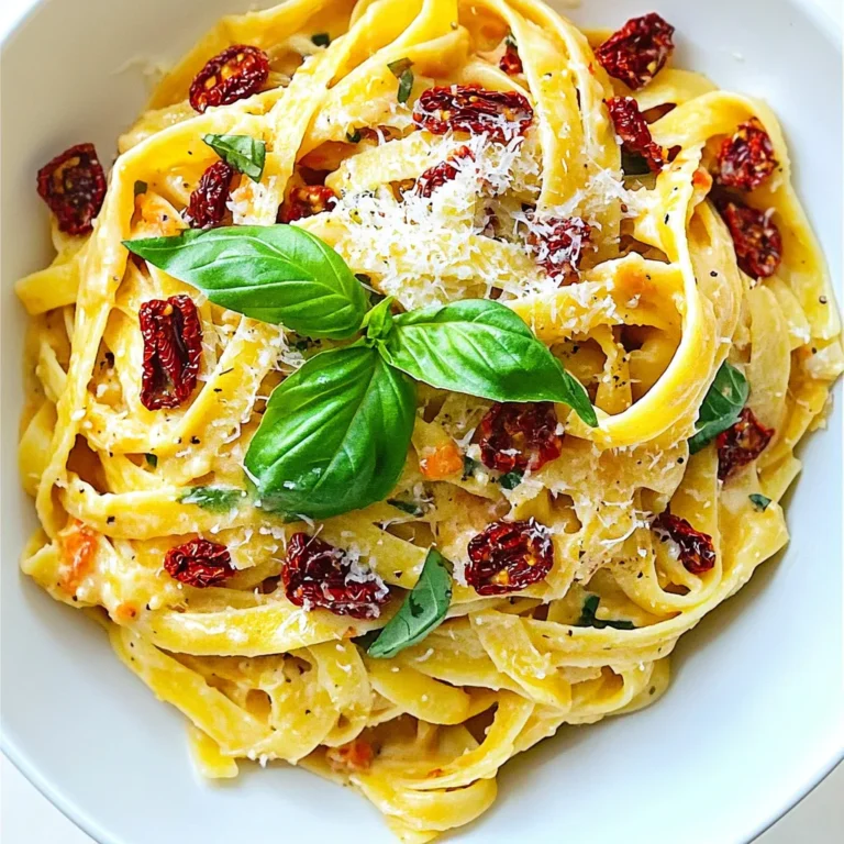 To make Creamy Sun Dried Tomato Pasta, gather these key items: - 12 oz fettuccine or spaghetti - 1 cup sun-dried tomatoes, chopped - 1 cup heavy cream - 1 cup vegetable broth - 1 tablespoon olive oil - 3 cloves garlic, minced - 1 teaspoon dried basil - 1 teaspoon dried oregano - 1/2 teaspoon crushed red pepper flakes (optional) - 1/2 cup grated Parmesan cheese - Salt and pepper to taste - Fresh basil leaves for garnish You can swap ingredients based on what you have: - Use penne or rotini instead of fettuccine or spaghetti. - Try coconut cream for a dairy-free version. - Use chicken broth instead of vegetable broth for added flavor. - Fresh basil can replace dried basil if you have it on hand. To cook this dish efficiently, you will need: - A large pot or deep skillet for cooking. - A wooden spoon for stirring. - A measuring cup for the cream and broth. - A cutting board and knife for chopping tomatoes and garlic. - A grater for the Parmesan cheese. These ingredients and tools will help ensure your pasta turns out creamy and delicious! 1. Heat 1 tablespoon of olive oil in a large pot over medium heat. 2. Add 3 cloves of minced garlic and sauté for 1 minute. 3. Add 1 cup of chopped sun-dried tomatoes. Stir for 1 more minute. 4. Pour in 1 cup of vegetable broth. Bring this mixture to a gentle simmer. 5. Add 12 oz of fettuccine or spaghetti to the pot. Make sure it's all submerged. 6. Cook the pasta for 10-12 minutes. Stir occasionally to keep it from sticking. 7. Once the pasta is al dente, lower the heat. Slowly add 1 cup of heavy cream. 8. Mix in 1 teaspoon of dried basil and 1 teaspoon of dried oregano. 9. If you like a kick, add 1/2 teaspoon of crushed red pepper flakes. 10. Cook for an extra 3-4 minutes until the sauce thickens. 11. Stir in 1/2 cup of grated Parmesan cheese until it melts. 12. Season with salt and pepper to taste. 13. Remove from heat and garnish with fresh basil leaves. - Prep all your ingredients before you start cooking. This saves time. - While the pasta cooks, clean up any mess. This keeps your workspace tidy. - Plan to serve right after you finish cooking. This keeps the pasta creamy. - Sautéing garlic in olive oil adds deep flavor. Keep an eye on it to avoid burning. - Stirring the pasta occasionally helps it cook evenly and prevents sticking. - Lowering the heat before adding cream keeps the sauce from curdling. - Adding cheese off the heat allows it to melt smoothly into the sauce. To make your creamy sun-dried tomato pasta rich, use heavy cream. It blends well with the sun-dried tomatoes and cheese. Stir in the cream slowly. This helps keep the sauce smooth. If you want even more creaminess, add a bit more cheese at the end. Parmesan melts nicely and thickens the sauce. You can prep this dish ahead of time. Cook the pasta and sauce separately. Store them in the fridge. When you’re ready to eat, combine them in a pot. Heat gently, adding a splash of broth or cream to help it blend again. This method keeps the pasta from getting mushy. Serve this pasta in deep bowls. Drizzle with olive oil for shine. A sprinkle of grated Parmesan on top adds flavor and looks nice. For a pop of color, add fresh basil leaves as a garnish. This makes each plate look fresh and inviting. {{image_2}} You can easily add protein to your creamy sun-dried tomato pasta. Chicken is a great choice. Just dice cooked chicken and mix it in at the end. Shrimp is another tasty option. Sauté shrimp in olive oil before adding the garlic. This gives you a nice flavor boost. You can also use cooked sausage for a heartier dish. Just slice it and add it to the pot. If you prefer a vegetarian option, you can skip the meat altogether. Try adding extra vegetables like spinach or zucchini. These add color and nutrition to your meal. You can also use chickpeas for a protein-rich option. Just toss them in with the pasta. Another idea is to replace the heavy cream with a plant-based cream. This makes the dish vegan-friendly. To make your sauce even better, consider a few enhancements. Adding a splash of white wine can elevate the flavor. Just pour it in after the garlic and let it simmer. You can also play with the herbs. Fresh herbs like thyme or parsley can brighten the dish. For a spicy kick, add more crushed red pepper flakes. If you want a tangy twist, a squeeze of lemon juice works wonders. Mix and match these ideas to create your perfect creamy sun-dried tomato pasta. To keep your creamy sun-dried tomato pasta fresh, let it cool first. Use an airtight container. This helps keep the flavors and texture. Store it in the fridge for up to three days. When you're ready to enjoy leftovers, put the pasta in a pot. Add a splash of water or extra cream. Heat it on low, stirring often. This keeps it creamy and prevents burning. You can also use the microwave. Heat it in short bursts, stirring in between. If you want to freeze your pasta, make sure it is cool. Use a freezer-safe container, leaving some space at the top. It will expand as it freezes. You can freeze it for up to three months. To thaw, move it to the fridge overnight. Reheat it as mentioned above. Enjoy your creamy pasta later! Yes, you can use fresh tomatoes. However, fresh tomatoes will change the flavor and texture. Sun-dried tomatoes add a rich, intense taste that fresh ones lack. If you choose fresh tomatoes, use about 2 cups, diced. Cook them until soft before adding the broth to enhance the flavor. To lighten this creamy sun-dried tomato pasta, try these tips: - Swap heavy cream for half-and-half or a plant-based cream. - Use whole wheat pasta for added fiber. - Reduce the amount of cheese or skip it entirely. - Add more veggies like spinach or zucchini for bulk without calories. These changes will keep the dish tasty and satisfying. This dish pairs well with several sides: - A simple green salad with vinaigrette. - Garlic bread for a crunchy bite. - Roasted vegetables like asparagus or broccoli. - Grilled chicken or shrimp for extra protein. These options enhance the meal and make it more filling. In summary, we covered the key ingredients, cooking steps, and storage tips for this dish. You learned how to make it creamy and flavorful through best practices and variations. Remember, you can mix proteins or go vegetarian based on your taste. Store safely and enjoy later with the reheating tips. This dish is versatile and can be adapted to suit your needs. Happy cooking!