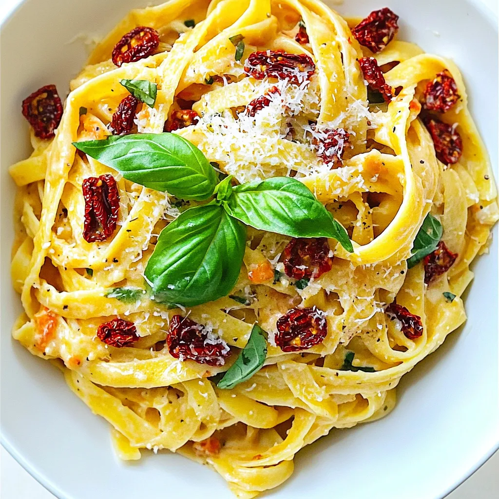 To make Creamy Sun Dried Tomato Pasta, gather these key items: - 12 oz fettuccine or spaghetti - 1 cup sun-dried tomatoes, chopped - 1 cup heavy cream - 1 cup vegetable broth - 1 tablespoon olive oil - 3 cloves garlic, minced - 1 teaspoon dried basil - 1 teaspoon dried oregano - 1/2 teaspoon crushed red pepper flakes (optional) - 1/2 cup grated Parmesan cheese - Salt and pepper to taste - Fresh basil leaves for garnish You can swap ingredients based on what you have: - Use penne or rotini instead of fettuccine or spaghetti. - Try coconut cream for a dairy-free version. - Use chicken broth instead of vegetable broth for added flavor. - Fresh basil can replace dried basil if you have it on hand. To cook this dish efficiently, you will need: - A large pot or deep skillet for cooking. - A wooden spoon for stirring. - A measuring cup for the cream and broth. - A cutting board and knife for chopping tomatoes and garlic. - A grater for the Parmesan cheese. These ingredients and tools will help ensure your pasta turns out creamy and delicious! 1. Heat 1 tablespoon of olive oil in a large pot over medium heat. 2. Add 3 cloves of minced garlic and sauté for 1 minute. 3. Add 1 cup of chopped sun-dried tomatoes. Stir for 1 more minute. 4. Pour in 1 cup of vegetable broth. Bring this mixture to a gentle simmer. 5. Add 12 oz of fettuccine or spaghetti to the pot. Make sure it's all submerged. 6. Cook the pasta for 10-12 minutes. Stir occasionally to keep it from sticking. 7. Once the pasta is al dente, lower the heat. Slowly add 1 cup of heavy cream. 8. Mix in 1 teaspoon of dried basil and 1 teaspoon of dried oregano. 9. If you like a kick, add 1/2 teaspoon of crushed red pepper flakes. 10. Cook for an extra 3-4 minutes until the sauce thickens. 11. Stir in 1/2 cup of grated Parmesan cheese until it melts. 12. Season with salt and pepper to taste. 13. Remove from heat and garnish with fresh basil leaves. - Prep all your ingredients before you start cooking. This saves time. - While the pasta cooks, clean up any mess. This keeps your workspace tidy. - Plan to serve right after you finish cooking. This keeps the pasta creamy. - Sautéing garlic in olive oil adds deep flavor. Keep an eye on it to avoid burning. - Stirring the pasta occasionally helps it cook evenly and prevents sticking. - Lowering the heat before adding cream keeps the sauce from curdling. - Adding cheese off the heat allows it to melt smoothly into the sauce. To make your creamy sun-dried tomato pasta rich, use heavy cream. It blends well with the sun-dried tomatoes and cheese. Stir in the cream slowly. This helps keep the sauce smooth. If you want even more creaminess, add a bit more cheese at the end. Parmesan melts nicely and thickens the sauce. You can prep this dish ahead of time. Cook the pasta and sauce separately. Store them in the fridge. When you’re ready to eat, combine them in a pot. Heat gently, adding a splash of broth or cream to help it blend again. This method keeps the pasta from getting mushy. Serve this pasta in deep bowls. Drizzle with olive oil for shine. A sprinkle of grated Parmesan on top adds flavor and looks nice. For a pop of color, add fresh basil leaves as a garnish. This makes each plate look fresh and inviting. {{image_2}} You can easily add protein to your creamy sun-dried tomato pasta. Chicken is a great choice. Just dice cooked chicken and mix it in at the end. Shrimp is another tasty option. Sauté shrimp in olive oil before adding the garlic. This gives you a nice flavor boost. You can also use cooked sausage for a heartier dish. Just slice it and add it to the pot. If you prefer a vegetarian option, you can skip the meat altogether. Try adding extra vegetables like spinach or zucchini. These add color and nutrition to your meal. You can also use chickpeas for a protein-rich option. Just toss them in with the pasta. Another idea is to replace the heavy cream with a plant-based cream. This makes the dish vegan-friendly. To make your sauce even better, consider a few enhancements. Adding a splash of white wine can elevate the flavor. Just pour it in after the garlic and let it simmer. You can also play with the herbs. Fresh herbs like thyme or parsley can brighten the dish. For a spicy kick, add more crushed red pepper flakes. If you want a tangy twist, a squeeze of lemon juice works wonders. Mix and match these ideas to create your perfect creamy sun-dried tomato pasta. To keep your creamy sun-dried tomato pasta fresh, let it cool first. Use an airtight container. This helps keep the flavors and texture. Store it in the fridge for up to three days. When you're ready to enjoy leftovers, put the pasta in a pot. Add a splash of water or extra cream. Heat it on low, stirring often. This keeps it creamy and prevents burning. You can also use the microwave. Heat it in short bursts, stirring in between. If you want to freeze your pasta, make sure it is cool. Use a freezer-safe container, leaving some space at the top. It will expand as it freezes. You can freeze it for up to three months. To thaw, move it to the fridge overnight. Reheat it as mentioned above. Enjoy your creamy pasta later! Yes, you can use fresh tomatoes. However, fresh tomatoes will change the flavor and texture. Sun-dried tomatoes add a rich, intense taste that fresh ones lack. If you choose fresh tomatoes, use about 2 cups, diced. Cook them until soft before adding the broth to enhance the flavor. To lighten this creamy sun-dried tomato pasta, try these tips: - Swap heavy cream for half-and-half or a plant-based cream. - Use whole wheat pasta for added fiber. - Reduce the amount of cheese or skip it entirely. - Add more veggies like spinach or zucchini for bulk without calories. These changes will keep the dish tasty and satisfying. This dish pairs well with several sides: - A simple green salad with vinaigrette. - Garlic bread for a crunchy bite. - Roasted vegetables like asparagus or broccoli. - Grilled chicken or shrimp for extra protein. These options enhance the meal and make it more filling. In summary, we covered the key ingredients, cooking steps, and storage tips for this dish. You learned how to make it creamy and flavorful through best practices and variations. Remember, you can mix proteins or go vegetarian based on your taste. Store safely and enjoy later with the reheating tips. This dish is versatile and can be adapted to suit your needs. Happy cooking!