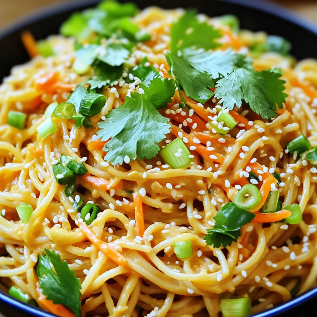 - 8 oz whole wheat spaghetti or noodles of your choice - 1/4 cup creamy peanut butter - 2 tablespoons low sodium soy sauce - 2 tablespoons sesame oil - 1 tablespoon rice vinegar - 1 tablespoon honey or maple syrup - 1 teaspoon minced garlic - 1 teaspoon grated fresh ginger - 1/4 teaspoon red pepper flakes - 1 cup shredded carrots - 1/2 cup chopped green onions - 1/4 cup toasted sesame seeds - Fresh cilantro leaves for garnish The main stars of this dish are whole wheat spaghetti and creamy peanut butter. Whole wheat spaghetti gives a nice nutty flavor and a healthy boost. You can also use other noodles, like rice noodles or even zoodles for a low-carb option. Creamy peanut butter adds richness and creaminess to the sauce. Low sodium soy sauce keeps the dish salty but not too salty. If you want a gluten-free option, use tamari instead. Sesame oil brings a warm, nutty flavor that makes this dish come alive. Rice vinegar adds a zesty touch to balance the richness of peanut butter and honey. - Fresh vegetables to enhance nutrition - Seeds and nuts for added texture - Herbs and spices for customization Adding fresh veggies like shredded carrots and chopped green onions boosts the nutrition. You can also throw in bell peppers, cucumbers, or snap peas for added crunch and color. Seeds, like toasted sesame seeds or chopped peanuts, give a fun texture. If you want to play with flavors, add fresh herbs like cilantro or mint. You can even spice it up with chili sauce or more red pepper flakes if you like heat. These optional ingredients let you make the dish your own! To start, fill a large pot with water and bring it to a boil. Make sure you add enough water for the noodles to move freely. Use about four quarts of water for eight ounces of noodles. This keeps them from sticking together. Once the water is boiling, add the whole wheat spaghetti or your favorite noodles. Cook them according to the package instructions. Usually, cooking time is about 8 to 10 minutes. To ensure they stay al dente, taste a noodle a minute or two before the time is up. After cooking, drain the noodles in a colander. Rinse them under cold water right away. This stops the cooking process and keeps them firm. It’s an easy step that makes a big difference! Now, let's whip up the peanut sauce! Grab a small bowl and add the creamy peanut butter. Then, pour in the low sodium soy sauce, sesame oil, rice vinegar, and honey or maple syrup. Use a whisk to mix these ingredients until they are smooth and well combined. If you want a creamier sauce, add a bit of warm water, one tablespoon at a time. This helps the sauce blend better and coat your noodles nicely. Don’t forget to add the minced garlic, grated ginger, and red pepper flakes. These ingredients add great flavor. Adjust the red pepper flakes to your taste for a kick! Now comes the fun part! In a large mixing bowl, add your drained noodles. Pour the peanut sauce over them. Use tongs or two forks to toss the noodles. Tossing helps the sauce coat every noodle evenly. Next, fold in the shredded carrots and chopped green onions. Gently mix them so they spread throughout the dish. This adds color, crunch, and nutrition. Finally, serve the noodles in a bowl or on plates. Top with toasted sesame seeds and fresh cilantro leaves for a beautiful finish. Enjoy your tasty creation! To make the best Minute Sesame Peanut Noodles, cook your noodles al dente. This means they should be slightly firm when you bite into them. Overcooked noodles turn mushy and lose their appeal. - Boil water first: Always start with a big pot of boiling water. This helps the noodles cook evenly. - Check the time: Follow the package directions for cooking time. Test a noodle a minute before the time is up. After cooking, rinse the noodles under cold water. This stops the cooking process and helps avoid sticky noodles. The peanut sauce is where you can get creative. You can adjust sweetness and spice levels to fit your taste. - Sweetness: Add more honey or maple syrup for a sweeter sauce. - Spice: If you like heat, increase the red pepper flakes. You can also try different nut butters. Almond butter or cashew butter works well, too. If you want a different flavor, use tahini or sunflower seed butter. Presentation makes your meal more appealing. Serve your noodles in a big bowl or on individual plates. - Garnish: Top with toasted sesame seeds and fresh cilantro for color and flavor. - Pairing: You can add fresh veggies or a side salad for extra crunch. Feel free to explore with toppings like sliced bell peppers, bean sprouts, or crushed peanuts. Each adds a unique twist to your meal! {{image_2}} You can make this dish gluten-free and still enjoy its great taste. Just swap out the whole wheat spaghetti for gluten-free noodles. Brands like rice or corn pasta work well. If you want a low-carb option, try using zucchini noodles. They’re fresh and light, and they soak up the sauce nicely. For sauce alternatives, if you need to avoid soy, use coconut aminos. This option is gluten-free and gives a similar flavor. You can also try sunflower seed butter instead of peanut butter for a nut-free option. Adding protein makes this dish even better. You can toss in cooked chicken, tofu, or shrimp. If you choose chicken, grill or sauté it first. For tofu, press it to remove excess water, then cube and pan-fry until golden. Shrimp cooks quickly. Just sauté them in a pan for about two to three minutes until pink. Mix your protein in with the noodles and sauce for a complete meal. Change up your veggies based on the season. In spring, add snap peas or asparagus for a crisp bite. Summer is perfect for bell peppers or cherry tomatoes that add color and sweetness. In fall, think about adding roasted squash for a warm, earthy flavor. Winter calls for hearty greens like bok choy or kale. These seasonal veggies not only taste great but also make your dish look beautiful. To keep your Minute Sesame Peanut Noodles tasty, store them in an airtight container. This will help keep them fresh and prevent them from drying out. You can use glass or plastic containers, just ensure they seal tightly. The noodles will last in the fridge for about 3 to 5 days. If you want to keep them longer, consider freezing them. They can stay frozen for up to 3 months. Just make sure to label the container with the date. When it's time to eat your leftovers, reheating them properly is key. You can use a microwave or a stovetop. If using a microwave, place the noodles in a bowl and add a splash of water. Cover the bowl with a microwave-safe lid or wrap. Heat in short bursts, stirring in between until warm. This helps keep the noodles moist. For stovetop reheating, place the noodles in a pan on low heat. Add a little sesame oil or water to prevent sticking. Stir often until heated through. If you have extra noodles, consider mixing them with fresh veggies or proteins. Toss in some cooked chicken or shrimp for a new meal. You could also turn them into a cold salad by adding fresh greens and a splash of soy sauce. Enjoy creating new dishes with your leftovers! Minute Sesame Peanut Noodles can last about 3 to 5 days in the fridge. To keep them fresh, store them in an airtight container. This helps prevent moisture loss and keeps flavors intact. If you see any signs of spoilage, toss them out. Yes, you can make Minute Sesame Peanut Noodles ahead of time. This dish is great for meal prep. Cook the noodles and sauce in advance. Store them separately until you are ready to eat. This keeps the noodles from getting mushy. You can also store the veggies in a separate container to keep them crisp. If you have nut allergies or just don’t like peanut butter, there are good substitutes. You can use almond butter or sunflower seed butter. Both give a similar creamy texture. For a lighter option, try tahini. It adds a nice flavor and works well in this dish. Minute Sesame Peanut Noodles are simple and delicious. You've learned essential ingredients, like whole wheat spaghetti and creamy peanut butter. We covered cooking techniques to get perfect noodles and a smooth sauce. I shared tips for adding flavor, customizing ingredients, and even variations for diets. With these insights, you can create a meal that fits your taste. Enjoy experimenting with ingredients, and remember, cooking is about creativity. Your next bowl of peanut noodles can be exciting and fresh every time!