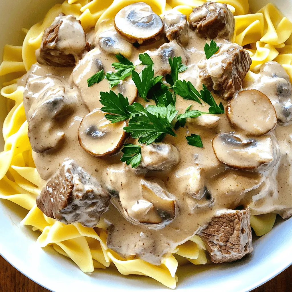 - 2 lbs beef chuck - 1 medium onion - 3 cloves garlic - 1 cup beef broth - 2 tablespoons Worcestershire sauce - 1 teaspoon Dijon mustard - 1 teaspoon dried thyme - 1 teaspoon paprika - 8 oz mushrooms - 1 cup sour cream - 2 tablespoons all-purpose flour - Salt and pepper - 12 oz egg noodles - Fresh parsley for garnish Gathering the right ingredients is key to a great beef stroganoff. I love using beef chuck. It cooks up tender and adds rich flavor. Choose a medium onion for sweetness and three cloves of garlic for depth. Next, we need one cup of beef broth. This gives the dish moisture and a savory taste. Worcestershire sauce adds a nice tang, and Dijon mustard gives a hint of spice. For herbs, dried thyme and paprika work wonders. Mushrooms are a must! I usually go for button or cremini mushrooms. They soak up all the flavors. Sour cream makes the sauce creamy and rich, while flour helps it thicken. We can’t forget salt and pepper! They bring out the best in every ingredient. Lastly, egg noodles are perfect to serve the beef stroganoff on. They catch all the sauce nicely. Garnish with fresh parsley for a pop of color and freshness. With these ingredients, you are ready to create a delicious and comforting slow cooker beef stroganoff. Start by gathering your ingredients. In a large mixing bowl, combine: - 2 lbs beef chuck, cut into bite-sized pieces - 1 medium onion, diced - 3 cloves garlic, minced - 1 cup beef broth - 2 tablespoons Worcestershire sauce - 1 teaspoon Dijon mustard - 1 teaspoon dried thyme - 1 teaspoon paprika - Salt and pepper to taste Stir these items well. This mix will give your stroganoff a rich flavor. Next, pour the beef mixture into your slow cooker. Add: - 8 oz mushrooms, sliced Make sure to cover the slow cooker. Cook on low for 6 to 8 hours or on high for 3 to 4 hours. You want the beef to be tender and full of flavor. About 30 minutes before you plan to eat, mix together: - 1 cup sour cream - 2 tablespoons all-purpose flour Stir this smooth mixture into the slow cooker. This step helps thicken the sauce. Cook on high for an additional 30 minutes with the lid on. While it thickens, prepare your egg noodles. Use 12 oz of egg noodles. Cook them according to the package instructions. Drain and set aside. Once everything is ready, serve the beef stroganoff over the egg noodles. Before you dig in, garnish with fresh parsley for a pop of color. Enjoy this comforting dish! - Choosing the right cut of beef Use beef chuck for rich flavor. This cut cooks well and stays tender. Avoid lean cuts like sirloin; they can dry out. - How to adjust seasoning for personal taste Taste your dish before serving. Add more salt or pepper if needed. You can also try adding herbs like rosemary for a new twist. - Importance of mixing sour cream and flour Mixing sour cream with flour helps your sauce stay smooth. This blend adds thickness without lumps. - Preventing curdling of sour cream Always add sour cream at the end of cooking. Mix it in gently and avoid boiling. This keeps your sauce creamy and delicious. - How to adjust if cooking on low vs high Cook on low for 6 to 8 hours for tender beef. If short on time, cook on high for 3 to 4 hours. Just check for fork-tender beef. Adjust time based on your slow cooker’s settings. {{image_2}} You can make beef stroganoff even better with extra vegetables. Bell peppers add a sweet crunch that pairs well with the beef. Peas bring a pop of color and a burst of flavor. You might also try adding carrots or zucchini for a hearty touch. Just cut the veggies into bite-sized pieces and mix them in during cooking. This way, they soak up all the yummy flavors. If you need a gluten-free meal, there are easy swaps. Instead of all-purpose flour, you can use cornstarch or a gluten-free flour blend. For noodles, try gluten-free egg noodles or rice noodles. You can also serve the beef stroganoff over mashed potatoes or cauliflower rice. These options keep the dish tasty while meeting your needs. Beef is classic, but you can switch it up. Chicken or turkey makes a lighter version of this dish. Just use the same amount of cut-up chicken or turkey breast. Cook it the same way as the beef. The flavors from the broth and spices will still shine through. You can enjoy a delicious meal while trying something new. To keep your beef stroganoff fresh, store it in an airtight container. Allow the dish to cool before sealing. Place it in the fridge for up to three days. If you need to store it longer, freeze it for up to three months. Just make sure to label the container with the date. This way, you’ll know when to use it. To thaw, move it to the fridge overnight. When reheating, keep the creaminess of the sauce. Use low heat on the stove or microwave. Add a splash of beef broth or water to the pot. Stir gently to mix. Heat until warm, but don’t boil it. Boiling can make the sour cream curdle. Keep stirring as you heat for the best texture. Get creative with your leftovers! You can make a beef stroganoff pasta bake. Mix the stroganoff with cooked pasta, top with cheese, and bake. Another idea is to use it as a filling for baked potatoes. You can also turn it into a beef stroganoff soup. Just add beef broth and some fresh veggies. Enjoy the rich flavors in a new way! Cook beef stroganoff for 6 to 8 hours on low. If you choose high, aim for 3 to 4 hours. This time helps the beef become tender and flavorful. The slow cooking breaks down tough fibers in the meat. You want it to melt in your mouth. Check for doneness by poking the meat with a fork. It should pull apart easily. Yes, you can prepare beef stroganoff ahead of time. Just follow the recipe but stop before adding the sour cream. Store the beef mixture in the fridge for up to two days. When ready, heat it in the slow cooker. Mix the sour cream and flour, then add it to the beef. This keeps the sauce creamy and fresh. You can also freeze the beef mixture for up to three months. Thaw it overnight in the fridge before cooking again. Beef stroganoff pairs well with many sides. Here are some ideas: - Egg noodles, as stated in the recipe - Rice for a lighter option - Mashed potatoes for extra comfort - Steamed vegetables like broccoli or green beans - A simple side salad for freshness These sides balance the rich flavors of the stroganoff. Enjoy the meal with friends or family! Beef Stroganoff is a dish filled with flavor and comfort. You learned about the key ingredients and how to make a rich, creamy sauce. I shared tips for perfecting your stroganoff, from choosing the right beef to adjusting seasonings. You can even explore fun variations and smart storage tips. With these insights, you’ll create a meal everyone will love. Enjoy sharing this tasty dish with friends and family!