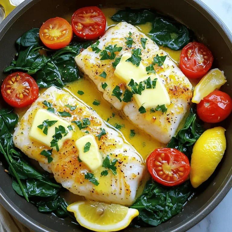 - 4 cod fillets (6 oz each) - 4 tablespoons unsalted butter - 4 cloves garlic, minced - Juice of 1 lemon - Zest of 1 lemon - 1 teaspoon paprika - 1 cup cherry tomatoes, halved - 1 cup fresh spinach - Salt and pepper to taste The main ingredients make this dish shine. Cod fillets are the star. They are mild and flaky. Unsalted butter adds richness. Fresh garlic gives a nice punch. Lemon juice and zest bring brightness. Paprika adds a hint of warmth. For veggies, cherry tomatoes burst with flavor. Spinach adds color and nutrition. - Fresh parsley for garnish - Lemon wedges for serving While the main ingredients are key, optional ones enhance the dish. Fresh parsley adds a pop of green. Lemon wedges are perfect for squeezing over the cod. These small touches make your meal look great and taste even better. Using quality ingredients is vital for this recipe. Freshness matters. Choose firm, bright cod fillets. Use unsalted butter for more control over flavor. Fresh garlic makes a big difference. Always opt for fresh lemon for the best taste. When you gather your ingredients, you’re on your way to a tasty dinner! - Preheating the oven: Start by preheating your oven to 400°F (200°C). This heat is perfect for cooking the cod evenly. - Preparing the baking dish: In a large, oven-safe skillet, melt 2 tablespoons of butter over medium heat. Add 4 cloves of minced garlic. Sauté for about 1 minute until it smells great. Be careful not to let the garlic burn. - Sautéing garlic in butter: The melted butter gives flavor to your dish. The sautéed garlic adds a rich taste. This step is key to a tasty meal. - Arranging and seasoning the cod fillets: Season 4 cod fillets with salt, pepper, and 1 teaspoon of paprika. Place the fillets in the skillet with the garlic and butter. - Adding lemon juice, zest, and vegetables: Pour the juice of 1 lemon over the cod. Sprinkle the zest on top, too. Scatter 1 cup of halved cherry tomatoes and 1 cup of fresh spinach around the fish. Drizzle the remaining melted butter on top. - Cooking times and temperatures: Place the skillet in the preheated oven. Bake for 15-20 minutes. The cod should cook through and flake easily with a fork. - Checking for doneness: Make sure the tomatoes are soft and the spinach is wilted. This shows your meal is ready. Enjoy the delicious flavors! Choosing fresh cod fillets is key to a great dish. Look for fish that smells clean and looks moist. The flesh should be bright and spring back when touched. Avoid fish with dull colors or dry edges. To cook cod with a fluffy texture, heat your pan on medium before adding butter. This helps the fish sear well. Cook it just until it flakes easily with a fork. Overcooking will make the cod tough. Adjusting spice levels is easy. If you like heat, add a pinch of cayenne pepper. For a milder flavor, stick to just salt and pepper. You can also try different spices like cumin or garlic powder. Adding herbs can boost the flavor. Fresh parsley adds a nice touch. You might also want to try dill or thyme for a different taste. Mix and match to find your favorite blend. The best pans for one-pan meals are oven-safe skillets. Cast iron or stainless steel pans are great choices. They heat evenly and can go from stovetop to oven easily. Avoid non-stick pans for this recipe, as they may not handle high heat well. {{image_2}} You can swap cod with other fish like tilapia or haddock. These fish have a mild taste and cook similarly. If you prefer a stronger flavor, try salmon. For vegetables, you can use zucchini or bell peppers. They add color and taste. Fresh herbs like thyme or dill work well too. They bring a nice aroma and flavor boost to the dish. If you want a quick meal, try the skillet-only method. Sauté the garlic and fish in a pan on the stove. Cook for 4-5 minutes on each side until the fish is flaky. You can also use an Instant Pot. Add all the ingredients and cook on high for 5 minutes. For a smoky flavor, grill the fish outdoors. Just wrap it in foil with the butter and veggies. Adding white wine can make the dish richer. Pour in a splash while cooking the garlic. It adds depth to the flavor. If you like creamy sauces, consider adding some cheese. A sprinkle of parmesan or a dollop of cream can elevate the dish. Mustard also works great. It gives a tangy kick that pairs well with the lemon. To store leftovers, let the cod cool first. Place the cod in an airtight container. Make sure to add the cherry tomatoes and spinach too. This keeps everything fresh. It’s best to store any extra lemon butter sauce separately. Use a glass or plastic container that seals tightly. The best way to reheat cod is in the oven. Set your oven to 350°F (175°C). Place the cod in a baking dish. Add a splash of water or a little butter to keep it moist. Cover it with foil to prevent drying. Heat for about 10 minutes or until warmed through. You can also use a microwave. Just heat it in short bursts, checking often. For long-term storage, you can freeze the cod. Wrap each fillet in plastic wrap, then put it in a freezer bag. Remove as much air as you can. It will last about three months in the freezer. When you're ready to cook, thaw the cod in the fridge overnight. In the fridge, leftover Lemon Garlic Butter Cod lasts 2 to 3 days. Always check for signs of spoilage. If it smells off or looks discolored, it’s best to toss it. Fresh cod should have a mild scent, not a strong fishy smell. If the texture feels mushy, it’s a sign it’s no longer good. Cod is cooked when it flakes easily with a fork. You can also check the color. It should turn from translucent to opaque white. The internal temperature should reach 145°F (63°C). If you have a meat thermometer, use it for best results. Yes, you can use frozen cod fillets. Just thaw them first in the fridge overnight. If you forget, you can run them under cold water for a quick thaw. Make sure they are dry before adding to your dish. This helps the seasoning stick better. Lemon Garlic Butter Cod pairs well with many sides. Here are a few ideas: - Steamed rice or quinoa for a filling option. - Roasted vegetables for a healthy crunch. - Garlic bread for a tasty twist. - A fresh green salad for a light touch. Yes, this recipe is great for meal prep! You can make it ahead and store portions in the fridge. Just keep the cod and veggies in sealed containers. It stays fresh for up to three days. Reheat gently in the microwave or oven for best flavor. You can prep some parts ahead. Chop garlic, zest lemons, and halve tomatoes early. However, I recommend cooking the cod fresh. It tastes best right out of the oven. If you need to cook it early, store it in the fridge and reheat gently. This blog post detailed how to make Lemon Garlic Butter Cod. We covered the key ingredients like cod, butter, and fresh garlic. I guided you through preparation, cooking methods, and variations to try. Cooking tips ensure your cod stays nice and fluffy. Proper storage and reheating advice help you enjoy leftovers. With this recipe, you can impress anyone at any meal. Get cooking and enjoy your delicious dish!