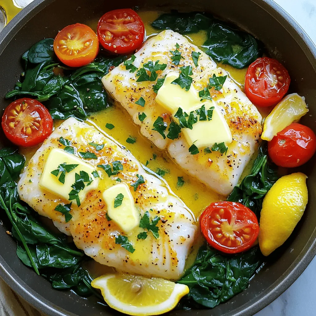 - 4 cod fillets (6 oz each) - 4 tablespoons unsalted butter - 4 cloves garlic, minced - Juice of 1 lemon - Zest of 1 lemon - 1 teaspoon paprika - 1 cup cherry tomatoes, halved - 1 cup fresh spinach - Salt and pepper to taste The main ingredients make this dish shine. Cod fillets are the star. They are mild and flaky. Unsalted butter adds richness. Fresh garlic gives a nice punch. Lemon juice and zest bring brightness. Paprika adds a hint of warmth. For veggies, cherry tomatoes burst with flavor. Spinach adds color and nutrition. - Fresh parsley for garnish - Lemon wedges for serving While the main ingredients are key, optional ones enhance the dish. Fresh parsley adds a pop of green. Lemon wedges are perfect for squeezing over the cod. These small touches make your meal look great and taste even better. Using quality ingredients is vital for this recipe. Freshness matters. Choose firm, bright cod fillets. Use unsalted butter for more control over flavor. Fresh garlic makes a big difference. Always opt for fresh lemon for the best taste. When you gather your ingredients, you’re on your way to a tasty dinner! - Preheating the oven: Start by preheating your oven to 400°F (200°C). This heat is perfect for cooking the cod evenly. - Preparing the baking dish: In a large, oven-safe skillet, melt 2 tablespoons of butter over medium heat. Add 4 cloves of minced garlic. Sauté for about 1 minute until it smells great. Be careful not to let the garlic burn. - Sautéing garlic in butter: The melted butter gives flavor to your dish. The sautéed garlic adds a rich taste. This step is key to a tasty meal. - Arranging and seasoning the cod fillets: Season 4 cod fillets with salt, pepper, and 1 teaspoon of paprika. Place the fillets in the skillet with the garlic and butter. - Adding lemon juice, zest, and vegetables: Pour the juice of 1 lemon over the cod. Sprinkle the zest on top, too. Scatter 1 cup of halved cherry tomatoes and 1 cup of fresh spinach around the fish. Drizzle the remaining melted butter on top. - Cooking times and temperatures: Place the skillet in the preheated oven. Bake for 15-20 minutes. The cod should cook through and flake easily with a fork. - Checking for doneness: Make sure the tomatoes are soft and the spinach is wilted. This shows your meal is ready. Enjoy the delicious flavors! Choosing fresh cod fillets is key to a great dish. Look for fish that smells clean and looks moist. The flesh should be bright and spring back when touched. Avoid fish with dull colors or dry edges. To cook cod with a fluffy texture, heat your pan on medium before adding butter. This helps the fish sear well. Cook it just until it flakes easily with a fork. Overcooking will make the cod tough. Adjusting spice levels is easy. If you like heat, add a pinch of cayenne pepper. For a milder flavor, stick to just salt and pepper. You can also try different spices like cumin or garlic powder. Adding herbs can boost the flavor. Fresh parsley adds a nice touch. You might also want to try dill or thyme for a different taste. Mix and match to find your favorite blend. The best pans for one-pan meals are oven-safe skillets. Cast iron or stainless steel pans are great choices. They heat evenly and can go from stovetop to oven easily. Avoid non-stick pans for this recipe, as they may not handle high heat well. {{image_2}} You can swap cod with other fish like tilapia or haddock. These fish have a mild taste and cook similarly. If you prefer a stronger flavor, try salmon. For vegetables, you can use zucchini or bell peppers. They add color and taste. Fresh herbs like thyme or dill work well too. They bring a nice aroma and flavor boost to the dish. If you want a quick meal, try the skillet-only method. Sauté the garlic and fish in a pan on the stove. Cook for 4-5 minutes on each side until the fish is flaky. You can also use an Instant Pot. Add all the ingredients and cook on high for 5 minutes. For a smoky flavor, grill the fish outdoors. Just wrap it in foil with the butter and veggies. Adding white wine can make the dish richer. Pour in a splash while cooking the garlic. It adds depth to the flavor. If you like creamy sauces, consider adding some cheese. A sprinkle of parmesan or a dollop of cream can elevate the dish. Mustard also works great. It gives a tangy kick that pairs well with the lemon. To store leftovers, let the cod cool first. Place the cod in an airtight container. Make sure to add the cherry tomatoes and spinach too. This keeps everything fresh. It’s best to store any extra lemon butter sauce separately. Use a glass or plastic container that seals tightly. The best way to reheat cod is in the oven. Set your oven to 350°F (175°C). Place the cod in a baking dish. Add a splash of water or a little butter to keep it moist. Cover it with foil to prevent drying. Heat for about 10 minutes or until warmed through. You can also use a microwave. Just heat it in short bursts, checking often. For long-term storage, you can freeze the cod. Wrap each fillet in plastic wrap, then put it in a freezer bag. Remove as much air as you can. It will last about three months in the freezer. When you're ready to cook, thaw the cod in the fridge overnight. In the fridge, leftover Lemon Garlic Butter Cod lasts 2 to 3 days. Always check for signs of spoilage. If it smells off or looks discolored, it’s best to toss it. Fresh cod should have a mild scent, not a strong fishy smell. If the texture feels mushy, it’s a sign it’s no longer good. Cod is cooked when it flakes easily with a fork. You can also check the color. It should turn from translucent to opaque white. The internal temperature should reach 145°F (63°C). If you have a meat thermometer, use it for best results. Yes, you can use frozen cod fillets. Just thaw them first in the fridge overnight. If you forget, you can run them under cold water for a quick thaw. Make sure they are dry before adding to your dish. This helps the seasoning stick better. Lemon Garlic Butter Cod pairs well with many sides. Here are a few ideas: - Steamed rice or quinoa for a filling option. - Roasted vegetables for a healthy crunch. - Garlic bread for a tasty twist. - A fresh green salad for a light touch. Yes, this recipe is great for meal prep! You can make it ahead and store portions in the fridge. Just keep the cod and veggies in sealed containers. It stays fresh for up to three days. Reheat gently in the microwave or oven for best flavor. You can prep some parts ahead. Chop garlic, zest lemons, and halve tomatoes early. However, I recommend cooking the cod fresh. It tastes best right out of the oven. If you need to cook it early, store it in the fridge and reheat gently. This blog post detailed how to make Lemon Garlic Butter Cod. We covered the key ingredients like cod, butter, and fresh garlic. I guided you through preparation, cooking methods, and variations to try. Cooking tips ensure your cod stays nice and fluffy. Proper storage and reheating advice help you enjoy leftovers. With this recipe, you can impress anyone at any meal. Get cooking and enjoy your delicious dish!