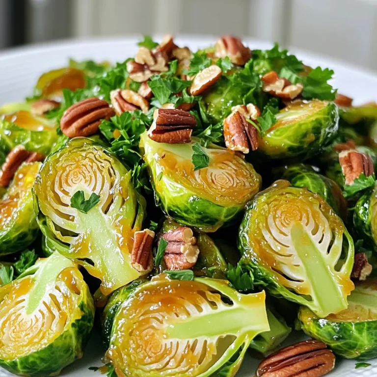 - 1 pound Brussels sprouts, trimmed and halved - 3 tablespoons olive oil - 1/4 cup pure maple syrup - 1 tablespoon balsamic vinegar These key ingredients create the base of your dish. Brussels sprouts bring a nice crunch and flavor. Olive oil helps to roast them perfectly. The maple syrup adds sweetness, while balsamic vinegar gives a tangy twist. - 1 teaspoon garlic powder - 1/2 teaspoon smoked paprika - Salt and pepper to taste - 1/4 cup pecans, chopped (optional) Seasoning is crucial for taste. Garlic powder adds depth, and smoked paprika gives a warm flavor. Salt and pepper enhance the overall taste. Chopped pecans add a nice crunch if you choose to use them. - Fresh parsley, chopped Garnishing is the finishing touch. Fresh parsley brightens the dish. It makes it look beautiful and adds a hint of freshness. First, preheat your oven to 400°F (200°C). This step is key for crispy Brussels sprouts. Next, take your Brussels sprouts and trim the ends. Cut each sprout in half to help them cook evenly. In a large bowl, mix the halved sprouts with olive oil, garlic powder, smoked paprika, salt, and pepper. Toss everything well until the sprouts are coated. This gives them great flavor. Now, spread the Brussels sprouts on a baking sheet in a single layer. This helps them roast evenly. Place the baking sheet in the oven and roast for about 20 minutes. You want them to start getting golden and tender. While the sprouts roast, mix the maple syrup and balsamic vinegar in a small bowl. After 20 minutes, take the sprouts out of the oven. Pour the maple glaze over them and toss to coat well. This glaze adds sweetness and depth. Return the baking sheet to the oven for another 10-15 minutes. Stir occasionally to ensure even cooking. You’ll know they’re done when they are caramelized and soft. If you want to add pecans, sprinkle them in halfway through the final roasting phase. This adds a nice crunch. Once the Brussels sprouts are caramelized, take them out of the oven. Let them cool for a few minutes. Before serving, garnish with fresh parsley for a pop of color and flavor. To caramelize Brussels sprouts well, watch your cooking time. If your sprouts are larger, they may need more time in the oven. Start checking after 20 minutes. You want them golden on the outside and tender inside. Even coating is key. When you mix the olive oil and seasonings, make sure every sprout is coated. This helps them caramelize evenly. If some sprouts are dry, they will not brown well. For the best glaze, use a mix of maple syrup and balsamic vinegar. A good ratio is 3:1, meaning three parts maple syrup to one part balsamic vinegar. This balance gives a sweet yet tangy taste. To enhance the flavor, consider adding a pinch of cinnamon or a drop of soy sauce. These can add depth to your glaze and make your dish stand out. Caramelized maple glazed Brussels sprouts pair well with roasted meats like chicken or pork. They also complement a grain dish, such as quinoa or farro. For a fun twist, serve them in a salad with mixed greens. You can also sprinkle feta cheese or goat cheese on top for extra richness. Enjoy these sprouts warm or at room temperature for a tasty side dish! {{image_2}} For a vegan twist, you can use agave nectar instead of honey or maple syrup. Agave offers a similar sweetness and blends well with the flavors. Alternatively, you can try brown rice syrup. It has a unique taste and works nicely in this dish. To add more depth, consider using spices like cumin or coriander. These spices bring warmth and a different flavor profile. You can also sprinkle in some chili flakes for heat. A little spice can really bring out the sweetness of the maple glaze. You can make these Brussels sprouts on the stovetop. Start by sautéing them in olive oil until they are tender. Then, add the maple glaze and toss well. If you prefer using an Instant Pot, add the sprouts with a small amount of water. Cook on high for about three minutes, then mix in the glaze for a quick and easy meal. After you enjoy your caramelized maple glazed Brussels sprouts, store the leftovers right away. Place them in an airtight container. This keeps them fresh and tasty. You can also use a glass container with a lid. This helps avoid odors from other foods. If you want to freeze your Brussels sprouts, first let them cool completely. Then, spread them in a single layer on a baking sheet. This prevents them from sticking together. Once frozen, transfer them to a freezer bag. Squeeze out the air to keep them safe from freezer burn. To thaw, place the bag in the fridge overnight. For reheating, warm them in the oven at 350°F (175°C) until heated through. You can also microwave them for a quick option, but they may lose some crispness. In the fridge, your Brussels sprouts will stay fresh for about 3 to 5 days. If you freeze them, they can last up to 3 months. Just remember, for the best taste, eat them sooner rather than later! Yes, you can use frozen Brussels sprouts. Just keep a few tips in mind: - Thaw them first. Place them in the fridge overnight or use the microwave. - Pat them dry. This step helps them get crispy when roasting. - Adjust the cooking time. Frozen sprouts may need a few extra minutes in the oven. Using frozen sprouts is a great option when fresh ones are not available. Cutting Brussels sprouts well helps them soak up flavors. Here’s how to do it: - Trim the stem. Cut off the hard end of the sprout. - Halve them. Slice each sprout down the middle. This increases surface area for flavor. - Remove any damaged leaves. This ensures you have the best parts of the vegetable. These steps help the Brussels sprouts cook evenly and taste amazing. You can prepare this dish ahead without losing its great taste. Here’s how: - Prep the Brussels sprouts. Cut and coat them with oil and seasonings. - Store them in the fridge. Keep them in an airtight container for up to a day. - Make the glaze. Mix the maple syrup and balsamic vinegar and store it separately. When you’re ready, just roast the sprouts and add the glaze. This keeps them fresh and tasty. In this post, we explored how to make great roasted Brussels sprouts. We talked about key ingredients like olive oil and maple syrup. You learned the steps for prep and roasting. We also shared handy tips for perfect caramelization and flavor tweaks. Now you can enjoy this dish with confidence. Feel free to experiment with flavors or cooking methods. Simple adjustments can make a big difference. Happy cooking!