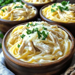 For my Slow Cooker Creamy Chicken Alfredo, you need these simple ingredients: - 2 boneless, skinless chicken breasts - 1 cup heavy cream - 1 cup low-sodium chicken broth - 2 cups fettuccine pasta (uncooked) - 1 cup grated Parmesan cheese - 3 cloves garlic, minced - 1 teaspoon Italian seasoning - Salt and pepper to taste - Fresh parsley for garnish Using quality ingredients makes a big difference. I always recommend: - Chicken breasts: Choose fresh or thawed chicken. Frozen chicken may not cook evenly. - Heavy cream: Go for real heavy cream, not a substitute. It gives the sauce richness. - Parmesan cheese: Use freshly grated cheese for the best flavor. Pre-grated can lack taste. - Chicken broth: Low-sodium broth allows you to control the salt level. If you're missing something, here are good swaps: - Chicken breasts: You can use thighs for more flavor and moisture. - Heavy cream: Substitute with half-and-half for a lighter sauce. - Fettuccine: Any pasta shape works, like penne or rotini. Just adjust cooking time. - Parmesan cheese: Use Pecorino Romano or nutritional yeast for a vegan option. - Italian seasoning: If you don't have this, mix dried basil, oregano, and thyme. Start with the chicken breasts. Place them at the bottom of your slow cooker. Make sure they are boneless and skinless for the best result. Season the chicken well with salt, pepper, and Italian seasoning. This helps build flavor right from the start. In a separate bowl, mix the heavy cream, chicken broth, and minced garlic. Whisk them together until they blend nicely. This creamy mixture will coat your chicken and pasta. Once mixed, pour it over the seasoned chicken in the slow cooker. This step is key to getting that rich, creamy taste. Cover the slow cooker and set it to cook. If you want it ready fast, use high for 2 hours. For a more tender chicken, cook on low for 4 hours. Check that the chicken is fully cooked and tender. After cooking, take the chicken out. Shred it using two forks and return it to the pot. Now it’s time for the pasta. Stir in the uncooked fettuccine and grated Parmesan cheese. Ensure the pasta is well-submerged in the creamy sauce. Cover the cooker again and set it to high for another 30-40 minutes. Stir halfway through to keep the pasta from sticking. When done, mix everything well and taste for seasoning. You can add more salt or pepper if you like. To achieve a creamy sauce, use heavy cream. It gives richness and smoothness. Mixing heavy cream with chicken broth creates a balanced flavor. Pour this mixture over your chicken for best results. After cooking, stir well. This helps the sauce blend with the pasta. You can enhance flavor with fresh herbs. Try basil or oregano for a fresh touch. Garlic adds a strong punch; feel free to add more if you love it. Salt and pepper also play a key role. Taste your dish before serving and adjust these seasonings as needed. One mistake is not cooking the pasta long enough. Make sure it is al dente for the best texture. Another common error is not seasoning the chicken properly. Season generously for maximum flavor. Lastly, don’t skip the final stir. This ensures all ingredients mix well together. {{image_2}} You can easily add vegetables to your creamy chicken Alfredo. I love to include broccoli, spinach, or bell peppers. Just chop them into small pieces. Add them to the slow cooker about 30 minutes before the pasta is done. This way, they cook just right and stay bright in color. Not only do they add flavor, but they also boost nutrition. Plus, the creamy sauce will coat the veggies nicely. Fettuccine is classic, but you can try other pasta types too. Penne, rotini, or even whole wheat pasta work well. Just keep in mind the cooking time may change. For example, smaller pasta shapes may need less time. Make sure to stir the pasta halfway through cooking. This helps it cook evenly and prevents sticking. Want a lighter dish? You can swap out heavy cream for Greek yogurt. It gives you that creamy taste with less fat. Use low-fat milk or almond milk as well. You can also reduce the amount of cheese. Just use half a cup instead of a full cup. Add more herbs like basil or oregano to keep it tasty. This lighter version still feels rich without all the calories. After enjoying your Slow Cooker Creamy Chicken Alfredo, store leftovers in an airtight container. This keeps the dish fresh and tasty. Let the meal cool down first. If you store it while hot, the steam can create moisture. This can make the pasta soggy. Keep it in the fridge for up to three days. To reheat, place the Alfredo in a pot over low heat. Stir occasionally to warm it evenly. You can add a splash of chicken broth or cream to keep it creamy. If you prefer the microwave, use a microwave-safe dish. Heat it in short bursts, stirring in between. This helps avoid hot spots and keeps the sauce smooth. You can freeze Slow Cooker Creamy Chicken Alfredo for later use. Place it in a freezer-safe container or bag. Make sure to remove as much air as possible. This helps prevent freezer burn. It can last for up to three months in the freezer. When ready to eat, thaw it in the fridge overnight. Then reheat it on the stove or microwave as mentioned before. Enjoy a quick meal that tastes great even after freezing! Yes, you can use frozen chicken breasts. Just keep in mind that cooking time may increase. If you use frozen chicken, cook on high for about 3 hours. Always check that the chicken is fully cooked. It should reach 165°F for safety. Adjust the cooking time based on your slow cooker. To thicken the sauce, add more Parmesan cheese or use cornstarch. Mix equal parts cornstarch and water, then stir it into the sauce. Let it cook for a few more minutes. This method helps create a rich and creamy texture. The sauce will thicken as it cooks. Yes, you can make this recipe in advance. Prepare it up to the cooking stage and store it in the fridge. You can also freeze the sauce and chicken. Just remember to cook the pasta fresh when you’re ready to eat. This keeps everything tasting great! In this post, I broke down the key parts of the recipe. We covered ingredients, instructions, tips, variations, and storage. I also answered common questions. Now, you can make this dish with confidence. Remember to adjust flavors to your taste and use the right ingredients. It’s all about making it yours. Enjoy creating a meal that fits your needs and preferences!