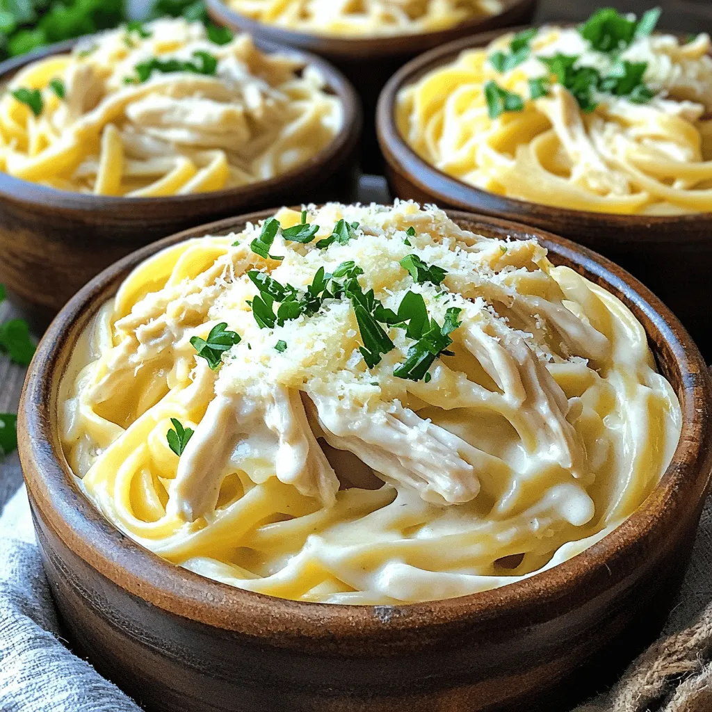 For my Slow Cooker Creamy Chicken Alfredo, you need these simple ingredients: - 2 boneless, skinless chicken breasts - 1 cup heavy cream - 1 cup low-sodium chicken broth - 2 cups fettuccine pasta (uncooked) - 1 cup grated Parmesan cheese - 3 cloves garlic, minced - 1 teaspoon Italian seasoning - Salt and pepper to taste - Fresh parsley for garnish Using quality ingredients makes a big difference. I always recommend: - Chicken breasts: Choose fresh or thawed chicken. Frozen chicken may not cook evenly. - Heavy cream: Go for real heavy cream, not a substitute. It gives the sauce richness. - Parmesan cheese: Use freshly grated cheese for the best flavor. Pre-grated can lack taste. - Chicken broth: Low-sodium broth allows you to control the salt level. If you're missing something, here are good swaps: - Chicken breasts: You can use thighs for more flavor and moisture. - Heavy cream: Substitute with half-and-half for a lighter sauce. - Fettuccine: Any pasta shape works, like penne or rotini. Just adjust cooking time. - Parmesan cheese: Use Pecorino Romano or nutritional yeast for a vegan option. - Italian seasoning: If you don't have this, mix dried basil, oregano, and thyme. Start with the chicken breasts. Place them at the bottom of your slow cooker. Make sure they are boneless and skinless for the best result. Season the chicken well with salt, pepper, and Italian seasoning. This helps build flavor right from the start. In a separate bowl, mix the heavy cream, chicken broth, and minced garlic. Whisk them together until they blend nicely. This creamy mixture will coat your chicken and pasta. Once mixed, pour it over the seasoned chicken in the slow cooker. This step is key to getting that rich, creamy taste. Cover the slow cooker and set it to cook. If you want it ready fast, use high for 2 hours. For a more tender chicken, cook on low for 4 hours. Check that the chicken is fully cooked and tender. After cooking, take the chicken out. Shred it using two forks and return it to the pot. Now it’s time for the pasta. Stir in the uncooked fettuccine and grated Parmesan cheese. Ensure the pasta is well-submerged in the creamy sauce. Cover the cooker again and set it to high for another 30-40 minutes. Stir halfway through to keep the pasta from sticking. When done, mix everything well and taste for seasoning. You can add more salt or pepper if you like. To achieve a creamy sauce, use heavy cream. It gives richness and smoothness. Mixing heavy cream with chicken broth creates a balanced flavor. Pour this mixture over your chicken for best results. After cooking, stir well. This helps the sauce blend with the pasta. You can enhance flavor with fresh herbs. Try basil or oregano for a fresh touch. Garlic adds a strong punch; feel free to add more if you love it. Salt and pepper also play a key role. Taste your dish before serving and adjust these seasonings as needed. One mistake is not cooking the pasta long enough. Make sure it is al dente for the best texture. Another common error is not seasoning the chicken properly. Season generously for maximum flavor. Lastly, don’t skip the final stir. This ensures all ingredients mix well together. {{image_2}} You can easily add vegetables to your creamy chicken Alfredo. I love to include broccoli, spinach, or bell peppers. Just chop them into small pieces. Add them to the slow cooker about 30 minutes before the pasta is done. This way, they cook just right and stay bright in color. Not only do they add flavor, but they also boost nutrition. Plus, the creamy sauce will coat the veggies nicely. Fettuccine is classic, but you can try other pasta types too. Penne, rotini, or even whole wheat pasta work well. Just keep in mind the cooking time may change. For example, smaller pasta shapes may need less time. Make sure to stir the pasta halfway through cooking. This helps it cook evenly and prevents sticking. Want a lighter dish? You can swap out heavy cream for Greek yogurt. It gives you that creamy taste with less fat. Use low-fat milk or almond milk as well. You can also reduce the amount of cheese. Just use half a cup instead of a full cup. Add more herbs like basil or oregano to keep it tasty. This lighter version still feels rich without all the calories. After enjoying your Slow Cooker Creamy Chicken Alfredo, store leftovers in an airtight container. This keeps the dish fresh and tasty. Let the meal cool down first. If you store it while hot, the steam can create moisture. This can make the pasta soggy. Keep it in the fridge for up to three days. To reheat, place the Alfredo in a pot over low heat. Stir occasionally to warm it evenly. You can add a splash of chicken broth or cream to keep it creamy. If you prefer the microwave, use a microwave-safe dish. Heat it in short bursts, stirring in between. This helps avoid hot spots and keeps the sauce smooth. You can freeze Slow Cooker Creamy Chicken Alfredo for later use. Place it in a freezer-safe container or bag. Make sure to remove as much air as possible. This helps prevent freezer burn. It can last for up to three months in the freezer. When ready to eat, thaw it in the fridge overnight. Then reheat it on the stove or microwave as mentioned before. Enjoy a quick meal that tastes great even after freezing! Yes, you can use frozen chicken breasts. Just keep in mind that cooking time may increase. If you use frozen chicken, cook on high for about 3 hours. Always check that the chicken is fully cooked. It should reach 165°F for safety. Adjust the cooking time based on your slow cooker. To thicken the sauce, add more Parmesan cheese or use cornstarch. Mix equal parts cornstarch and water, then stir it into the sauce. Let it cook for a few more minutes. This method helps create a rich and creamy texture. The sauce will thicken as it cooks. Yes, you can make this recipe in advance. Prepare it up to the cooking stage and store it in the fridge. You can also freeze the sauce and chicken. Just remember to cook the pasta fresh when you’re ready to eat. This keeps everything tasting great! In this post, I broke down the key parts of the recipe. We covered ingredients, instructions, tips, variations, and storage. I also answered common questions. Now, you can make this dish with confidence. Remember to adjust flavors to your taste and use the right ingredients. It’s all about making it yours. Enjoy creating a meal that fits your needs and preferences!