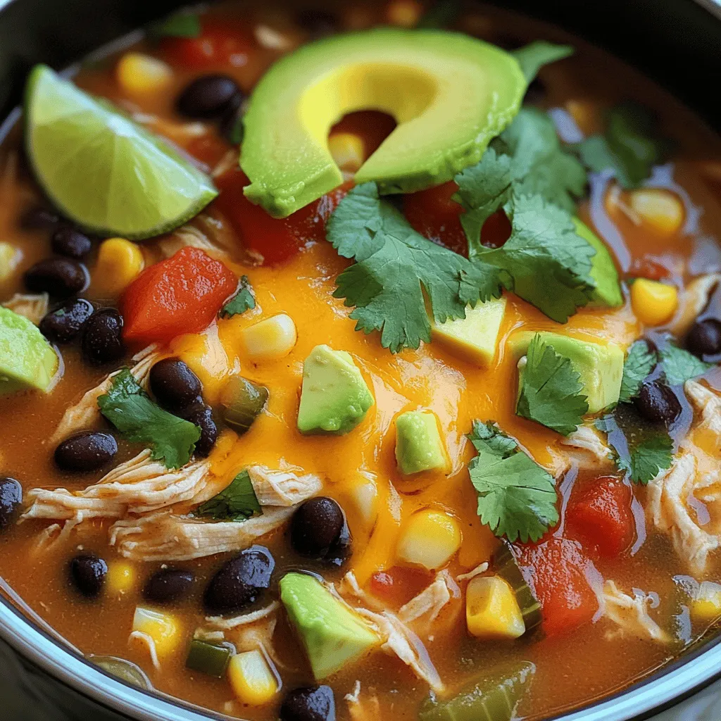 - 1 lb boneless, skinless chicken breasts - 1 can (15 oz) black beans, drained and rinsed - 1 can (15 oz) corn, drained - 1 can (10 oz) red enchilada sauce - 1 can (14.5 oz) diced tomatoes with green chilies (undrained) - 1 medium onion, diced - 2 garlic cloves, minced - Spices: 1 teaspoon cumin, 1 teaspoon chili powder, 1/2 teaspoon smoked paprika - 4 cups chicken broth - Salt and pepper to taste - 1 cup shredded cheddar cheese - Chopped fresh cilantro - Avocado slices - Lime wedges When I cook this slow cooker chicken enchilada soup, I rely on these ingredients. They make a rich and tasty base. The chicken breasts are the star. They stay tender and juicy. The black beans and corn add fiber and sweetness. The red enchilada sauce gives a bold kick. The diced tomatoes with green chilies add freshness and spice. For seasoning, I use a diced onion and minced garlic. They build flavor and aroma. Cumin, chili powder, and smoked paprika warm up the dish. I always taste and adjust salt and pepper last. Finally, I love to top each bowl with shredded cheddar cheese, fresh cilantro, avocado slices, and a squeeze of lime juice. These add creaminess and brightness to each bite. - Layer the chicken in the slow cooker. - Add onion and garlic on top. Start with boneless, skinless chicken breasts. Place them at the bottom of your slow cooker. This helps the chicken soak up all the flavors. Next, dice one medium onion. Mince two garlic cloves. Sprinkle the diced onion and minced garlic over the chicken. The onion adds sweetness, while garlic gives a nice kick. - Pour black beans, corn, enchilada sauce, and diced tomatoes. - Add spices and chicken broth. Now it’s time to add more flavor. Open a can of black beans and a can of corn, and drain them. Pour these into the slow cooker. Next, add a can of red enchilada sauce. This sauce makes the soup rich and tasty. Then, pour in a can of diced tomatoes with green chilies. Don't drain this can; the juices add moisture. Sprinkle in one teaspoon of cumin, one teaspoon of chili powder, and half a teaspoon of smoked paprika. These spices really boost the flavor! Finally, add four cups of chicken broth to make the soup nice and soupy. - Cover and set cooking time. - Shred chicken and finalize the soup. Cover your slow cooker. Set it to cook on low for 6-8 hours or on high for 4 hours. When the chicken is tender, it’s time to shred. Carefully take the chicken out and use two forks to shred it. Return the shredded chicken to the soup and stir well. Check the taste. If it needs a little more salt or pepper, add some now. Your soup is ready! Serve it hot and enjoy! How can I adjust spice levels? You can easily change the spice level to fit your taste. If you want more heat, add extra chili powder or diced jalapeños. For less heat, reduce the chili powder or skip the diced tomatoes with green chilies. What are some tips for shredding chicken easily? To shred chicken easily, let it cool for a few minutes after cooking. Use two forks to pull the chicken apart. This method works well and keeps your hands safe. What is the difference between low and high cooking time? Cooking on low takes about 6-8 hours, while high only takes 4 hours. The slow cook on low makes flavors blend better. It also keeps the chicken very tender. What are the benefits of cooking on low? Cooking on low lets the flavors develop fully. It makes the chicken juicy and tender. Plus, you can set it in the morning and come home to a warm meal. What are some suggestions for additional toppings? You can add many toppings to make the soup even better. Consider more shredded cheese, sour cream, or sliced jalapeños. Fresh cilantro and avocado also add a nice touch. What side dishes pair well with this soup? This soup goes well with tortilla chips or warm tortillas. You can also serve it with a simple salad for a fresh touch. {{image_2}} You can change the recipe by swapping beans or veggies. Use pinto beans or chickpeas instead of black beans. Try adding bell peppers, zucchini, or corn for a fresh twist. These swaps keep the flavors bright and fun. You can also switch proteins. If you prefer turkey, use ground turkey instead of chicken. For a plant-based option, try tofu. Just cube it and add it to the pot. These swaps give you new flavors while keeping it hearty. To make this soup gluten-free, check your enchilada sauce. Most brands are safe, but some may have gluten. Use corn tortillas for dipping or crumbling on top. For a vegan version, leave out the chicken and broth. Use vegetable broth instead. You can also add extra beans or lentils for protein. Top the soup with vegan cheese or avocado for creaminess. There are many fun ways to serve this soup. It works great for taco night. Just set out toppings like cheese, sour cream, and salsa. Everyone can build their bowl just how they like. You can also use it for lunch prep. Store it in containers for easy meals throughout the week. The soup pairs well with warm tortillas or crusty bread. Just scoop and enjoy! To store leftovers, let the soup cool first. Use airtight containers to keep it fresh. Glass or BPA-free plastic containers work best. Fill the containers, leaving some space at the top. This helps prevent spills when sealing. Label the containers with the date. This way, you know when to eat it. For freezing soup, use freezer-safe containers. You can also use heavy-duty freezer bags. Make sure to leave some space in the bags for expansion. Seal the bags tightly to avoid air. To thaw, move the soup to the fridge overnight. To reheat, use the stove or microwave. Heat slowly, stirring often to ensure even warmth. In the fridge, the soup lasts about three to four days. In the freezer, it can last up to three months. Always check for any off smells or changes in color. If it looks or smells bad, it’s best to toss it. Keeping track of these time frames helps avoid waste and ensures tasty meals. Can I use frozen chicken? Yes, you can use frozen chicken. Just keep in mind that it will take longer to cook. The slow cooker will safely cook the chicken as long as you increase the cooking time by one to two hours. Always check that the chicken reaches a safe temperature of 165°F. What can I substitute for chicken broth? You can use vegetable broth or water if you prefer. If you want more flavor, try using low-sodium vegetable broth. You can also add more spices to boost the taste. Can I add more veggies? Absolutely! You can add bell peppers, zucchini, or spinach. Just chop them into small pieces. Add them at the start with the other ingredients. This will add more nutrition and color to your soup. Is it possible to make this soup spicy? Yes, you can make it spicy! Add more chili powder or diced jalapeños. You can also use a spicier enchilada sauce to kick up the heat. Adjust it to your taste. What slow cooker is best for this recipe? Any standard slow cooker will work. A 4- to 6-quart cooker is a good size for this recipe. Make sure it has a lid that fits well. This helps keep the heat in while cooking. Can I use an instant pot instead? Yes, you can use an instant pot. Cook it on high pressure for about 15 minutes. Make sure to allow time for the pressure to release. This will help you get the same tender chicken and delicious flavor. This blog post covered a tasty and easy slow cooker chicken soup. We looked at the main ingredients, step-by-step instructions, and ways to enhance this dish. I shared tips on cooking times, storage, and common questions. Remember, you can customize the recipe to match your taste. Enjoy the cooking process, and don't hesitate to experiment with flavors. This soup could become a new family favorite!