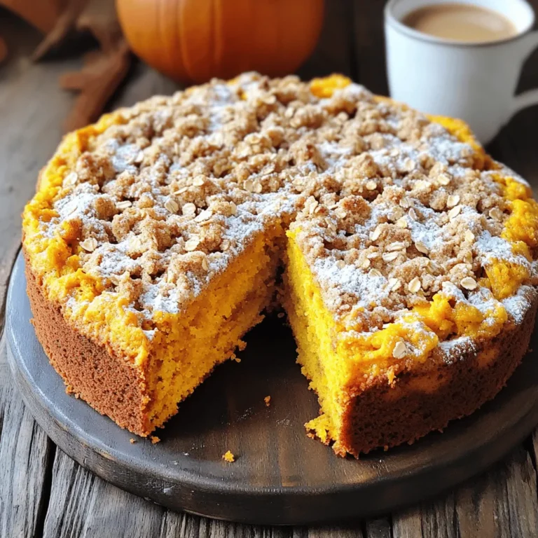 - 2 cups all-purpose flour - 1 cup granulated sugar - 1/2 cup brown sugar, packed - 1 teaspoon baking powder - 1 teaspoon baking soda - 1 teaspoon ground cinnamon - 1/2 teaspoon ground nutmeg - 1/2 teaspoon salt - 1 cup canned pumpkin puree - 1/2 cup vegetable oil - 2 large eggs - 1 teaspoon vanilla extract - 1/2 cup all-purpose flour - 1/2 cup rolled oats - 1/4 cup brown sugar, packed - 1/2 teaspoon ground cinnamon - 1/4 cup unsalted butter, melted To make my Pumpkin Streusel Coffee Cake, I start with simple ingredients. First, I gather the dry ingredients. I use all-purpose flour, granulated sugar, brown sugar, baking powder, baking soda, cinnamon, nutmeg, and salt. These create a nice base for the cake. Next, I move on to the wet ingredients. Canned pumpkin puree is key. It gives moisture and flavor. I mix in vegetable oil, eggs, and vanilla extract. This mix brings everything together. Now, let’s talk about the streusel topping. It adds a crunchy layer. I use more flour, rolled oats, brown sugar, and cinnamon. I finish it with melted butter. This creates a crumbly texture that pairs perfectly with the soft cake. These ingredients come together to make a delightful treat. Each bite is filled with warmth and spice. I love how simple it is to prepare. It’s a great recipe for any occasion! - Preheat your oven to 350°F (175°C). - In a large bowl, mix 2 cups of flour, 1 cup of granulated sugar, and 1/2 cup of brown sugar. Add 1 teaspoon of baking powder, 1 teaspoon of baking soda, 1 teaspoon of ground cinnamon, 1/2 teaspoon of ground nutmeg, and 1/2 teaspoon of salt. Stir well. - In another bowl, combine 1 cup of canned pumpkin puree, 1/2 cup of vegetable oil, 2 large eggs, and 1 teaspoon of vanilla extract. Mix until it looks smooth. - Pour the wet mixture into the dry mix. - Stir gently until just combined. Don't overmix; it's okay if there are a few lumps. - Transfer the batter to a greased 9x13 inch baking pan. - For the streusel topping, mix 1/2 cup of flour, 1/2 cup of rolled oats, 1/4 cup of brown sugar, and 1/2 teaspoon of cinnamon in a bowl. - Stir in 1/4 cup of melted unsalted butter. Mix until it looks like coarse crumbs. - Sprinkle the streusel evenly over the batter in the pan. - Bake for 30-35 minutes. Use a toothpick to check if it comes out clean. - Avoid overmixing the batter. Mix just until you see no dry flour. - Use a toothpick to check if fully baked. Insert it into the center of the cake. If it comes out clean, your cake is done! - Serve warm with powdered sugar. This makes a lovely topping. - Pair with coffee or tea for an ideal treat. The flavors mix well and create warmth. - Store leftovers in an airtight container. This keeps them fresh longer. - Best enjoyed within 3 days. After that, it may lose flavor and texture. {{image_2}} You can make this cake even better with some fun add-ins. Try adding nuts like walnuts or pecans to the streusel. They add a nice crunch and flavor. You can also mix in chocolate chips or dried fruits. These extras bring new tastes and textures. The chocolate chips melt and give a sweet surprise. Dried fruits, like raisins or cranberries, add a chewy bite. If you need a gluten-free cake, you can easily adapt this recipe. Just replace the all-purpose flour with a gluten-free blend. Make sure to choose a blend that works well in baking. This keeps the cake moist and fluffy. You won’t even notice the difference in taste! For those who follow a vegan diet, you can also make this cake without eggs and butter. Use flax eggs instead of regular eggs. Mix one tablespoon of ground flaxseed with three tablespoons of water. Let it sit for five minutes to thicken. For butter, you can use coconut oil or a vegan butter substitute. These swaps keep the cake delicious and friendly for all diets. You can make this cake healthier with a few easy swaps: - Use whole wheat flour instead of all-purpose flour. - Replace granulated sugar with coconut sugar or honey. - Swap vegetable oil for unsweetened applesauce. - Use flax eggs instead of regular eggs for a vegan option. These changes keep the taste while adding nutrients. Yes, you can freeze this coffee cake! To freeze it: - Allow the cake to cool completely. - Wrap it tightly in plastic wrap or foil. - Place it in a freezer-safe bag. To thaw, take it out and let it sit in the fridge overnight. You can also thaw it at room temperature for a few hours. Reheating is simple and quick: - Preheat your oven to 350°F (175°C). - Place slices on a baking sheet. - Heat for about 10-15 minutes until warm. You can also use a microwave: heat on medium for 15-20 seconds. Enjoy your slice warm! Each serving of Pumpkin Streusel Coffee Cake has about 250 calories. The cake includes: - Fats: Approximately 10 grams - Carbohydrates: Roughly 38 grams - Proteins: About 3 grams This cake brings together flavors and nutrition. The fats come from oil and butter. The carbs mainly come from flour and sugar, giving you energy. Pumpkin is a star in this cake. It is rich in fiber, which helps digestion. Plus, it has vitamins A, C, and E. These vitamins boost your immune system and keep your skin healthy. The spices like cinnamon and nutmeg add warmth and flavor. Cinnamon can help lower blood sugar. Nutmeg has antioxidants that fight free radicals. The oats in the streusel topping provide a good source of fiber. They help you feel full longer. Oats also support heart health by lowering cholesterol levels. This cake is not just tasty; it also has some great health perks! This blog post covered everything you need to make a delicious Pumpkin Streusel Coffee Cake. You learned the key ingredients, step-by-step baking instructions, and helpful tips for success. Don't forget the variations to suit your taste and diet. Consider adding nuts or trying gluten-free flour. Remember to enjoy your cake warm, with a dusting of sugar and a nice cup of coffee or tea. With practice, you’ll impress your friends and family with this treat! Happy baking!