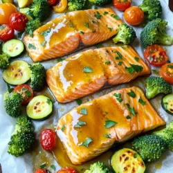 - 4 salmon fillets - 1/4 cup pure maple syrup - 3 tablespoons Dijon mustard - 2 tablespoons olive oil - 1 teaspoon garlic powder - 1 teaspoon smoked paprika - Salt and pepper to taste - 2 cups broccoli florets - 1 cup cherry tomatoes, halved - 1 medium zucchini, sliced - 1 red bell pepper, chopped This dish shines with fresh and quality ingredients. The salmon is the star. It has a rich flavor and is full of healthy fats. Maple syrup adds a sweet touch. It balances well with tangy Dijon mustard. Olive oil keeps everything moist while roasting. The veggies add color and crunch. Broccoli brings vitamins and fiber. Cherry tomatoes offer sweetness and juiciness. Zucchini is mild and cooks quickly. Red bell pepper gives a sweet, crisp bite. When buying salmon, look for bright color and a fresh smell. Choose wild-caught salmon if possible. For veggies, buy organic when you can. They taste better and are better for you. Always pick firm tomatoes and vibrant broccoli. Fresh ingredients make this dish a delight. First, heat your oven to 400°F (200°C). This step is key for even cooking. Next, grab a large sheet pan and line it with parchment paper. This makes cleanup easy and helps keep the salmon from sticking. In a small bowl, combine 1/4 cup of pure maple syrup, 3 tablespoons of Dijon mustard, and 2 tablespoons of olive oil. Add 1 teaspoon of garlic powder, 1 teaspoon of smoked paprika, and a pinch of salt and pepper. Whisk all these ingredients together until they blend smoothly. This glaze brings a sweet and tangy flavor that enhances the salmon. Place the 4 salmon fillets on the sheet pan. Use a brush to coat each fillet with the maple Dijon glaze. Make sure they are well covered. In another bowl, mix 2 cups of broccoli florets, 1 cup of halved cherry tomatoes, 1 sliced medium zucchini, and 1 chopped red bell pepper. Drizzle olive oil over the veggies and sprinkle salt and pepper. Toss them well to coat. Now, arrange the veggies around the salmon on the pan. Finally, put the sheet pan in the oven and bake for 15 to 20 minutes. The salmon should flake easily when done, and the veggies will be tender. If you want a bit of char, broil for another 2 to 3 minutes. To get the best salmon, use fresh fillets. Look for bright, moist flesh. Pat the salmon dry before cooking. This step helps the glaze stick and gives a nice crust. Bake the salmon at 400°F for 15-20 minutes. Check if it flakes easily with a fork. If you want more flavor, let the salmon marinate in the maple Dijon glaze for 30 minutes before cooking. Roasting veggies is easy and fun. Cut them into uniform sizes for even cooking. Mix your veggies in a bowl with olive oil, salt, and pepper. Make sure they are well-coated. Place the veggies on the sheet pan around the salmon. If you want a charred look, broil them for a few extra minutes at the end. This adds a nice crunch and flavor. Cleaning up can be a breeze! Use parchment paper on your sheet pan. It keeps food from sticking and makes washing up simple. Once you finish cooking, let the pan soak in warm, soapy water. This helps to loosen any stuck bits. You can use a spatula to scrape off any leftovers. With these tips, you can enjoy your meal without worrying about a mess! {{image_2}} You can swap ingredients if you don’t have them. For the salmon, use any firm fish. Cod works well and tastes great. Instead of maple syrup, try honey for a different sweet touch. If you want less tang, use yellow mustard instead of Dijon. Olive oil can be replaced with avocado oil. Both options add flavor and healthy fats. Feel free to mix up the veggies! Asparagus, green beans, or Brussels sprouts are great choices. Carrots or sweet potatoes add a sweet bite. Use what you have on hand. Just keep in mind that cook times may differ. Cut denser veggies smaller for even cooking. This way, everything gets tender and tasty. You can change the flavor profile easily. Try adding lemon juice for a bright twist. Fresh herbs like thyme or rosemary give a nice earthiness. For a spicy kick, sprinkle in some red pepper flakes. If you love a smoky taste, add some chipotle powder. Each option opens up a world of flavor. You can create your own signature dish! After your meal, let the salmon and veggies cool down. Place them in an airtight container. Store them in the fridge. They will stay fresh for up to three days. This makes it easy to enjoy again! To reheat, you can use the oven or the microwave. If using the oven, preheat it to 350°F (175°C). Place the salmon and veggies on a baking sheet. Heat for about 10-15 minutes. For the microwave, heat in short bursts. Check every 30 seconds until warm. You can freeze leftovers, too! Wrap each portion tightly in plastic wrap. Then, place them in a freezer-safe bag. They can last for up to three months in the freezer. When you are ready to eat, thaw them overnight in the fridge. Reheat as mentioned above for the best taste. You should bake salmon for about 15 to 20 minutes. The salmon is ready when it flakes easily with a fork. The exact time may vary based on salmon thickness. Always check to ensure it is cooked through. For best results, use a food thermometer. Salmon should reach 145°F (63°C) for safe eating. Yes, you can use frozen salmon! Just make sure to thaw it first. Thawing allows for even cooking and better flavor. You can place the salmon in the fridge overnight or use cold water. If you bake it frozen, add a few more minutes to the cook time. You can serve a variety of sides with this dish. Here are some ideas: - Quinoa or rice for a filling base - A fresh green salad for a crisp texture - Mashed potatoes for comfort food - Crusty bread to soak up the glaze These sides complement the flavors well and create a balanced meal. This blog post covered all the steps for making sheet-pan salmon with veggies. We discussed the key ingredients, how to prep and cook, and tips for perfect texture. Remember to choose fresh, high-quality items for the best flavor. Explore variations for different tastes and learn how to store or reheat leftovers properly. With these insights, you can create a delicious meal that fits your needs. Enjoy your cooking adventure and the tasty results!