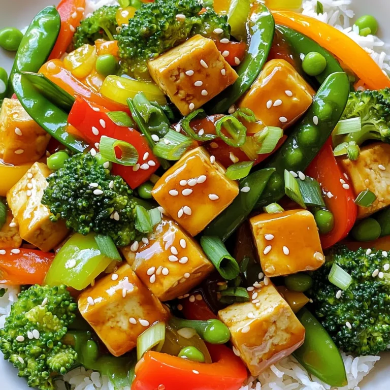 To create a delicious honey garlic tofu stir fry, gather the following ingredients: - Firm tofu (1 block, pressed and cubed) - Honey (3 tablespoons) - Garlic (4 cloves, minced) - Ginger (1 tablespoon, grated) - Soy sauce or tamari (2 tablespoons) - Sesame oil (1 tablespoon) - Vegetables (bell pepper, broccoli, carrot, snap peas) - Garnishes (green onions, sesame seeds) - Serving suggestions (cooked rice or quinoa) Each ingredient plays a role in building flavor and texture. Firm tofu holds its shape well and absorbs the sauce. Honey gives a touch of sweetness, while garlic and ginger add warmth. Soy sauce or tamari brings a savory depth. Sesame oil adds a nutty flavor that enhances the entire dish. Using fresh vegetables like bell pepper, broccoli, carrots, and snap peas not only adds color but also boosts nutrition. The garnishes, green onions and sesame seeds, provide a nice crunch and visual appeal. Finally, serving this stir fry over rice or quinoa makes it a complete meal. Enjoy the mix of flavors and textures in every bite! Pressing the tofu Start by pressing the tofu. Wrap the block in a clean kitchen towel or paper towels. Place a heavy object on top. Let it sit for 15 to 30 minutes. This step helps remove excess moisture. Pressed tofu absorbs flavors better. Cutting the tofu into cubes Once the tofu is pressed, cut it into bite-sized cubes. Aim for uniform pieces to ensure even cooking. This will make each bite delicious and easy to eat. In a small bowl, combine the following ingredients: - 3 tablespoons honey - 4 cloves garlic, minced - 1 tablespoon grated ginger - 2 tablespoons soy sauce (or tamari for gluten-free) - 1 tablespoon sesame oil Whisk these together until smooth. This sauce adds a sweet and savory flavor to your dish. Set the sauce aside until you are ready to cook. Sautéing the tofu until golden Heat a non-stick skillet or wok over medium-high heat. Add a drizzle of oil to the pan. Carefully place the tofu cubes in the pan. Cook the tofu for about 6 to 8 minutes. Turn the cubes often until they are golden brown on all sides. This gives them a nice texture. Stir-frying the vegetables Remove the tofu from the skillet and set it aside on a plate. In the same skillet, add the sliced bell pepper, broccoli florets, carrot slices, and snap peas. Stir-fry these vegetables for about 4 to 5 minutes. They should be vibrant and tender-crisp. Combining tofu and sauce Pour the honey garlic sauce over the cooked vegetables. Add the tofu back into the skillet. Gently toss everything together. Make sure the sauce coats the tofu and veggies evenly. Cook for another 2 to 3 minutes to heat through. This method creates a colorful and tasty dish. To make your tofu crispy, start by pressing it well. Wrap the tofu in a clean towel. Place a heavy object on top for 15-30 minutes. This removes excess moisture, which helps it fry better. After pressing, cut the tofu into even cubes. This way, they cook evenly. For cooking vegetables, stir-fry them until they are tender-crisp. Heat your skillet over medium-high heat. You want the veggies to stay bright and colorful. Stir them quickly to keep them fresh and crunchy. Adjust the sweetness to your taste. If you like it sweeter, add more honey. For less sweetness, reduce the honey. Taste as you go. It’s a fun way to find your favorite flavor. Use fresh ingredients for the best taste. Fresh garlic and ginger add a punch to your dish. Choose vibrant bell peppers and crisp broccoli. Fresh veggies make your stir fry colorful and tasty. Serve your stir fry over a bed of fluffy rice or quinoa. This makes a nice base for the dish. Use a colorful plate to highlight the bright veggies. It makes your meal more inviting. For garnishing, sprinkle sesame seeds on top. They add a nice crunch. You can also add sliced green onions. A drizzle of honey can make it look even better. These small touches make your dish stand out! {{image_2}} You can swap tofu for tempeh or chicken. Tempeh gives a nutty taste. It is also high in protein. Chicken works well if you prefer meat. Just cut it into small pieces and cook until golden. If you want vegan options, try using chickpeas or black beans. They add a nice texture and flavor. Both options are healthy and filling. Feel free to change the vegetables based on what you have. Zucchini or mushrooms are great swaps. You can also use seasonal veggies like asparagus or green beans. If you want to add more crunch, toss in water chestnuts. You can even omit veggies if you need to. The dish will still taste great with just tofu and sauce. If you like heat, add chili flakes or sriracha. This will spice up your dish. You can adjust the amount based on your taste. To make the sauce gluten-free, use tamari instead of soy sauce. This keeps the flavor while meeting dietary needs. Enjoy experimenting with these variations to keep the dish fresh and exciting! To keep your Honey Garlic Tofu Stir Fry fresh, use airtight containers. Glass or plastic containers work well. Before sealing them, let the stir fry cool for about 20 minutes. This helps prevent moisture buildup, which can make the tofu soggy. To reheat, the best method is the stovetop. Place the stir fry in a skillet over medium heat. Add a splash of water or oil to keep it moist. Stir often for even heating. If using a microwave, cover the dish and heat in short bursts. This keeps the flavor strong and the tofu soft. You can freeze leftovers if you have too much. Place the stir fry in freezer-safe bags or containers. Remove as much air as possible to avoid freezer burn. When you are ready to eat, thaw it overnight in the fridge. For quick thawing, use the microwave on low. Heat gently to keep the tofu from getting tough. The best tofu for stir-fry is firm or extra-firm. Firm tofu holds its shape better during cooking. It absorbs flavors well and stays chewy. Extra-firm tofu has even less water. It gives a firmer bite. Both types work great in dishes like honey garlic tofu stir-fry. If you want the best texture, use extra-firm tofu. Press it before cooking to remove extra moisture. This helps it crisp up nicely. Yes, you can easily make this recipe vegan. Instead of honey, use maple syrup or agave nectar. Both give a nice sweetness. They blend well with the garlic and ginger flavors. You can also try coconut nectar as a substitute. Each option keeps the dish sweet while making it plant-based. To adjust the spice level, add chili or spicy ingredients. Crushed red pepper flakes work well. You can also use fresh chili peppers. Slice them thin and mix them in with the vegetables. For a milder dish, skip the spicy ingredients. You can always add them later if needed. This way, everyone can enjoy the stir-fry at their preferred spice level. We explored a tasty honey garlic tofu stir-fry recipe. You learned about the key ingredients that create balanced flavor. We detailed step-by-step instructions to make tofu crispy and vegetables fresh. Tips helped you enhance the dish's texture and appearance. You saw possible variations and how to store leftovers. Remember, cooking is about fun and creativity. Feel free to adjust the recipe to suit your taste. Enjoy each bite!