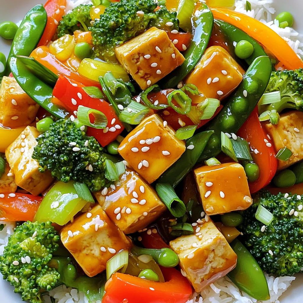 To create a delicious honey garlic tofu stir fry, gather the following ingredients: - Firm tofu (1 block, pressed and cubed) - Honey (3 tablespoons) - Garlic (4 cloves, minced) - Ginger (1 tablespoon, grated) - Soy sauce or tamari (2 tablespoons) - Sesame oil (1 tablespoon) - Vegetables (bell pepper, broccoli, carrot, snap peas) - Garnishes (green onions, sesame seeds) - Serving suggestions (cooked rice or quinoa) Each ingredient plays a role in building flavor and texture. Firm tofu holds its shape well and absorbs the sauce. Honey gives a touch of sweetness, while garlic and ginger add warmth. Soy sauce or tamari brings a savory depth. Sesame oil adds a nutty flavor that enhances the entire dish. Using fresh vegetables like bell pepper, broccoli, carrots, and snap peas not only adds color but also boosts nutrition. The garnishes, green onions and sesame seeds, provide a nice crunch and visual appeal. Finally, serving this stir fry over rice or quinoa makes it a complete meal. Enjoy the mix of flavors and textures in every bite! Pressing the tofu Start by pressing the tofu. Wrap the block in a clean kitchen towel or paper towels. Place a heavy object on top. Let it sit for 15 to 30 minutes. This step helps remove excess moisture. Pressed tofu absorbs flavors better. Cutting the tofu into cubes Once the tofu is pressed, cut it into bite-sized cubes. Aim for uniform pieces to ensure even cooking. This will make each bite delicious and easy to eat. In a small bowl, combine the following ingredients: - 3 tablespoons honey - 4 cloves garlic, minced - 1 tablespoon grated ginger - 2 tablespoons soy sauce (or tamari for gluten-free) - 1 tablespoon sesame oil Whisk these together until smooth. This sauce adds a sweet and savory flavor to your dish. Set the sauce aside until you are ready to cook. Sautéing the tofu until golden Heat a non-stick skillet or wok over medium-high heat. Add a drizzle of oil to the pan. Carefully place the tofu cubes in the pan. Cook the tofu for about 6 to 8 minutes. Turn the cubes often until they are golden brown on all sides. This gives them a nice texture. Stir-frying the vegetables Remove the tofu from the skillet and set it aside on a plate. In the same skillet, add the sliced bell pepper, broccoli florets, carrot slices, and snap peas. Stir-fry these vegetables for about 4 to 5 minutes. They should be vibrant and tender-crisp. Combining tofu and sauce Pour the honey garlic sauce over the cooked vegetables. Add the tofu back into the skillet. Gently toss everything together. Make sure the sauce coats the tofu and veggies evenly. Cook for another 2 to 3 minutes to heat through. This method creates a colorful and tasty dish. To make your tofu crispy, start by pressing it well. Wrap the tofu in a clean towel. Place a heavy object on top for 15-30 minutes. This removes excess moisture, which helps it fry better. After pressing, cut the tofu into even cubes. This way, they cook evenly. For cooking vegetables, stir-fry them until they are tender-crisp. Heat your skillet over medium-high heat. You want the veggies to stay bright and colorful. Stir them quickly to keep them fresh and crunchy. Adjust the sweetness to your taste. If you like it sweeter, add more honey. For less sweetness, reduce the honey. Taste as you go. It’s a fun way to find your favorite flavor. Use fresh ingredients for the best taste. Fresh garlic and ginger add a punch to your dish. Choose vibrant bell peppers and crisp broccoli. Fresh veggies make your stir fry colorful and tasty. Serve your stir fry over a bed of fluffy rice or quinoa. This makes a nice base for the dish. Use a colorful plate to highlight the bright veggies. It makes your meal more inviting. For garnishing, sprinkle sesame seeds on top. They add a nice crunch. You can also add sliced green onions. A drizzle of honey can make it look even better. These small touches make your dish stand out! {{image_2}} You can swap tofu for tempeh or chicken. Tempeh gives a nutty taste. It is also high in protein. Chicken works well if you prefer meat. Just cut it into small pieces and cook until golden. If you want vegan options, try using chickpeas or black beans. They add a nice texture and flavor. Both options are healthy and filling. Feel free to change the vegetables based on what you have. Zucchini or mushrooms are great swaps. You can also use seasonal veggies like asparagus or green beans. If you want to add more crunch, toss in water chestnuts. You can even omit veggies if you need to. The dish will still taste great with just tofu and sauce. If you like heat, add chili flakes or sriracha. This will spice up your dish. You can adjust the amount based on your taste. To make the sauce gluten-free, use tamari instead of soy sauce. This keeps the flavor while meeting dietary needs. Enjoy experimenting with these variations to keep the dish fresh and exciting! To keep your Honey Garlic Tofu Stir Fry fresh, use airtight containers. Glass or plastic containers work well. Before sealing them, let the stir fry cool for about 20 minutes. This helps prevent moisture buildup, which can make the tofu soggy. To reheat, the best method is the stovetop. Place the stir fry in a skillet over medium heat. Add a splash of water or oil to keep it moist. Stir often for even heating. If using a microwave, cover the dish and heat in short bursts. This keeps the flavor strong and the tofu soft. You can freeze leftovers if you have too much. Place the stir fry in freezer-safe bags or containers. Remove as much air as possible to avoid freezer burn. When you are ready to eat, thaw it overnight in the fridge. For quick thawing, use the microwave on low. Heat gently to keep the tofu from getting tough. The best tofu for stir-fry is firm or extra-firm. Firm tofu holds its shape better during cooking. It absorbs flavors well and stays chewy. Extra-firm tofu has even less water. It gives a firmer bite. Both types work great in dishes like honey garlic tofu stir-fry. If you want the best texture, use extra-firm tofu. Press it before cooking to remove extra moisture. This helps it crisp up nicely. Yes, you can easily make this recipe vegan. Instead of honey, use maple syrup or agave nectar. Both give a nice sweetness. They blend well with the garlic and ginger flavors. You can also try coconut nectar as a substitute. Each option keeps the dish sweet while making it plant-based. To adjust the spice level, add chili or spicy ingredients. Crushed red pepper flakes work well. You can also use fresh chili peppers. Slice them thin and mix them in with the vegetables. For a milder dish, skip the spicy ingredients. You can always add them later if needed. This way, everyone can enjoy the stir-fry at their preferred spice level. We explored a tasty honey garlic tofu stir-fry recipe. You learned about the key ingredients that create balanced flavor. We detailed step-by-step instructions to make tofu crispy and vegetables fresh. Tips helped you enhance the dish's texture and appearance. You saw possible variations and how to store leftovers. Remember, cooking is about fun and creativity. Feel free to adjust the recipe to suit your taste. Enjoy each bite!