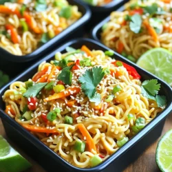 - 8 oz rice noodles - 1/4 cup creamy peanut butter - 2 tablespoons soy sauce These main ingredients are key to the dish. Rice noodles form the base, giving you that chewy texture. Creamy peanut butter adds richness and flavor. Soy sauce brings in a savory kick, making everything shine. - 2 tablespoons sesame oil - 1 tablespoon honey or maple syrup - 1 tablespoon rice vinegar These extra ingredients enhance the taste. Sesame oil adds a nutty aroma. Honey or maple syrup gives a hint of sweetness. Rice vinegar balances flavors with its tanginess. - 1 cup shredded carrots - 1 red bell pepper, thinly sliced - 1/2 cup green onions, chopped - Sesame seeds for garnish - Fresh cilantro for garnish The veggies add crunch and color. Shredded carrots are sweet and bright. Red bell pepper brings freshness. Green onions add a mild bite. Don’t forget the sesame seeds and cilantro for that final touch! They make the dish look pretty and tasty. First, boil the rice noodles in water. Follow the package instructions for timing. Once they are soft, drain them in a colander. Rinse the noodles under cold water. This stops the cooking and keeps them firm. Set the noodles aside while you prepare the sauce. In a large mixing bowl, add the creamy peanut butter. Pour in the soy sauce and sesame oil. Next, add the honey or maple syrup for sweetness. Then, include rice vinegar for tang. Mince one small garlic clove and grate a one-inch piece of ginger into the bowl. Whisk everything together until it is smooth and well mixed. Now, take the cooled rice noodles and add them to the bowl with the peanut sauce. Toss the noodles well, so they get fully coated in sauce. Next, stir in one cup of shredded carrots, one thinly sliced red bell pepper, and half a cup of chopped green onions. Mix until the veggies are evenly distributed. Taste the salad and adjust the seasoning. You can add more soy sauce or honey if needed. Finally, transfer your salad to a serving dish. Garnish with sesame seeds and fresh cilantro. Enjoy! To get the right sauce consistency, mix the peanut butter with soy sauce and sesame oil. Add honey or maple syrup for sweetness. When you whisk, make sure it is smooth. If the sauce is too thick, add a little water. This helps it coat the noodles better. You can customize flavors by adding more garlic or ginger. If you like heat, add some chili flakes. For a tangy taste, add a little more rice vinegar. Taste the sauce as you mix. Adjust it to your liking! Serve the salad in colorful bowls. Top with sesame seeds for crunch. Fresh cilantro adds a pop of green. To make it zesty, place lime wedges on the side. Guests can squeeze lime juice on their salad. This adds a fresh burst of flavor! Prep can be quick and easy. Use pre-cut veggies like carrots and bell peppers. This saves time and effort. Cook the rice noodles in a pot while you mix the sauce. Once the noodles are ready, rinse them in cold water to cool down fast. You can also prep the sauce ahead of time. Store it in a jar for later use. This way, you can whip up the salad in no time! {{image_2}} You can add grilled chicken or tofu for more protein. Grilled chicken gives a nice smoky flavor. Tofu adds a soft texture and soaks up the sauce well. For a plant-based option, use edamame or chickpeas. Both are packed with protein and add a nice crunch. Adding bell peppers, snap peas, or cucumbers can boost the salad. Bell peppers add sweetness and color. Snap peas offer a sweet crunch, while cucumbers give a refreshing bite. You can also swap in seasonal veggies. Use what is fresh and available to you. Spice things up by adding Sriracha. This hot sauce adds heat and depth. If you like it sweeter, adjust with honey or try different syrups. Maple syrup gives a unique flavor twist. Play around with these options to find your favorite mix! After you make your Minute Sesame Peanut Noodle Salad, store leftovers in the fridge. Place the salad in an airtight container. This keeps it fresh for up to three days. When storing, keep the dressing separate if possible. This prevents the noodles from getting mushy. If you mix the salad with the dressing, eat it within two days for the best taste. To save time, prep your ingredients ahead. Cook rice noodles and chop vegetables the day before. Store each ingredient in its own container. Use glass or BPA-free plastic containers. They keep food fresh and are easy to stack. This way, you can quickly mix everything when you’re ready to eat. Can you freeze peanut noodle salad? I don’t recommend it. Freezing can change the texture of the noodles and veggies. If you still want to freeze it, separate the salad into portions. Use freezer-safe bags or containers. To reheat, thaw it in the fridge overnight. Then, warm it gently in the microwave. Add a splash of soy sauce to revive the flavor. The salad lasts about three to four days in the fridge. Store it in an airtight container. This keeps the flavors fresh. Yes, you can prep the salad ahead of time. Cook the rice noodles and mix the sauce. Store them separately. Combine them just before serving. This keeps the noodles from getting soggy. For gluten-free options, try using zucchini noodles or quinoa. Both add different textures. You can also use soba noodles made from buckwheat. They are tasty and gluten-free. Yes, the recipe is vegan-friendly. Use maple syrup instead of honey. All other ingredients are plant-based. This makes it a great choice for vegan meals. This blog post covered how to create a tasty peanut noodle salad. We explored key ingredients like rice noodles, peanut butter, and soy sauce. You learned steps for cooking noodles and making the peanut sauce. Customizing flavors and adding vegetables can make each dish unique. Don’t forget storage tips to keep leftovers fresh. This salad is simple, quick, and can fit anyone's tastes. Try it out, and enjoy the flavors of this fun and healthy meal!