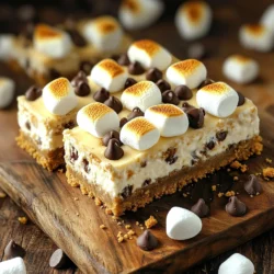 To make these no-bake s'mores cheesecake bars, you will need: - 1 ½ cups graham cracker crumbs - ⅓ cup sugar - ½ cup unsalted butter, melted - 16 oz cream cheese, softened - ¾ cup powdered sugar - 1 teaspoon vanilla extract - 1 cup whipped cream (store-bought or homemade) - 1 cup mini marshmallows - ½ cup chocolate chips (semi-sweet or dark) - Additional mini marshmallows for topping Each ingredient plays a key role in creating a rich and creamy dessert. The graham crackers form a tasty base, while the cream cheese gives the filling its smooth texture. You can make some swaps if you're missing an ingredient: - Graham cracker crumbs: Use crushed cookies like Digestives or vanilla wafers. - Unsalted butter: Coconut oil works well for a dairy-free option. - Cream cheese: Try using a vegan cream cheese for a dairy-free treat. - Powdered sugar: You can use coconut sugar for a healthier alternative. - Mini marshmallows: Use large marshmallows cut into smaller pieces. These substitutions help maintain the flavor while catering to different diets. When selecting ingredients, quality matters. Here are my top picks: - Graham cracker crumbs: Nabisco Honey Maid for a classic taste. - Cream cheese: Philadelphia is the gold standard for texture and flavor. - Whipped cream: Reddi-wip for a quick and easy option. You can also make homemade whipped cream for a fresher taste. - Chocolate chips: Ghirardelli semi-sweet chips are rich and melt beautifully. These brands provide reliable results, ensuring your no-bake s'mores cheesecake bars taste great every time. To start, gather your ingredients. You will need graham cracker crumbs, sugar, and melted butter. In a mixing bowl, combine 1 ½ cups of graham cracker crumbs with ⅓ cup of sugar. Pour in ½ cup of melted unsalted butter. Mix these ingredients well until they look like wet sand. This step is crucial for a firm crust. Next, press the mixture firmly into the bottom of an 8x8-inch baking dish. Use your hands or the back of a measuring cup to pack it tightly. A well-pressed crust helps hold the bars together. Once done, place the dish in the refrigerator. Let it chill while you prepare the cheesecake filling. Now it’s time to make the filling. In a large mixing bowl, beat 16 oz of softened cream cheese with an electric mixer. Mix until the cream cheese is smooth and creamy. This usually takes about two minutes. Gradually add ¾ cup of powdered sugar and 1 teaspoon of vanilla extract. Keep beating until there are no lumps. This ensures a silky texture. Next, gently fold in 1 cup of whipped cream. You can use store-bought or make your own. Be careful here! You want to keep the whipped cream light and airy. Finally, fold in 1 cup of mini marshmallows and ½ cup of chocolate chips. Make sure these goodies are evenly mixed in. Now, pour the cheesecake filling over the chilled graham cracker crust. Use a spatula to spread it out evenly. This creates a smooth top for your bars. Cover the dish with plastic wrap and put it back in the refrigerator. Let it chill for at least 4 hours. For the best taste, aim for overnight. Before serving, sprinkle more mini marshmallows on top. If you want extra flavor, lightly toast them with a kitchen torch. No torch? Use the oven broiler, but watch closely to avoid burning. Once set, cut into bars and enjoy your no-bake s’mores cheesecake! To achieve the best texture, make sure your cream cheese is softened. This step ensures a smooth filling. Use an electric mixer to whip the cream cheese well. This adds air, making it fluffy. When folding in the whipped cream, do it gently. This keeps your mixture light and airy. If you want a thicker bar, chill it longer. Overnight chilling works best for a firm texture. One common mistake is not pressing the crust firmly. A loose crust can crumble easily. Make sure to pack it tightly. Another mistake is overmixing the filling. This can make the dessert dense. Always fold the whipped cream in gently. Lastly, don’t skip the chilling time. If you serve it too soon, the bars may fall apart. For a fun look, arrange the bars on a rustic wooden board. Use a decorative plate for a special touch. Add extra chocolate chips and mini marshmallows around the bars. This creates a tempting display. If you have a kitchen torch, toast the marshmallows lightly. This adds a nice golden color and flavor. Serve the bars cold for the best experience. {{image_2}} You can change up the flavors in your no-bake s’mores cheesecake bars. Try adding peanut butter to the cheesecake filling for a rich, nutty twist. Just mix in ½ cup of creamy peanut butter when you add the powdered sugar. You can also swap out the chocolate chips. Use milk chocolate or even white chocolate for a different taste. For a fun kick, try adding crushed peppermint candies during the holidays. Making these bars gluten-free is easy. Simply use gluten-free graham crackers for the crust. If you want a dairy-free version, opt for dairy-free cream cheese and whipped cream. Be sure to check labels for any hidden dairy. Use coconut cream instead of regular whipped cream for a tasty substitute. Seasonal fruits can add freshness to your bars. In summer, try topping them with fresh strawberries or raspberries. Just slice the fruit and arrange it on top before serving. In fall, consider adding pumpkin spice to the filling. Mix in one teaspoon of pumpkin spice when you add the vanilla for a seasonal treat. These twists keep your no-bake s’mores cheesecake bars fun and exciting all year long! To keep your no-bake s'mores cheesecake bars fresh, store them in the fridge. Use an airtight container to prevent them from drying out. Make sure to cover the bars with plastic wrap if you don't have a container. This helps keep them moist and tasty. These cheesecake bars last in the fridge for about 5 days. If you want to save them longer, you can freeze them. Wrap each bar tightly in plastic wrap, then place them in a freezer bag. They can stay good in the freezer for up to 3 months. When you want to eat them, just thaw in the fridge overnight. There is no need to reheat these bars. They taste best cold. If you prefer a warm treat, you can slightly warm them in the microwave for a few seconds. Be careful not to heat them for too long, or they might melt. Enjoy them chilled for the best s'mores flavor! Yes, you can make these bars ahead of time. I often prepare them one day before I plan to serve. This gives the cheesecake filling time to set well. Just store the bars in the fridge, covered with plastic wrap. They taste even better after a night in the fridge. To achieve an extra creamy texture, use room temperature cream cheese. This helps it blend smoothly without lumps. Beating the cream cheese well also adds air, making it fluffy. Lastly, gently fold in the whipped cream to keep it light and airy. Absolutely! You can use vegan cream cheese instead. Look for brands that are creamy and smooth. This way, you still get that rich texture. You can also try silken tofu blended until smooth as a great alternative. Just ensure it’s well-mixed for the best results. You learned about cheesecake bars, from key ingredients to step-by-step instructions. I shared tips to avoid mistakes and improve texture. We explored fun flavor variations and adaptations, like gluten-free options. You now know how to store them for the best taste and freshness. These bars are fun to make and delicious. I hope you're excited to try them! Get creative and enjoy every bite.