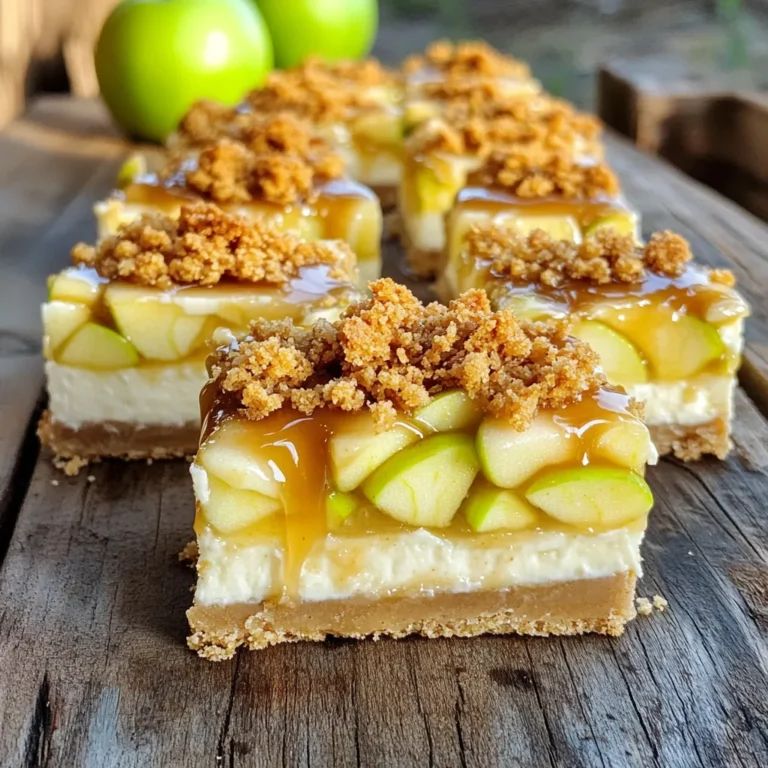 - 1 cup graham cracker crumbs - 1/4 cup granulated sugar - 1/2 cup unsalted butter, melted - 16 ounces cream cheese, softened - 3/4 cup granulated sugar - 1 teaspoon vanilla extract - 2 large eggs - 1/2 cup sour cream - 2 cups apples, peeled and diced - 1 tablespoon lemon juice - 1/2 teaspoon cinnamon - 1/4 cup brown sugar - 1/2 cup rolled oats - 1/2 cup all-purpose flour - 1/2 cup brown sugar - 1/4 teaspoon salt - 1/4 cup unsalted butter, melted - 1/2 cup caramel sauce Each ingredient plays a key role in making these cheesecake squares a delight. The graham cracker crumbs form a crunchy base. Butter adds richness, while sugar gives sweetness. In the cheesecake filling, cream cheese is the star. It creates a smooth and creamy texture. Sugar balances the tanginess. Vanilla adds warmth, and eggs help set the filling. Sour cream makes it rich and luscious. For the apple filling, I love using Granny Smith apples. They stay firm and add tartness. Lemon juice brightens the flavor. Cinnamon and brown sugar add warmth and sweetness. The crumble topping is the finishing touch. Rolled oats give it a hearty crunch. Flour and brown sugar add sweetness, while a pinch of salt enhances all the flavors. The melted butter brings it together into a crumbly mixture. Finally, the caramel sauce adds a sweet drizzle. It ties all the elements together for a delicious treat. 1. Preheat your oven to 350°F (175°C). This step is key for baking. 2. In a mixing bowl, combine 1 cup of graham cracker crumbs, 1/4 cup of granulated sugar, and 1/2 cup of melted unsalted butter. 3. Stir until everything mixes well. 4. Press the mixture into the bottom of a lined 9x9-inch baking pan. Make sure it is even. 1. In a large bowl, beat 16 ounces of softened cream cheese until it is smooth. 2. Gradually add 3/4 cup of granulated sugar and continue beating until fluffy. 3. Mix in 1 teaspoon of vanilla extract. 4. Add 2 large eggs one at a time, mixing well after each. 5. Fold in 1/2 cup of sour cream until well combined. 1. In another bowl, toss 2 cups of peeled and diced apples with 1 tablespoon of lemon juice, 1/2 teaspoon of cinnamon, and 1/4 cup of brown sugar. 2. Ensure the apples are well coated. This adds great flavor. 1. In a separate bowl, mix 1/2 cup of rolled oats, 1/2 cup of all-purpose flour, 1/2 cup of brown sugar, and 1/4 teaspoon of salt. 2. Pour in 1/4 cup of melted butter and stir until the mixture is crumbly. 1. Pour half of the cheesecake filling over the crust in the baking pan. 2. Spread it evenly. 3. Add the apple filling on top. 4. Layer the remaining cheesecake filling over the apples. 5. Finally, sprinkle the crumble topping on top. 1. Bake in the preheated oven for 40-45 minutes. 2. The cheesecake should be set and the edges lightly golden. 3. The center may jiggle a bit, but it will firm as it cools. 4. Let the cheesecake cool to room temperature. 5. Refrigerate for at least 4 hours or overnight to set completely. 6. Cut into squares and drizzle each with caramel sauce before serving. How to achieve smooth cheesecake filling To get a smooth cheesecake filling, make sure your cream cheese is soft. Leave it at room temperature for about 30 minutes. Beat the cream cheese well before adding sugar. Mix until fluffy, then add eggs one at a time. This method helps avoid lumps for a creamy texture. Ensuring the crust stays firm A firm crust makes a big difference. After mixing the crust ingredients, press them firmly into the pan. Use the bottom of a glass to pack it down evenly. Baking it for a few minutes helps it set up nicely. Preventing cracks in the cheesecake To prevent cracks, avoid overmixing after adding eggs. Overmixing adds air, which can lead to cracks. Also, bake at a lower temperature. This allows the cheesecake to cook evenly, reducing the chance of cracks on top. How to check for doneness Check for doneness by gently shaking the pan. The cheesecake should be set around the edges but slightly jiggly in the center. It will firm up as it cools. A toothpick inserted in the center should come out mostly clean but not dry. Pairing with additional toppings Top each square with extra caramel sauce for added sweetness. You can also add whipped cream or a sprinkle of cinnamon. Fresh apple slices on top add a nice crunch and flavor. Creative serving ideas Serve these squares warm for a cozy treat. You can also chill them for a refreshing dessert. Cut them into fun shapes for parties or special occasions. {{image_2}} For those needing gluten-free options, use gluten-free graham cracker crumbs for the crust. You can also swap the flour in the crumble topping with almond flour or oat flour. These changes keep the taste while making it safe for gluten-sensitive folks. If you’re looking for vegan alternatives, replace cream cheese with a vegan cream cheese. Use flaxseed meal mixed with water instead of eggs. For the sour cream, try coconut yogurt or vegan sour cream. You'll still get a creamy filling without the dairy. Want to mix it up? Add nuts or dried fruits to your filling. Walnuts, pecans, or raisins can add a nice crunch or chewiness. Just make sure to chop them small so they blend well. Using different types of apples also changes the flavor. Granny Smith gives a tart taste, while Honeycrisp offers sweetness. Try using a mix for a balanced flavor profile. When holidays roll around, you can modify this recipe for festive cheer. Pumpkin spice can be added to the cheesecake filling for a warm, seasonal twist. Just blend in a teaspoon of pumpkin pie spice for that cozy feel. Incorporating seasonal fruits can also make this dessert shine. Use fresh cranberries in fall or ripe strawberries in summer. Each fruit adds a new layer of taste and keeps the recipe fresh year-round. To store leftovers, let your squares cool completely. Then, cut them into pieces. Place the squares in an airtight container. You can also use plastic wrap to cover them tightly. This keeps them fresh and prevents drying out. For best results, store them in the fridge. If you want to freeze caramel apple crumble cheesecake squares, wrap them well. Use plastic wrap and then foil for extra protection. This prevents freezer burn. To thaw, move them to the fridge overnight. If you need to reheat, do so gently in the oven. Set it to a low temperature to warm them without cooking further. These delicious squares can last about five days in the fridge. Check for any signs of spoilage, like an off smell or mold. If they look or smell strange, it’s best to toss them. Enjoy the best flavors by eating them sooner rather than later! Granny Smith apples work best. They add a nice tartness that balances the sweet cheesecake. You can also try Honeycrisp apples for a sweeter flavor. Just pick apples that hold their shape when baked. Yes, you can use a store-bought crust. It saves time and effort. Just choose a graham cracker crust for the best flavor. Make sure it fits your baking pan. You can make these squares a day before. Just follow the recipe and let them cool. Refrigerate them overnight. This helps the flavors meld and makes cutting easier. You can use Neufchâtel cheese as a lighter option. It has less fat but still tastes great. If you're looking for dairy-free, try a cream cheese alternative made from nuts. Yes, it is important to chill the squares. Refrigerating helps them set properly. It also enhances the flavors. Let them chill for at least four hours or overnight for the best results. This recipe for caramel apple crumble cheesecake squares combines sweet crust, creamy filling, and spiced apples. You learned to prepare each layer and assemble your dessert. Using the tips and variations can help you create a unique version that suits your taste or dietary needs. Storing leftovers properly ensures you enjoy each bite later. I hope you find this recipe easy and fun. Now, gather your ingredients and enjoy baking!