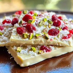 - 2 cups white chocolate chips - 1 cup dried cranberries - 1/2 cup chopped pistachios - 1/4 cup shredded coconut - 1/2 teaspoon vanilla extract - Pinch of sea salt Gathering great ingredients is key to making this bark shine. Start with white chocolate chips. They melt smoothly and add sweetness. Dried cranberries give a nice tang and chewiness. Chopped pistachios add a delightful crunch and a pop of color. Shredded coconut brings a tropical twist. A little vanilla extract enhances the flavor. Finally, a pinch of sea salt balances it all out. - Additional vanilla extract - Alternative mix-ins If you want to kick it up a notch, add more vanilla extract. It deepens the flavor. You can also swap in other mix-ins. Try almonds for a nutty taste or sprinkle in some mini marshmallows for fun. Mix and match to create your perfect bark! - Prepare the Baking Sheet First, grab a baking sheet that is about 9x13 inches. Line it with parchment paper. Make sure the paper hangs over the sides a bit. This helps you lift the bark out later. - Melt the White Chocolate Take 2 cups of white chocolate chips and put them in a microwave-safe bowl. Heat them in the microwave. Do it in 30-second bursts. Stir the chocolate each time until it is smooth and melted. - Mix in Vanilla Once the chocolate is melted, add in 1/2 teaspoon of vanilla extract. Stir it well to mix in that nice flavor. - Spread White Chocolate on Baking Sheet Now, pour the melted white chocolate onto your lined baking sheet. Use a spatula to spread it evenly. Make sure it creates a smooth layer. - Add Toppings Sprinkle 1 cup of dried cranberries, 1/2 cup of chopped pistachios, and 1/4 cup of shredded coconut over the melted chocolate. Press them down gently with your hands so they stick well. - Refrigerate to Set Finally, sprinkle a pinch of sea salt on top for a sweet and salty kick. Place the baking sheet in the refrigerator. Let it set for about 1 to 2 hours until it is firm. Best Practices for Melting To melt white chocolate well, use a microwave-safe bowl. Place the white chocolate chips in the bowl. Heat them in 30-second bursts. Stir between each burst. This method keeps the chocolate smooth and creamy. Avoiding Burnt Chocolate Chocolate can burn easily. To avoid this, watch it closely. Stir often to ensure even heat. If you smell a burnt scent, stop heating. Remove the bowl right away to save your chocolate. Tips for Spreading Once melted, pour the chocolate onto your baking sheet. Use a spatula to spread it evenly. Make sure it is smooth and flat. This helps your toppings stay put. How to Break the Bark After chilling, lift the bark out using the parchment paper. Place it on a cutting board. Use your hands to break it into pieces. You can choose any size you like. Presentation Ideas Serve your bark on a colorful plate. You can also place it in a pretty tin for gifts. Drizzle extra melted white chocolate on top for flair. It looks lovely and inviting. Pairing with Other Desserts This bark pairs well with coffee or hot cocoa. Try serving it with cookies or cake. The sweet and salty flavors make a great mix. {{image_2}} You can play with flavors in your No-Bake White Chocolate Cranberry Bark. Changing the nuts or adding spices can give it a new twist. - Different Types of Nuts: You might try almonds, walnuts, or cashews. Each nut adds a unique taste and crunch. For example, almonds bring a nice, buttery flavor. Walnuts add a rich, earthy taste. Cashews offer a creamy touch that pairs well with chocolate. - Adding Spices or Zests: Consider adding a sprinkle of cinnamon or nutmeg. These spices provide warmth and depth. You can also add citrus zest like orange or lemon. Zest brightens the bark and adds a fresh kick. Adapting this recipe to fit dietary needs is simple and rewarding. - Vegan White Chocolate Options: There are many vegan white chocolate chips available today. Look for ones made from cocoa butter and non-dairy milk. They melt just like regular chocolate and taste great too. - Gluten-Free Considerations: Most ingredients in this bark are naturally gluten-free. Just make sure your chocolate and any mix-ins are certified gluten-free. This way, everyone can enjoy your treat without worry. Changing ingredients with the seasons makes this bark even more fun. - Holiday-Themed Additions: For winter holidays, add crushed peppermint candy or festive sprinkles. They give a pop of color and flavor, making your bark look extra special. - Summer Fruit Alternatives: In warmer months, consider using dried mango or strawberries. Their bright colors and flavors will make your bark feel fresh and light. You can also mix in some toasted coconut for a tropical twist. To keep your no-bake white chocolate cranberry bark fresh, use an airtight container. This helps keep moisture out and maintains the bark's crunch. If you plan to eat it soon, you can store it at room temperature. However, if you want it to last longer, refrigeration is a better option. Just remember to let it come to room temperature before serving for the best taste. How long will it last? When stored properly, your bark can last up to two weeks. Keep an eye on the texture and flavor. Signs of spoilage include a white film on the surface, which is called "bloom". If it looks dry or has an off smell, it's time to toss it. Can you freeze bark? Yes, you can freeze it! To do this, wrap it tightly in plastic wrap, then place it in a freezer bag. This helps prevent freezer burn. Best practices for freezing include labeling the bag with the date. When you're ready to eat it, thaw it in the fridge for a few hours before serving. Enjoy your sweet treat later! It takes about 1 to 2 hours for the bark to set. I recommend checking it after an hour. If it feels firm, it’s ready. You want it solid but not too hard. The cool fridge helps the chocolate firm up nicely. Yes, you can use milk chocolate if you prefer. Milk chocolate gives a different taste. It’s sweeter and creamier than white chocolate. Experimenting with flavors is fun! Just melt it the same way as the white chocolate. If you don’t have pistachios, try almonds or walnuts. Both nuts add a nice crunch. You can even use sunflower seeds for a nut-free option. Choose what you like best for your bark. To cut the bark, lift it out using the parchment paper. Break it into pieces with your hands for a rustic look. If you want neat squares, use a sharp knife. Just be careful when cutting through the toppings. Using sea salt is not necessary but highly recommended. It adds a nice contrast to the sweet chocolate. If you prefer, you can skip it or use regular salt. Adjust to your taste! This blog post walks you through making No-Bake White Chocolate Cranberry Bark. You learned about key ingredients, step-by-step instructions, and useful tips. We explored variations, storage info, and common questions. Now you can create a tasty treat with ease. Remember, you can customize the bark to fit your taste. Enjoy experimenting and sharing this sweet treat with others!