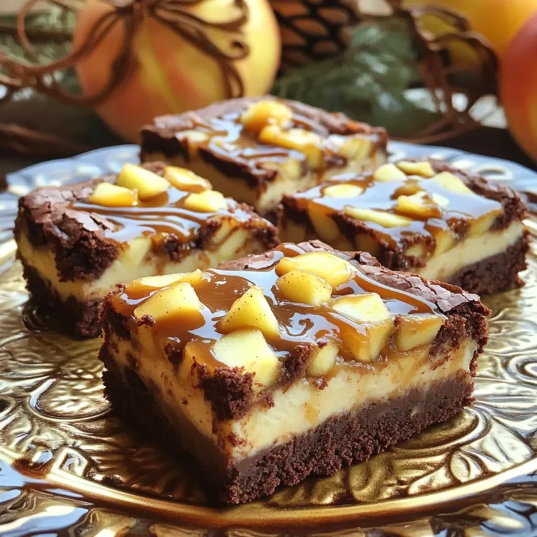 - 1/2 cup unsalted butter - 1 cup granulated sugar - 2 large eggs - 1 teaspoon vanilla extract - 1 cup all-purpose flour - 1/4 cup unsweetened cocoa powder - 1/2 teaspoon baking powder - 1/4 teaspoon salt - 2 medium apples, peeled, cored, and diced - 1 teaspoon cinnamon - 8 oz cream cheese, softened - 1/4 cup powdered sugar - 1 egg - 1/2 teaspoon vanilla extract - 1/2 cup caramel sauce (plus extra for drizzling) When I create caramel apple cheesecake brownies, I choose the freshest ingredients. The base starts with unsalted butter; this helps control the salt level. Granulated sugar adds sweetness and moisture. I use two large eggs to bind everything together, along with a splash of vanilla extract for flavor. For the brownie mix, I combine all-purpose flour and unsweetened cocoa powder. The cocoa gives a rich taste, while baking powder and salt bring the right rise and balance. Diced apples add freshness, and cinnamon brings warmth. For the cheesecake layer, I use softened cream cheese, combined with powdered sugar and another egg. This creates a smooth, creamy layer. Finally, I drizzle caramel sauce on top for that sweet finish. Each ingredient plays a key role in making these brownies a decadent delight. - Preheat your oven to 350°F (175°C). - Grease a 9x9-inch baking pan or line it with parchment paper. - In a medium saucepan, melt 1/2 cup unsalted butter over low heat. - Remove the melted butter from heat. Stir in 1 cup granulated sugar. - Add 2 large eggs, one at a time, mixing well after each. - Mix in 1 teaspoon vanilla extract. - In a separate bowl, whisk 1 cup all-purpose flour, 1/4 cup cocoa powder, 1/2 teaspoon baking powder, and 1/4 teaspoon salt. - Gradually add the dry mix to your wet mix. Stir until just combined. - Fold in 2 diced apples and 1 teaspoon cinnamon. Make sure to spread the apples evenly. - In a mixing bowl, beat 8 oz softened cream cheese, 1/4 cup powdered sugar, 1 egg, and 1/2 teaspoon vanilla extract until smooth. - Drop spoonfuls of this cream cheese mix over the brownie batter. - Use a knife to swirl the cream cheese into the brownie batter. - Drizzle 1/2 cup caramel sauce over the top. Swirl it for extra flavor. - Bake for 30-35 minutes. Test with a toothpick; it should come out clean or with a few moist crumbs. - Cool in the pan for 15 minutes. Then, lift it out using the parchment paper. - Let it cool completely on a wire rack. - Drizzle with extra caramel sauce before cutting into squares. To keep your brownies from being too cakey, don't overmix the batter. Mix until just combined. This keeps the texture fudgy and rich. Overmixing adds air, which makes brownies light and cake-like. Use a gentle hand when folding in the apples and cinnamon too. If you want to switch things up, try using pears or peaches instead of apples. They bring a nice sweetness and flavor. You can also add chocolate chips for an extra layer of richness. Fold in a half-cup of your favorite chocolate chips for a delightful twist. When serving, place the brownies on a pretty platter. Drizzle caramel sauce over the top for a stunning look. You can also sprinkle cinnamon on top for added flavor. For a fresh touch, add thin apple slices around the brownies. This makes your dessert even more appealing! {{image_2}} You can switch things up with fun flavors. One option is a pumpkin spice version. Just add pumpkin puree and pumpkin spice to the batter. This gives your brownies a warm, fall flavor that’s perfect for chilly days. Another idea is to mix in nuts like walnuts or pecans. They add a nice crunch and a rich taste. Just chop them up and fold them into the brownie batter before baking. If you or someone you know has dietary needs, don’t worry! You can easily make gluten-free options. Use a gluten-free flour blend instead of all-purpose flour. This way, everyone can enjoy these tasty treats. For those needing dairy-free adaptations, swap the cream cheese for a dairy-free cream cheese. Use coconut milk or almond milk in place of regular milk. This keeps the creamy texture while fitting your dietary needs. Feel free to experiment with these variations to make the recipe your own! To keep your caramel apple cheesecake brownies fresh, store them in an airtight container. Place parchment paper between layers to avoid sticking. They stay tasty at room temperature for up to three days. If you want to keep them longer, refrigerate them. They can last up to a week in the fridge. For freezing, cut the brownies into squares first. Wrap each square in plastic wrap, then place them in a freezer-safe bag. They freeze well for about three months. Thaw them in the fridge overnight before serving. When you want to enjoy your brownies warm, reheating is easy. Preheat your oven to 350°F (175°C). Place the brownies on a baking sheet and cover them with foil. Heat for about 10 to 15 minutes. This keeps them soft and gooey. You can also use a microwave. Place a brownie on a microwave-safe plate. Heat it for about 15 to 20 seconds. Be careful not to overheat, or it may become tough. Enjoy that warm, melty goodness! Yes, you can make these brownies ahead of time. They stay fresh for a few days. Store them in an airtight container at room temperature. For longer storage, you can freeze them. Wrap each brownie in plastic wrap, then place them in a freezer bag. Thaw them at room temperature when you’re ready to enjoy. To check if the brownies are done, insert a toothpick in the center. If it comes out clean or with a few moist crumbs, they are ready. Keep in mind that they will continue to set as they cool. Avoid overbaking, as this can make them dry. I recommend using tart apples for balance. Granny Smith apples work well due to their crisp texture and tartness. Honeycrisp apples are also a great choice. They add sweetness and keep their shape during baking. Absolutely! Store-bought caramel sauce saves time. Just make sure to choose a high-quality brand for the best taste. You can drizzle it over the brownies or swirl it into the batter for added flavor. To enhance the chocolate flavor, try adding chocolate chips to the batter. Use semi-sweet or dark chocolate chips for a richer taste. You can also increase the cocoa powder slightly for a deeper chocolate flavor. This article covered the key ingredients and steps to make delicious brownies. You learned about flavors, texture tips, and storage methods. Remember, the right mix of apples and cinnamon can elevate your treat. Don't forget to try different variations for your taste. With these insights, your brownies will impress friends and family. Enjoy baking and savor every bite!